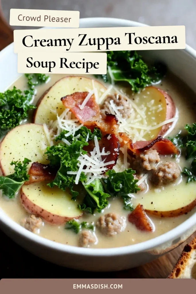Indulge in this creamy Zuppa Toscana recipe that captures the essence of Olive Garden's famous dish. This Copycat Zuppa Toscana combines rich Italian sausage soup, tender potatoes, and fresh kale, making it a must-try creamy potato soup. Perfect for cozy nights, this kale and bacon soup will warm your heart. Save this simple recipe for your next dinner and enjoy a taste of Italy at home! #ZuppaToscana #CreamySoup #ItalianRecipes #ComfortFood