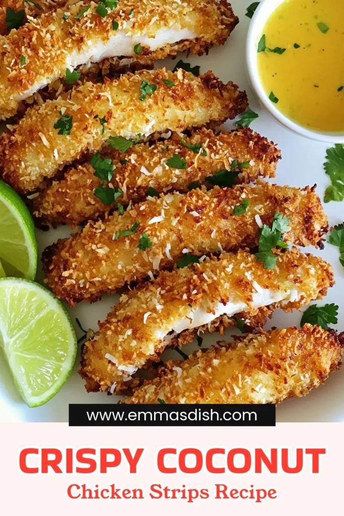 Discover the perfect crispy coconut chicken strips with this easy coconut chicken recipe! Coated in a delightful combination of panko breadcrumbs and shredded coconut, these fried chicken strips are sure to become a family favorite. Pair them with a zesty honey lime dipping sauce for a tasty twist. Ready to elevate your dinner? Try these crispy coconut chicken strips today! Save this recipe to your board! #CrispyCoconutChicken #PankoChickenStrips #FriedChickenStrips #EasyDinnerIdeas