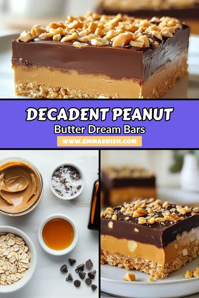 Indulge in these No-Bake Peanut Butter Bars, the ultimate Peanut Butter Dream Bars that everyone will love! This Easy Peanut Butter Dessert features a delightful combination of creamy peanut butter, rolled oats, and a rich chocolate layer. Perfect as Healthy Peanut Butter Treats, these Chocolate Oat Bars are quick to make and satisfy your sweet cravings. Try this simple recipe today for a guilt-free snack! Save for later! #PeanutButterBars #NoBakeDessert #HealthyTreats #ChocolateOatBars