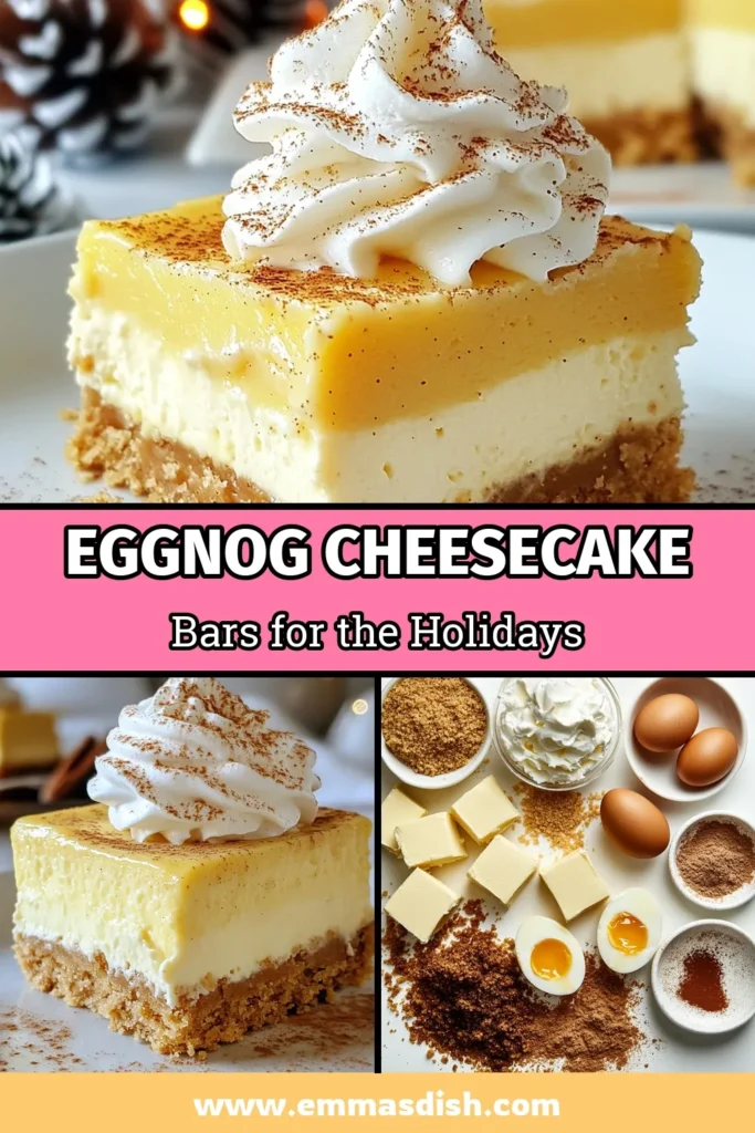 Indulge in the ultimate Holiday Desserts with these easy Eggnog Cheesecake Bars! This no-bake eggnog recipe combines rich cream cheese and festive spices for a delightful treat that’s perfect for gatherings. Serve these Cream Cheese Eggnog Bars chilled and topped with whipped cream and a sprinkle of nutmeg. Get ready to impress your guests and make this a holiday staple! Save this recipe for your festive celebrations! #EggnogCheesecakeBars #HolidayDesserts #FestiveCheesecakeBars #NoBakeEggnogRecipe
