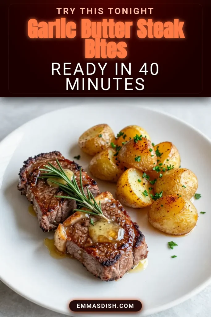 Indulge in delicious Garlic Butter Steak Bites with Crispy Herb Potatoes! This easy steak dinner features tender sirloin steak bites saut&eacute;ed in rich garlic butter, perfectly paired with roasted baby potatoes seasoned with smoked paprika. Whip up this mouthwatering crispy herb potatoes recipe in just 40 minutes for a satisfying family meal. Save this recipe for a night full of flavor! #GarlicButterSteakBites #EasySteakDinner #CrispyHerbPotatoes #SirloinSteakBites