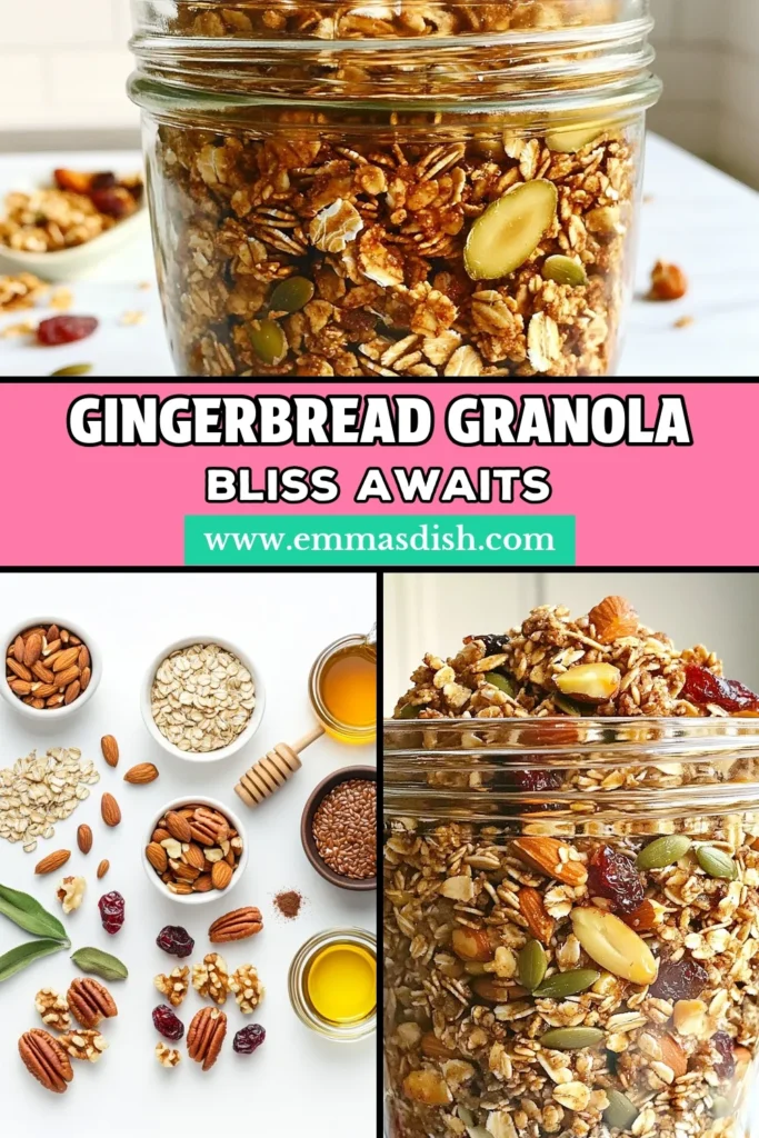 Indulge in this delicious gingerbread granola recipe that combines wholesome oats, nuts, and pumpkin seeds for a healthy breakfast option! This homemade granola is not only packed with nutrients but also filled with the warm spices of gingerbread, making it the perfect spiced granola recipe for the holidays. Enjoy this nutritious granola with pumpkin seeds and share the joy by saving this recipe! #GingerbreadGranola #HealthyGranola #HomemadeGranola #SpicedGranola