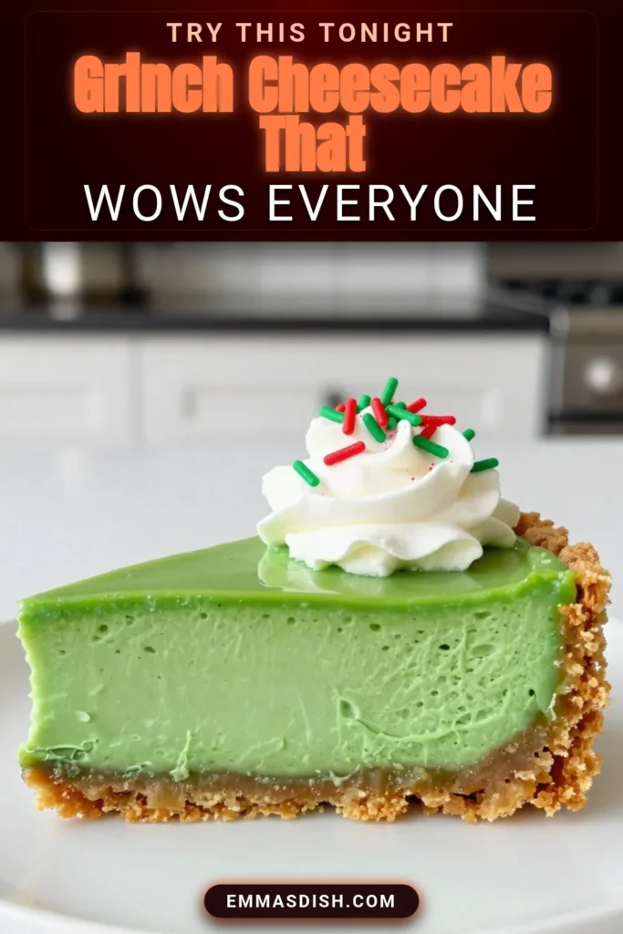 Get in the holiday spirit with this delightful No-Bake Grinch Cheesecake! This Christmas cheesecake recipe is a fun and easy cheesecake recipe perfect for holiday desserts for kids. With its vibrant green finish and festive decorations, it&rsquo;s sure to be a hit at your next celebration. Whip up this simple recipe and impress your guests! Save this festive dessert idea for a memorable treat. #NoBakeGrinchCheesecake #ChristmasDesserts #EasyCheesecake #HolidayBaking