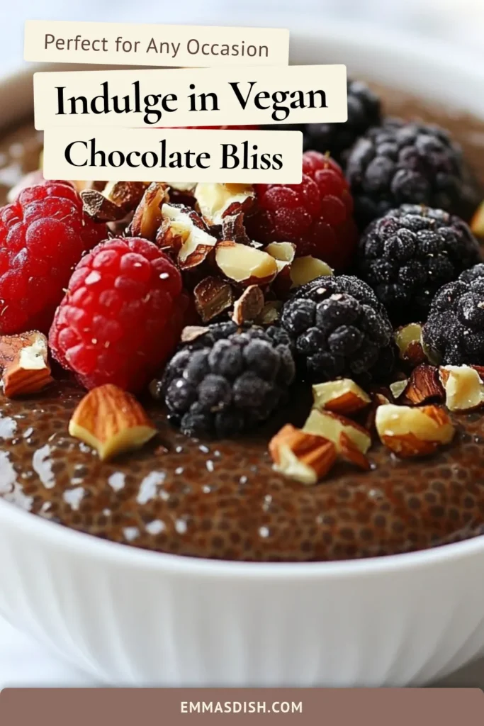 Indulge in this easy vegan recipe for Vegan Chocolate Chia Pudding, a delicious and healthy chocolate dessert that’s perfect for any occasion. This plant-based chia pudding is not only dairy-free, but also packed with nutrients. Made with just a few simple ingredients, this pudding will satisfy your chocolate cravings without the guilt. Make it today for a delightful treat! Save this recipe for later! #VeganChocolateChiaPudding #HealthyChocolateDessert #PlantBasedChiaPudding #DairyFreeChocolatePudding