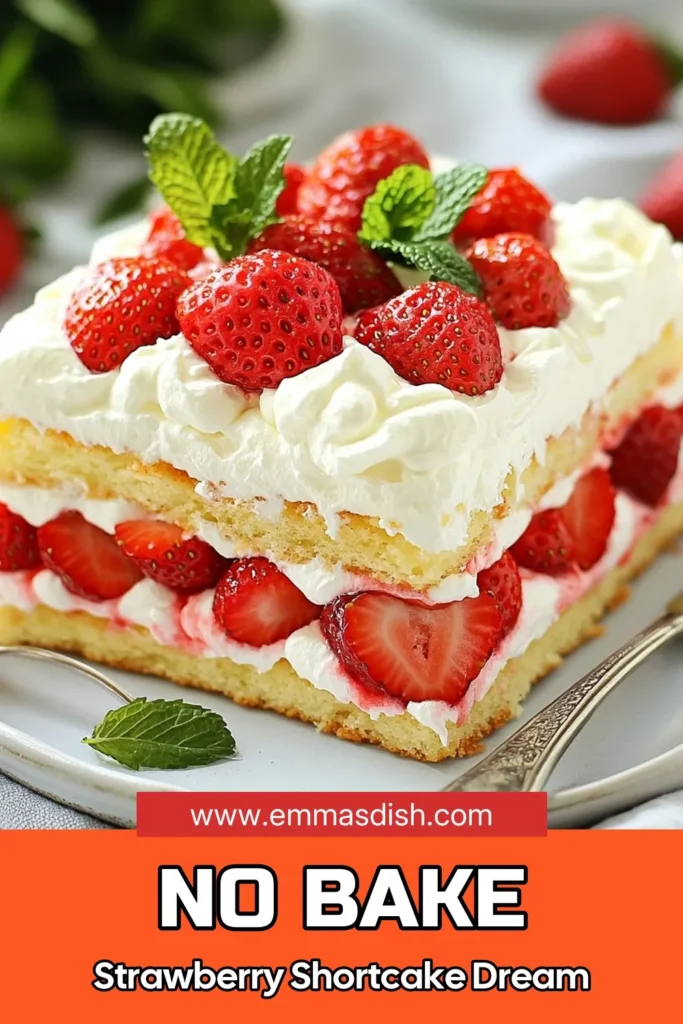 Discover the delightful Strawberry Shortcake Icebox Cake, the perfect No-Bake Strawberry Dessert for warm weather! This Easy Strawberry Cake Recipe features layers of sponge cake or ladyfingers, luscious whipped cream, and juicy strawberries, making it a Refreshing Summer Dessert that's sure to impress. Chill it overnight for the best flavor! Save this recipe for your next gathering! #StrawberryShortcake #IceboxCake #SummerDesserts #NoBakeDessert