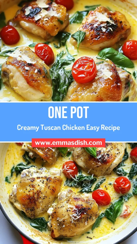 Discover the deliciousness of One-Pot Creamy Tuscan Chicken with this easy recipe that promises a quick chicken dinner in just 30 minutes! This flavorful Creamy Tuscan Chicken Recipe combines tender chicken thighs, fresh spinach, and tomatoes in a rich, creamy sauce. Perfect for busy nights or anyone searching for easy one-pot meals, and you can even make it dairy-free! Try it today and elevate your dinner routine! #OnePotRecipes #TuscanChicken #QuickDinner #EasyMeals