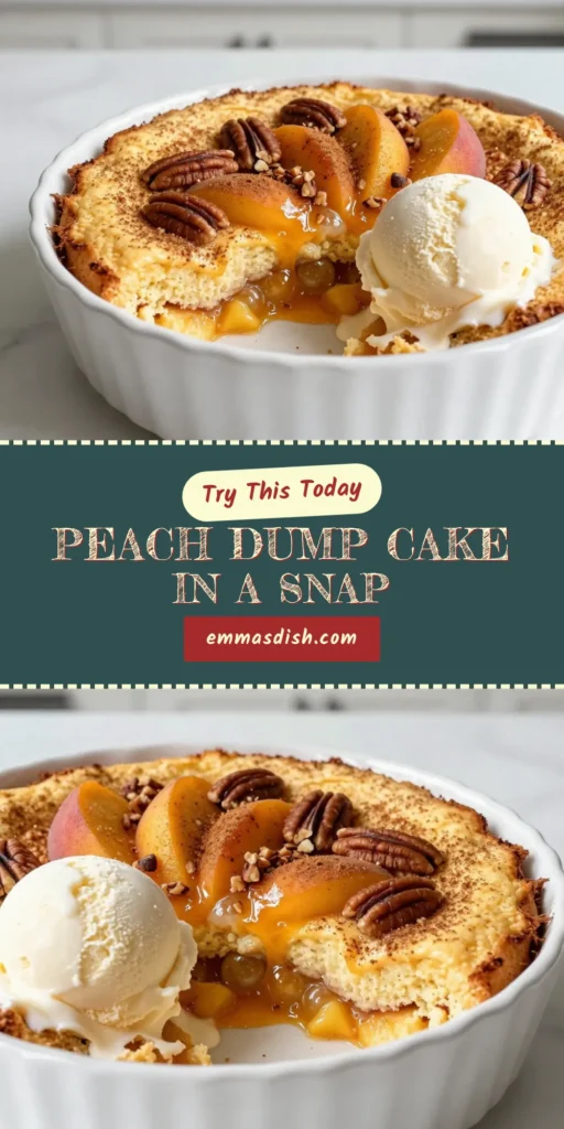 Discover the best Peach Dump Cake recipe that delivers a delightful twist on an easy peach dessert! This warm peach cake with ice cream is made with just a yellow cake mix dessert and peaches in syrup, topped with a hint of cinnamon. Perfect for gatherings, it's a quick and delicious treat everyone will love. Don't miss out&mdash;save this recipe for your next dessert night! #PeachDumpCake #EasyPeachDessert #YellowCakeMixDessert #CinnamonPeachDumpCake