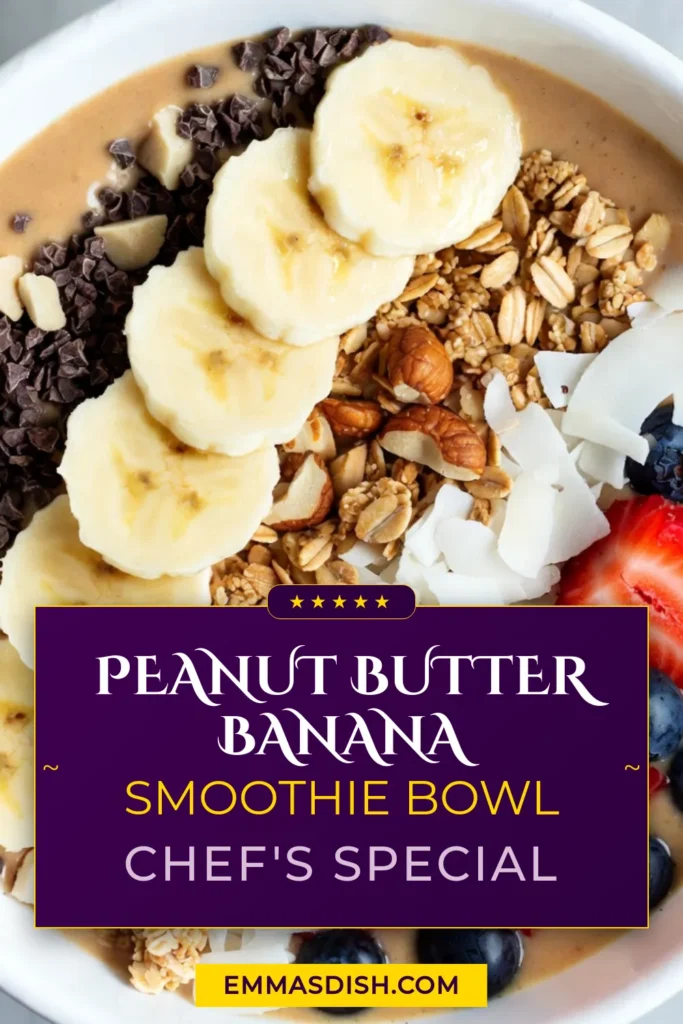 Start your day with a delicious Peanut Butter Banana Smoothie Bowl! This healthy smoothie bowl recipe combines frozen bananas, creamy peanut butter, and chia seeds for a nutritious breakfast. Customize your Vegan Banana Smoothie Bowl with toppings like granola, nuts, and berries for added texture and flavor. Perfect for a quick meal, this Chia Seed Smoothie Bowl is both satisfying and easy to make. Try it today! #SmoothieBowl #HealthyBreakfast #VeganRecipes #ChiaSeeds