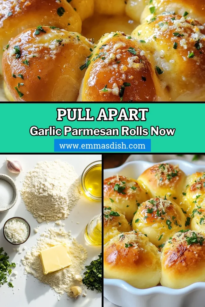 Indulge in these irresistible Garlic Parmesan Rolls! This easy pull-apart bread recipe features soft dinner rolls infused with rich garlic and Parmesan flavors. Perfect for any meal or gathering, these homemade Parmesan bread delights will have everyone coming back for more. Bake up a batch of these easy garlic rolls today! Save now for your next dinner! #GarlicParmesanRolls #PullApartBreadRecipe #EasyGarlicRolls #HomemadeParmesanBread