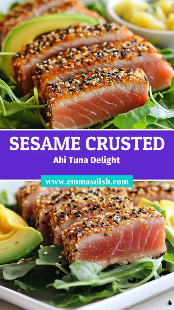 Discover the delightful taste of sesame crusted ahi tuna with this easy ahi tuna recipe. This healthy sushi recipe features a perfect sesame tuna sear that enhances the rich flavor of fresh tuna. Serve it with a wasabi and pickled ginger garnish for a burst of flavor. Perfect for a quick, elegant meal that impresses. Try this Sesame Crusted Ahi Tuna today and enjoy a gourmet experience at home! Save this recipe for later! #AhiTuna #HealthySushi #SesameCrusted #TunaRecipe