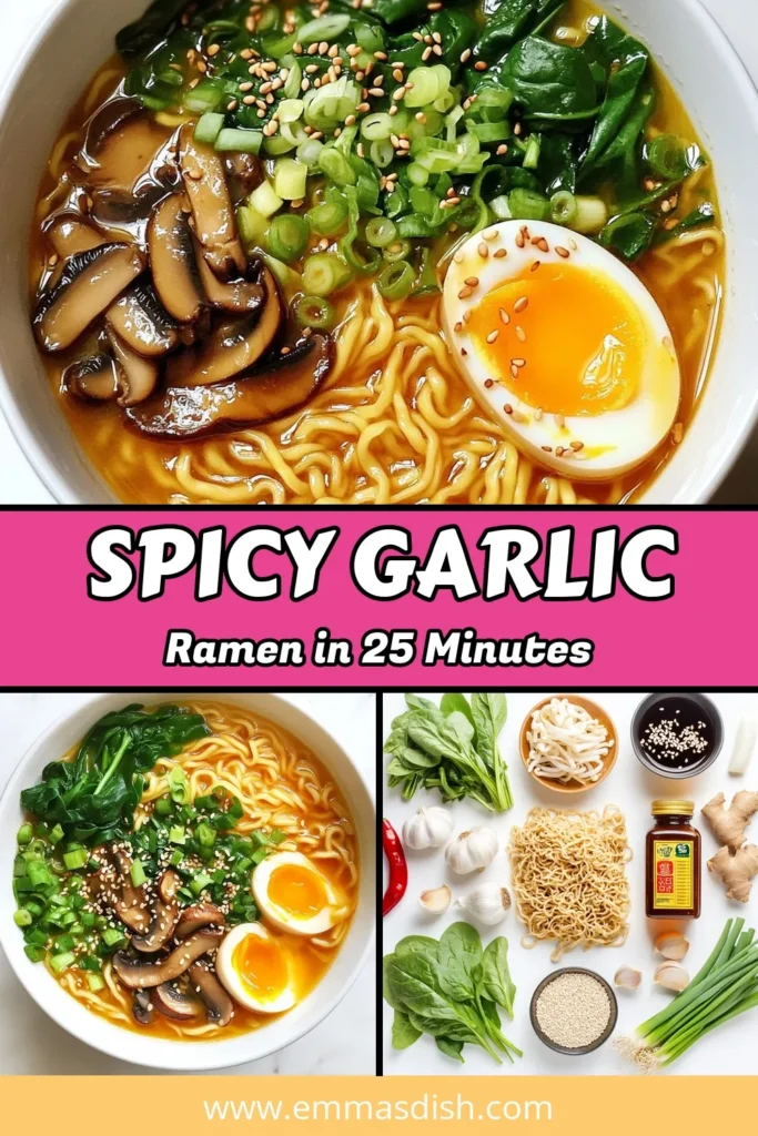 Elevate your weeknight meals with this spicy garlic ramen recipe! Featuring an incredible blend of vegetable broth, shiitake mushrooms, and fresh ingredients, this quick ramen dinner is perfect for anyone craving a burst of flavor. Discover how to make these delicious spicy garlic ramen noodles in just 25 minutes. Try it today and enjoy a satisfying bowl of goodness! Don&rsquo;t forget to save this recipe! #spicygarlicramen #instantramenrecipe #vegetablebrothramen #quickramendinner