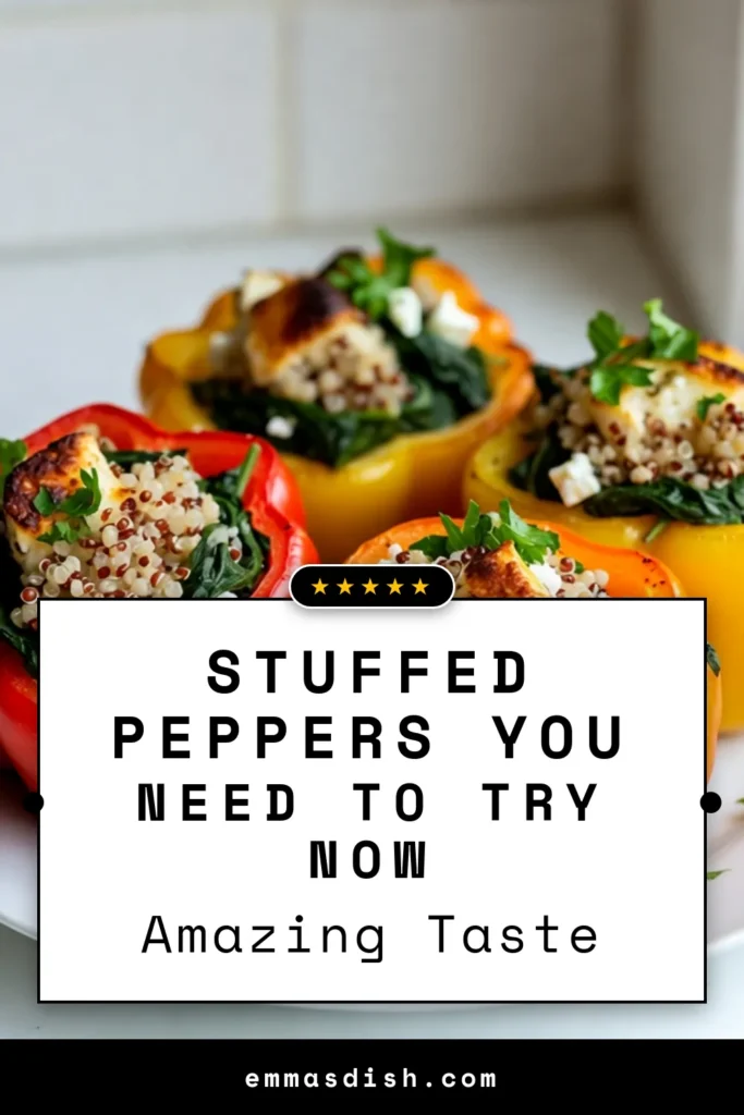 Discover a delicious and healthy stuffed peppers recipe with these spinach feta stuffed peppers! Packed with fresh spinach, crumbled feta, and cooked quinoa, this vegetarian bell pepper recipe is perfect for a nutritious meal. Our baked stuffed peppers with feta are easy to make and bursting with flavor. Try them for dinner and impress your family or guests! Save this recipe for a wholesome delight! #SpinachFetaStuffedPeppers #HealthyEating #Vegetarian #QuinoaRecipes