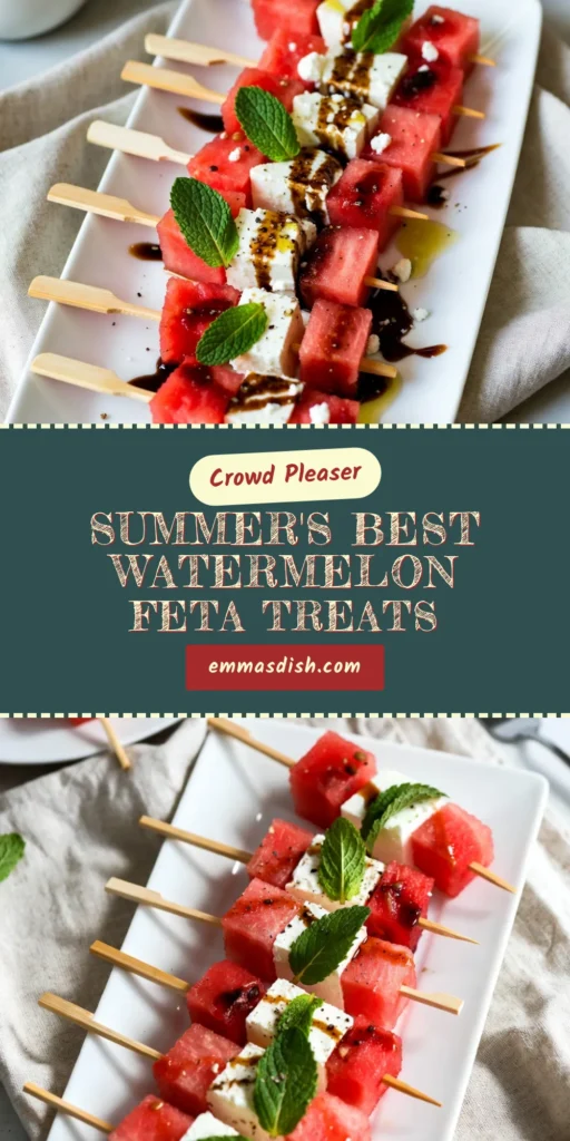 Enjoy these refreshing watermelon feta skewers, the perfect summer appetizer! Easy to make, these watermelon recipes combine juicy watermelon, creamy feta cheese, and fresh mint for a burst of flavor. Ideal for summer gatherings or a light snack, these feta cheese salad skewers are a must-try. Drizzle with balsamic glaze for an extra touch. Save this recipe for your next outdoor party! #WatermelonFetaSkewers #SummerAppetizer #EasyWatermelonRecipes #MintAndFetaSalad