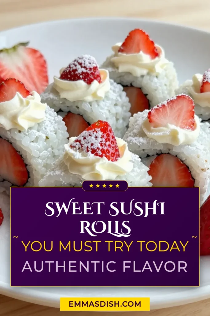 Looking for a fun twist on dessert? Try these delicious Strawberry Shortcake Sushi Rolls! This sushi dessert recipe combines sweet strawberries and whipped cream wrapped in sushi rice and nori, giving you a delightful treat. Perfect for parties or a unique afternoon snack, these easy sushi recipes are sure to impress. Make your own fruit sushi rolls today and enjoy a fresh take on a classic! Save this recipe now! #StrawberryShortcakeSushi #SushiDessertRecipe #FruitSushiRolls #EasySushiRecipes