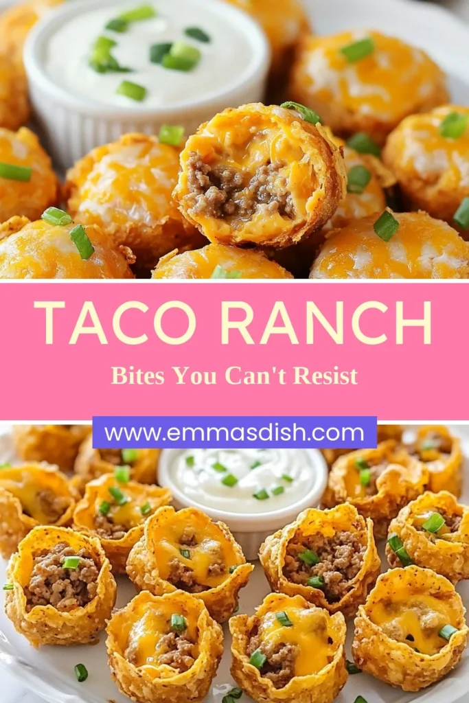 Indulge in these delicious Taco Ranch Bites, the perfect ground beef appetizers for your next gathering! These cheesy taco bites combine savory ground beef, creamy ranch dressing, and melted cheddar cheese for an irresistible flavor explosion. Perfect as baked taco snacks, they are easy to prepare and a hit with everyone. Try this delightful recipe and elevate your snack game today! Save and share! #TacoRanchBites #CheesyTacoBites #GroundBeefAppetizers #RanchDressingRecipes