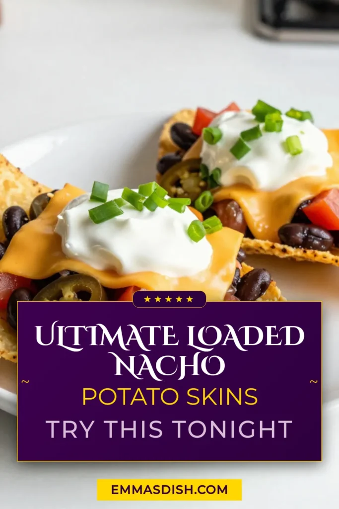 Indulge in these Loaded Nacho Potato Skins, the ultimate cheesy potato skins recipe! Perfect for parties or game day, these baked potato skins with toppings like black beans, jalape&ntilde;os, and cheddar cheese are sure to impress. Try this easy appetizer recipe that also fits perfectly into vegetarian nacho recipes. Get ready to wow your guests! Don&rsquo;t forget to save this delicious recipe for later! #LoadedNachoPotatoSkins #EasyAppetizerRecipes #VegetarianNachoRecipes #CheesyPotatoSkinsRecipe