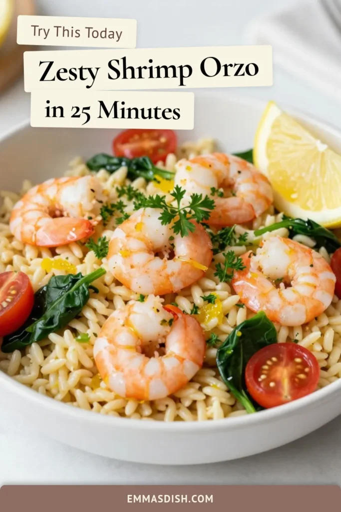 Savor the deliciousness of this Lemon Garlic Orzo with Shrimp! This quick orzo recipe features succulent shrimp in a zesty sauce, making it the perfect healthy shrimp dinner for busy nights. Bursting with flavor from fresh lemon and garlic, this shrimp orzo recipe is sure to please. Try this easy, flavorful dish today and elevate your dinner game. Save and share for a delightful meal! #LemonGarlicOrzo #ShrimpOrzoRecipe #ZestyShrimpPasta #HealthyShrimpDinner