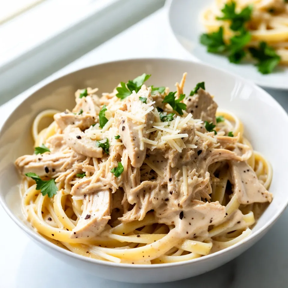 For a tasty Slow Cooker Chicken Alfredo, gather these main ingredients: - 2 boneless, skinless chicken breasts - 2 cups chicken broth - 1 cup heavy cream - 1 cup grated Parmesan cheese - 3 cloves garlic, minced - 1 teaspoon Italian seasoning - 1 teaspoon black pepper - 1/2 teaspoon salt - 8 ounces fettuccine pasta - Fresh parsley, chopped (for garnish) You can customize your dish with these optional ingredients: - 1 cup broccoli florets - 1 cup spinach Adding these greens gives extra flavor and nutrition. You can mix and match based on what you like. Using high-quality ingredients makes a big difference. Fresh chicken tastes better and cooks well. Look for low-sodium chicken broth to control salt levels. Use real Parmesan cheese for a rich flavor. Avoid pre-grated cheese, as it often has fillers. Fresh garlic adds a stronger taste compared to jarred garlic. Always check the dates on dairy products like heavy cream. Fresh ingredients lead to a creamy and delicious meal. {{ingredient_image_1}} Start by placing two boneless, skinless chicken breasts in your slow cooker. Season the chicken with salt, black pepper, and Italian seasoning. This helps create great flavor. Next, add three minced garlic cloves on top of the chicken. Pour two cups of chicken broth over everything. This broth keeps the chicken moist and tasty. Cover the slow cooker with its lid. Set the cooker on low heat. Let the chicken cook for 4 to 5 hours. You want the chicken to be tender and fully cooked. After cooking, take the chicken out. Use two forks to shred it into pieces. Return the shredded chicken back into the slow cooker. Now, stir in one cup of heavy cream and one cup of grated Parmesan cheese. Mix until everything is combined. If you like greens, toss in one cup of broccoli florets or spinach now. Add eight ounces of uncooked fettuccine pasta to the slow cooker. Gently press the pasta into the sauce. Cover the cooker again. Cook on low for an additional 30 to 40 minutes. Check to see that the pasta is tender. Once done, stir the pasta and sauce well. Make sure everything is coated. Taste it and adjust the seasoning if you need more salt or pepper. Serve hot and garnish with fresh chopped parsley for a nice touch. To boost the taste, focus on your seasonings. I love using Italian seasoning. It adds a nice herb flavor. You can also try garlic powder for more depth. If you want some heat, add a pinch of red pepper flakes. Season the chicken well before cooking. This helps lock in the flavors as it cooks. When your chicken is done, let it cool for a few minutes. This makes it easier to handle. Use two forks to shred the chicken. Hold one fork in each hand. Pull apart the chicken with the forks. Aim for bite-sized pieces. This helps it mix well with the sauce. To make your dish even creamier, add more heavy cream. A little extra cheese can help too. I like to stir in some cream cheese for richness. If you want to lighten it up, use half-and-half instead. Just make sure to mix well until smooth. This gives you that dreamy Alfredo sauce we all love! Pro Tips Use Fresh Ingredients: Fresh garlic and high-quality Parmesan cheese can elevate the flavor of your Alfredo sauce significantly. Customize Your Veggies: Adding vegetables like broccoli or spinach not only enhances nutrition but also adds color and texture to your dish. Perfect Pasta Cooking: Keep an eye on the pasta while it cooks in the slow cooker to ensure it reaches your desired level of tenderness without becoming mushy. Leftover Storage: Store any leftovers in an airtight container in the fridge for up to 3 days. Reheat gently on the stove with a splash of cream to restore creaminess. {{image_2}} You can easily add veggies to boost nutrition. Broccoli and spinach work great. Toss in one cup of broccoli florets or fresh spinach when you mix in the cream and cheese. This adds color and crunch. You can also try peas or bell peppers. They add taste and extra vitamins. Fettuccine is classic for Alfredo, but you can switch it up. Try penne or rotini if you prefer. Whole wheat or gluten-free pasta is also a good choice. Just keep an eye on cooking time. Different pasta may cook faster or slower, so adjust as needed. If you want to change the protein, chicken is not the only option. You can use turkey breast for a lighter meal. Shrimp also fits well in this dish. Just add the shrimp during the last 30 minutes of cooking. For a vegetarian option, try chickpeas or tofu. Both add protein and take on the creamy sauce's flavor. To keep your Slow Cooker Chicken Alfredo fresh, store it in an airtight container. Let the dish cool down before sealing it. This helps prevent condensation. You can store it in the fridge for up to three days. Make sure to label the container with the date. This way, you can track how long it's been stored. When you're ready to enjoy leftovers, reheat carefully. You can use a microwave or a stovetop. If using a microwave, place the food in a bowl and cover it. Heat in short bursts, stirring in between to ensure even warming. If using the stovetop, add a splash of chicken broth to the pan. Stir over low heat until it&rsquo;s warm. This helps keep the sauce creamy. You can freeze Slow Cooker Chicken Alfredo for up to three months. First, let it cool completely. Then, portion it into freezer-safe containers. Be sure to leave some space for expansion. To thaw, place the container in the fridge overnight. Reheat as mentioned above. You may need to add a little cream or broth to restore the sauce's creaminess. Yes, you can use frozen chicken! Just add an extra hour to the cooking time. This will help the chicken cook through. Make sure to check that it's fully cooked before shredding. To make this dish gluten-free, swap regular fettuccine for gluten-free pasta. Many brands offer great options that cook well. You should also check the chicken broth for gluten-free labeling. You can serve this dish with a fresh green salad for crunch. Garlic bread is also a great side. If you want more veggies, steamed broccoli pairs nicely. For a light touch, try a simple fruit salad. This article covered key points for making delicious Slow Cooker Chicken Alfredo. We explored important ingredients, step-by-step cooking methods, and helpful tips to enhance flavor. You also learned about variations to suit your tastes and storage options for leftovers. In summary, this dish is easy and fun to make. It adapts well to different diets and preferences. Enjoy your cooking and savor every bite!