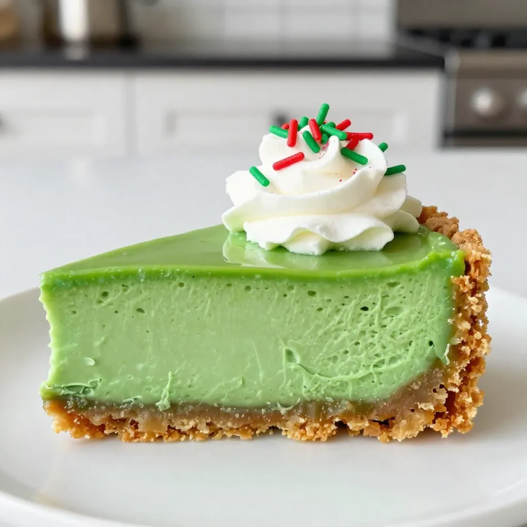 - 1 ½ cups graham cracker crumbs - ½ cup unsalted butter, melted - 2 cups cream cheese, softened - 1 cup powdered sugar - 2 cups heavy whipping cream - 1 cup green food coloring (gel works best) - 1 tablespoon lime juice These main ingredients are key for making a tasty No-Bake Grinch Cheesecake. The graham cracker crumbs create a crunchy base. Melted unsalted butter helps bind the crust together. Softened cream cheese gives the cheesecake its creamy texture. Powdered sugar adds sweetness, helping balance the flavors. The heavy whipping cream makes the filling light and fluffy. Green food coloring brings that fun Grinch look, while lime juice adds a zesty kick. - Whipped cream for topping - Red and green sprinkles for decoration - Edible glitter or sugar The optional ingredients let you get creative! Whipped cream on top makes your cheesecake look extra special. Red and green sprinkles add festive cheer. You can sprinkle edible glitter or sugar for a fun sparkle. These toppings will surely impress your guests and make your dessert stand out on any holiday table. {{ingredient_image_1}} 1. In a medium bowl, combine 1 ½ cups of graham cracker crumbs and ½ cup of melted unsalted butter. Mix until it feels like wet sand. 2. Press the crumb mixture into the bottom of a 9-inch springform pan. Make sure it's even and compact. 3. Place the pan in the refrigerator for about 20 minutes to set while you prepare the filling. 1. In a large mixing bowl, beat 2 cups of softened cream cheese until smooth. 2. Slowly add 1 cup of powdered sugar, mixing until well combined. 3. Stir in 1 teaspoon of vanilla extract and 1 tablespoon of lime juice for flavor. 1. Gradually mix in 1 cup of green food coloring until you reach your desired shade of Grinch green. 2. In another bowl, whip 2 cups of heavy cream until stiff peaks form. 3. Gently fold the whipped cream into your cream cheese mixture. Be careful, so you don’t deflate the whipped cream. 4. Pour the green cheesecake filling over the prepared crust. Smooth the top with a spatula. 5. Cover the pan and refrigerate for at least 4 hours, or until the cheesecake is set. To make this cheesecake look festive, gel food coloring works best. Gel gives a vibrant color that stands out. You can adjust the amount of coloring to fit your taste. If you want a darker green, add more gel. For a lighter shade, use less. Mixing is key for a smooth cheesecake. First, beat the cream cheese until it is creamy and lump-free. This step is very important; lumps can ruin the texture. Next, when you add the whipped cream, fold it in gently. This keeps the whipped cream light and fluffy. Don’t stir too hard, or it will lose its airiness. This cheesecake pairs well with many holiday treats. You can serve it with cookies or chocolate. It also looks great on a dessert table. For festive gatherings, slice it into wedges. Add a dollop of whipped cream and sprinkle on red and green decorations. Your guests will love the fun and festive look! Pro Tips Use Gel Food Coloring: Gel food coloring provides a more vibrant color compared to liquid food coloring. This will ensure your cheesecake has the perfect Grinch green hue! Chill Ingredients: Make sure your cream cheese is at room temperature for easier mixing. Additionally, chilling your mixing bowl and beaters can help whip the cream more effectively. Whip Cream to Stiff Peaks: Be careful not to over-whip the cream. Whipping to stiff peaks will give your cheesecake a light and airy texture without being grainy. Decorate Just Before Serving: To maintain the freshness of the whipped cream and prevent it from wilting, add the toppings right before serving. This keeps your cheesecake looking beautiful! {{image_2}} You can easily change the taste of your No-Bake Grinch Cheesecake. One fun way is to add mint extract for a fresh twist. This small change can give your cheesecake a delightful minty flavor. Just one teaspoon is enough to make a difference. You might also want to use different food coloring. This lets you create alternate themes for any festive occasion. For instance, red and white can be perfect for Valentine's Day. Toppings can elevate your cheesecake's look and taste. A simple chocolate drizzle on top adds a rich layer of flavor. You can make this by melting chocolate and pouring it over the cheesecake. Another great idea is to use crushed candies for decoration. This adds a fun crunch and a pop of color. You can use peppermint candies or colorful sprinkles. They enhance the festive vibe and make the cheesecake even more appealing. Store your No-Bake Grinch Cheesecake in the refrigerator. This keeps it fresh and tasty. Always cover it with plastic wrap. This way, it won’t absorb any smells from the fridge. Make sure the wrap is tight to keep the cheesecake moist. You can freeze the cheesecake for later. Just remember to wrap it well in plastic wrap and then in foil. This will help keep it from getting freezer burn. When you want to enjoy it, thaw the cheesecake in the refrigerator. This ensures the texture stays creamy and smooth. Plan to let it sit overnight for best results. Yes, you can make this cheesecake ahead of time. I suggest preparing it at least one day before your event. The cheesecake needs 4 hours to set, but it tastes even better after sitting overnight. This way, all the flavors blend nicely. To ensure your cheesecake sets well, use softened cream cheese and beat it until smooth. Avoid lumps for a nice texture. When adding whipped cream, fold it in gently. This keeps it airy and fluffy. Lastly, refrigerate the cheesecake for at least 4 hours. Yes, you can make this cheesecake dairy-free. Use dairy-free cream cheese and coconut cream for the whipped cream. You can find these at most grocery stores. Make sure to adjust the other ingredients for taste, but the recipe will still be delicious! You learned how to make a delicious cheesecake with simple ingredients like graham crackers and cream cheese. Following the steps ensures a smooth filling and a solid crust. Don’t forget to play with colors and toppings to make it your own. Store your cheesecake properly to keep it fresh. This easy recipe is great for any celebration or gathering. Enjoy making and sharing this tasty treat!