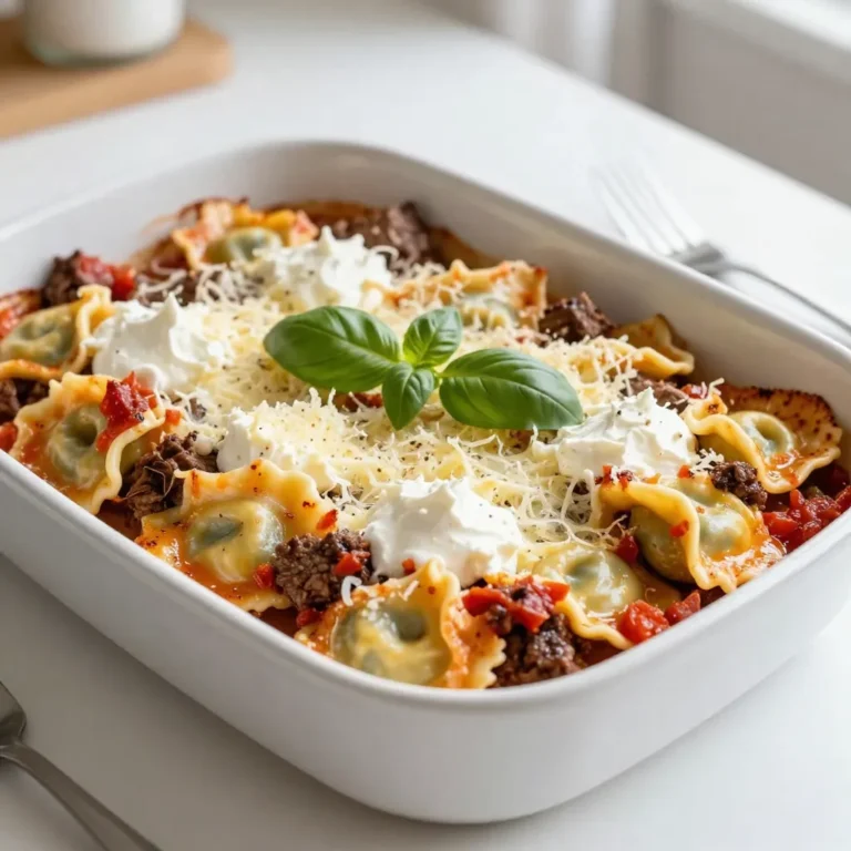 - 12 oz beef tortellini (cooked) - 1 lb ground beef - 1 can (28 oz) crushed tomatoes - 1 cup ricotta cheese - 1 cup mozzarella cheese, shredded - 1/2 cup Parmesan cheese, grated - 2 cloves garlic, minced - 1 teaspoon dried oregano - 1 teaspoon dried basil - Salt and pepper to taste - Fresh basil leaves for garnish To make this dish, you need specific ingredients. First, you need beef tortellini, which adds a lovely texture. You'll also want ground beef for its rich flavor. Crushed tomatoes provide a nice sauce base. Ricotta cheese makes it creamy, while mozzarella and Parmesan add that cheesy goodness we all love. Don't forget garlic, oregano, and basil for extra flavor. Salt and pepper enhance everything, making it taste just right. Finally, fresh basil leaves make the dish look pretty and fresh. These ingredients come together to create a delicious meal that warms the soul. {{ingredient_image_1}} - Step 1: Preheat the oven to 375°F (190°C). - Step 2: Grease a 9x13 inch baking dish. - Step 3: Brown the ground beef in a skillet over medium heat. This takes about 5 to 7 minutes. Drain any excess grease to keep it lean. - Step 4: Add minced garlic to the skillet. Cook for 1 minute until it smells nice. - Step 5: Stir in the crushed tomatoes, oregano, basil, salt, and pepper. Let it simmer for about 5 minutes. This helps the flavors blend well. - Step 6: Mix the cooked tortellini with the beef sauce. Make sure every piece is coated well. - Step 7: In a separate bowl, fold together the ricotta cheese, half of the mozzarella, and half of the Parmesan. Stir until smooth. - Step 8: In the greased baking dish, spread half of the tortellini mixture in an even layer. Use a spatula for a flat surface. Spoon dollops of the ricotta mixture on top. Then, add the rest of the tortellini on top of that. - Step 9: Sprinkle the remaining mozzarella and Parmesan cheese over everything. - Step 10: Cover the baking dish with aluminum foil. Bake in the preheated oven for 25 minutes. - Step 11: Remove the foil and bake uncovered for an additional 10 to 15 minutes. Look for bubbly and golden cheese. - Step 12: Once baked, let it cool for 5 minutes. Then, garnish with fresh basil leaves before serving. - Use fresh herbs for enhanced flavor: Fresh basil and oregano make a big difference. They add brightness and depth to your dish. - Do not overcook tortellini before baking: Cook them just until al dente. They will finish cooking in the oven. Overcooked tortellini can turn mushy. - Tips for a crispier top layer: Broil the dish for a minute after baking. This gives a golden, crunchy layer of cheese. - Not draining excess grease from beef: Leave the fat in, and it will make the dish greasy. Always drain well for a cleaner taste. - Skipping the simmering step: This step melds the flavors together. Do not rush; let it simmer for perfect taste. - Pairing with garlic bread or a side salad: Garlic bread is a classic choice. A fresh salad balances the richness of the dish. - Best wines to complement the dish: A medium-bodied red wine works well. Look for Chianti or Merlot to enhance your meal's flavors. Pro Tips Use Fresh Ingredients: Fresh herbs and high-quality cheese can elevate the flavor of your baked tortellini dish. Customize Your Meats: You can substitute ground beef with turkey, sausage, or even a plant-based meat alternative for different flavor profiles. Make Ahead: This dish can be assembled a day in advance and stored in the refrigerator. Just add a few extra minutes to the baking time if baking from cold. Cheese Variations: Experiment with different types of cheese like gouda or provolone for a unique twist on the classic flavors. {{image_2}} You can easily change the meat in this dish. Use ground turkey or chicken instead of beef. This swap keeps the dish light and tasty. It can also lower the fat content. For cheese lovers, you can switch it up too. Try using gouda or cheddar instead of mozzarella. This change will give your baked beef tortellini a whole new flavor. You don’t have to stick to the oven. A slow cooker can be a great option. Cook the ground beef and add the sauce. Then layer everything in the slow cooker. Let it cook on low for about 4 hours. For those who love quick meals, try the Instant Pot. Cook the ground beef and add the sauce. Combine with tortellini and cook for just 5 minutes. Both methods create a warm, cheesy meal. If you need gluten-free options, look for gluten-free tortellini. Many brands make delicious choices that work well. You can also make a vegetarian version. Use meat substitutes like lentils or mushrooms. They add texture and flavor without meat. This way, everyone can enjoy this cheesy comfort meal. To keep your Baked Beef Tortellini fresh, first let it cool. Then, transfer it to an airtight container. Make sure to cover it tightly. Store it in the fridge for up to three days. This way, you can enjoy those cheesy leftovers later. If you want to save some for later, you can freeze it. First, let the dish cool completely. Then, cut it into portions. Wrap each piece in plastic wrap and place them in a freezer bag. Be sure to remove as much air as possible. You can freeze it for up to three months. To reheat, thaw it in the fridge overnight. Then, bake it at 375°F (190°C) until hot and bubbly. Baked Beef Tortellini lasts up to three days in the fridge. In the freezer, it can stay fresh for three months. For the best taste, eat it within those time frames. Always check for any signs of spoilage before eating. Proper storage helps keep your meal safe and delicious! Baking beef tortellini takes about 35 to 40 minutes. First, you preheat the oven to 375°F (190°C). Then, bake covered for 25 minutes. After that, bake uncovered for another 10 to 15 minutes. This gives the cheese time to bubble and turn golden. Yes, you can prepare Baked Beef Tortellini in advance. Cook the beef and mix it with the tortellini. Layer the dish as usual, but do not bake it right away. Cover it tightly and store it in the fridge. When ready to enjoy, bake it straight from the fridge. Just add a few extra minutes to the baking time. Baked Beef Tortellini pairs well with several side dishes. Consider serving garlic bread for a crunchy contrast. A fresh green salad also adds a bright touch. You can even offer steamed vegetables for a healthy side. Absolutely! Store-bought tortellini saves you time and effort. Many brands offer tasty options. Just make sure to cook it according to the package instructions before adding it to your dish. This keeps the flavors intact and ensures a great meal. If your dish turns out watery, don’t worry. First, check if you added too much sauce or liquid. To fix it, let it bake longer without foil. This helps evaporate some moisture. You can also add a bit of extra cheese on top to absorb some liquid. This blog covered how to make a delicious Baked Beef Tortellini. You learned about the key ingredients, steps to prepare, and tips to get it just right. I shared variations, storage info, and FAQs to help you adapt this dish. Whether you stick to the basics or get creative, you can impress anyone with this meal. Enjoy making and sharing it with loved ones. It’s easy and tasty, and you’ll feel proud of your cooking skills!