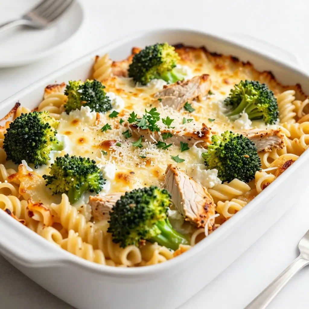 To make a Chicken Broccoli Pasta Bake, you will need the following ingredients: - 2 cups rotini pasta - 2 cups cooked chicken, shredded - 2 cups broccoli florets - 1 ½ cups ricotta cheese - 1 cup shredded mozzarella cheese - 1/2 cup grated Parmesan cheese - 1 teaspoon garlic powder - 1 teaspoon onion powder - 1 teaspoon Italian seasoning - Salt and pepper to taste - 1/2 cup chicken broth - 1 tablespoon olive oil - Fresh parsley, chopped (for garnish) These ingredients come together to create a dish that is filling and tasty. The rotini pasta serves as a great base, holding onto all the flavors. Shredded chicken brings protein, while broccoli adds color and nutrients. The blend of cheeses makes this bake extra creamy and cheesy. Garlic, onion, and Italian seasoning enhance the flavors, making every bite delicious. Don't forget the chicken broth! It keeps everything moist and flavorful. Finally, fresh parsley adds a bright note to the dish. {{ingredient_image_1}} First, boil water in a large pot. Add a pinch of salt to the water. Cook the rotini pasta according to the package instructions. Aim for al dente pasta, which means it should be firm to the bite. This will help keep the texture after baking. When it's done, drain the pasta and set it aside. Next, steam the broccoli florets. You can do this in a microwave-safe bowl. Add a tablespoon of water to the bowl and cover it with plastic wrap. Microwave the broccoli for about three minutes. Check to see if it is tender but still bright green. Drain it and set it aside with the pasta. Now, grab a large mixing bowl. Combine the cooked rotini, shredded chicken, and steamed broccoli in the bowl. Add the ricotta cheese, half of the mozzarella cheese, garlic powder, onion powder, and Italian seasoning. Season with salt and pepper to taste. Stir everything together until it's mixed well. Next, pour in the chicken broth and olive oil. This adds moisture and helps blend all the flavors. Mix until all the ingredients are combined. Take a greased 9x13-inch baking dish. Transfer the mixture from the bowl into the baking dish. Spread it out evenly. Top the mixture with the remaining mozzarella cheese and sprinkle grated Parmesan cheese on top. This will give the dish a rich and cheesy finish. Preheat your oven to 375°F (190°C). Bake the dish for 25-30 minutes. Keep an eye on it until the cheese is bubbly and golden brown. Once it's ready, remove it from the oven. Let it sit for five minutes before serving. Garnish with chopped fresh parsley for a nice touch. How to achieve al dente pasta? To cook rotini pasta perfectly, boil salted water. Once it bubbles, add the pasta. Cook it for about 8-10 minutes. Check it a minute or two before the time is up. The pasta should be firm but not hard. This gives a nice bite to your dish. Best way to steam broccoli for color and texture? I love steaming broccoli to keep it bright green. Use a microwave-safe bowl with a little water. Cover it with plastic wrap and steam for about 3 minutes. The broccoli will stay tender and crunchy, adding great texture to your bake. Choosing the right cheese for flavor? For this dish, I use a mix of ricotta, mozzarella, and Parmesan. Ricotta adds creaminess. Mozzarella gives a nice melt. Parmesan adds a salty kick. This combo makes each bite delicious and cheesy. How to get a golden cheese topping? To achieve a golden cheese layer, sprinkle the mozzarella and Parmesan on top. Bake it at 375°F for about 25-30 minutes. The cheese will bubble and turn golden, creating a perfect crust. Ahead of time prep for meal planning? You can prepare this dish ahead of time. Cook the pasta and steam the broccoli early. Mix everything and place it in the baking dish. Cover and refrigerate it for later. Just bake when you’re ready. How to make it a one-dish meal? This recipe is a one-dish meal. It combines protein, veggies, and carbs all in one. You don’t need any sides, but a fresh salad pairs nicely if you like. Enjoy your easy cleanup! Pro Tips Cook Pasta Al Dente: To prevent mushy pasta, cook it just until al dente, as it will continue to cook while baking. Use Fresh Broccoli: For the best flavor and texture, use fresh broccoli florets instead of frozen ones. Variations with Cheese: Feel free to mix in other types of cheese, like cheddar or gouda, for different flavor profiles. Let it Rest: Allow the pasta bake to sit for a few minutes after baking to help it set and make serving easier. {{image_2}} If you want to change up your Chicken Broccoli Pasta Bake, try these options: - Alternative proteins: Use turkey or tofu instead of chicken. Both add great flavor. - Dairy-free options: Substitute ricotta with cashew cream or a dairy-free cheese. This keeps it creamy without dairy. You can easily change the flavor of your bake. Here are some ideas: - Adding spices or herbs: Mix in red pepper flakes for heat or fresh basil for a fresh taste. - Incorporating additional vegetables: Try adding bell peppers, spinach, or carrots for extra nutrition and color. Pair your bake with these sides for a full meal: - Best sides: A simple green salad or garlic bread complements the flavors well. - Making it a full meal: Serve with roasted vegetables or a light soup for a hearty dinner. To keep your Chicken Broccoli Pasta Bake fresh, store leftovers in an airtight container. Make sure to let the dish cool down before sealing it. Properly stored, it lasts about 3-4 days in the fridge. Label the container with the date to keep track of freshness. You can freeze this dish before or after baking. If you freeze it before baking, wrap it tightly in plastic wrap and then foil. This protects it from freezer burn. For freezing after baking, let it cool completely first. Store it in a freezer-safe container. It will keep well for up to 2-3 months. When you are ready to enjoy it, thaw it overnight in the fridge. To keep your pasta bake moist, reheating in the oven works best. Preheat the oven to 350°F (175°C). Cover the dish with foil to prevent it from drying out. Heat for about 20-25 minutes until it's warm throughout. If you prefer using the microwave, place a portion in a microwave-safe bowl. Add a splash of chicken broth to keep it moist. Heat on medium power for 2-3 minutes, stirring halfway through. Both methods work well, but the oven gives a better texture. Yes, you can prepare Chicken Broccoli Pasta Bake ahead of time. To do this, follow the recipe up to the baking step. After mixing the ingredients, cover the dish tightly with plastic wrap or foil. You can store it in the fridge for up to two days. When ready to bake, just remove the cover and bake straight from the fridge. You may need to add a few extra minutes to the baking time to ensure it heats through. Baking Chicken Broccoli Pasta Bake takes about 25 to 30 minutes. Preheat your oven to 375°F (190°C) before placing the dish inside. Look for the cheese to be bubbly and golden brown. This visual cue means it is ready to serve. This dish pairs well with many sides. A fresh green salad adds a nice crunch. Garlic bread is another great choice, as it soaks up any extra cheese sauce. You can also serve it with steamed vegetables for a healthy touch. These options will round out your meal nicely. Absolutely! You can use any pasta shape you like. Rotini is great because it holds sauce well. Penne or fusilli can also work nicely. Just keep in mind that different shapes may change the texture slightly. Choose what you enjoy most! This guide provided how to make a Chicken Broccoli Pasta Bake. We covered each ingredient, from rotini to cheeses. You learned steps from prepping to mixing and baking. Tips and tricks helped improve your cooking. Variations offered ideas for swaps and flavors. Storage tips ensured your dish stays fresh. Enjoying this meal will impress your family and friends. Try out different flavors and substitutions. Happy cooking!