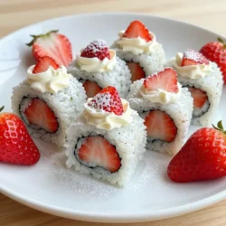 - 1 cup sushi rice - 1 &frac12; cups water - 2 tablespoons sugar - 1 tablespoon vanilla extract - 4 large strawberries, hulled and sliced - &frac12; cup whipped cream - 1 tablespoon lemon juice - 4 pieces of nori seaweed - Powdered sugar for dusting Use exact measurements for the best results. You can swap sugar with honey. If you prefer, use coconut cream instead of whipped cream. Choose ripe strawberries for sweet flavor. If strawberries aren&rsquo;t available, try other fruits like bananas or kiwi. Using short-grain rice is key for the right texture. Quality matters in this recipe. Fresh strawberries enhance taste and color. Good sushi rice sticks well and gives the right chew. Premium nori adds a nice crunch. Avoid old or stale ingredients. They can ruin your sushi rolls. Always pick fresh, high-quality items for the best experience. {{ingredient_image_1}} To start, rinse 1 cup of sushi rice under cold water. Keep rinsing until the water runs clear. This step removes excess starch. Next, soak the rice in water for 30 minutes. After soaking, drain the rice. In a medium pot, combine the drained rice with 1 &frac12; cups of water. Bring it to a boil over medium heat. Once boiling, reduce the heat to low and cover. Let it simmer for 15 minutes. After that, remove it from heat and let it sit covered for another 10 minutes. In a small bowl, mix 2 tablespoons of sugar and 1 tablespoon of vanilla extract into the warm rice. Fluff it gently with a fork. Allow it to cool slightly. Now, get your bamboo sushi mat. Place a piece of nori on it, shiny side down. With wet hands, spread a thin layer of sushi rice over the nori. Leave a 1-inch border at the top edge. In the center of the rice, lay down 4 large sliced strawberries and a dollop of whipped cream. Starting from the edge closest to you, roll the nori over the filling. Tuck it tightly as you go. Moisten the top edge with a bit of water to seal the roll. Use a sharp knife, lightly moistened, to slice the roll into 6-8 pieces. Repeat this with the remaining nori and filling. For a fun presentation, arrange the sushi rolls on a platter. Drizzle a bit of lemon juice over the rolls for a refreshing taste. Dust them with powdered sugar for a sweet finish. You can also garnish with extra strawberries. Serve with a side of whipped cream for dipping. Enjoy the delightful flavors of strawberry shortcake in each bite! To make a great sushi roll, start with sticky rice. Rinse the sushi rice until the water is clear. Soak it for 30 minutes, then cook it well. Fluff the rice with sugar and vanilla. This adds flavor and sweetness. When rolling, use a bamboo mat for best results. Spread rice evenly and leave a border at the top. Add strawberries and whipped cream in the center. Tightly roll the nori while tucking in the filling. Wet the edge to seal it. A sharp, wet knife helps slice the roll neatly. If you have leftovers, store them right. Wrap the rolls in plastic wrap. Keep them in the fridge to stay fresh. Eat them within a day for best taste. If they dry out, a bit of whipped cream can help. For longer storage, consider freezing. However, fresh rolls taste best. Many people forget to rinse the rice. This step is key for good texture. Avoid using too much filling. If you overstuff, the roll may break. Also, don&rsquo;t skip the water on the nori edge. This helps seal the roll. Lastly, use a sharp knife for cutting. A dull knife crushes the roll instead of slicing it. Pro Tips Tip for Perfect Rice: Make sure to rinse the sushi rice thoroughly before cooking to remove excess starch, which will help achieve the right texture for rolling. Rolling Technique: When rolling the sushi, apply gentle but firm pressure to keep the filling secure, and avoid overfilling to ensure easier slicing. Freshness is Key: Use fresh and ripe strawberries for the best flavor. If they're not in season, consider using other fruits like mango or kiwi as alternatives. Presentation Matters: Dusting with powdered sugar not only adds sweetness but also enhances the visual appeal. Consider serving on a colorful plate for contrast. {{image_2}} You can change up the fruits in your sushi rolls. Try bananas, peaches, or blueberries. These fruits add unique flavors. You can also mix in some chocolate or nut butter for extra taste. For a tropical twist, use mango and coconut cream. Each fruit brings its own charm. Want a vegan version? Swap the whipped cream for coconut cream. This change keeps it light yet tasty. Use maple syrup instead of sugar for sweetness. You can also skip the nori or use a vegan-friendly option. These changes ensure everyone can enjoy the treat. Make your sushi rolls pop with fun garnishes. A sprinkle of crushed nuts adds crunch. You can also drizzle chocolate sauce for a sweet touch. Fresh mint leaves add a burst of color and flavor. Get creative and let your sushi rolls shine with your own style! To store leftover strawberry shortcake sushi rolls, wrap them in plastic wrap. This keeps them fresh and moist. Place the wrapped rolls in an airtight container. Store them in the fridge for up to two days. You want to eat them while they are still tasty! Keep sushi rolls away from air to prevent drying out. Use a damp paper towel to cover them if you do not have plastic wrap. This adds moisture and keeps them fresh longer. Enjoy your rolls cold for the best taste. You can freeze strawberry shortcake sushi rolls, but it may change the texture. If you want to freeze them, wrap each roll tightly in plastic wrap. Then, place them in a freezer bag. They can stay frozen for up to a month. When ready to eat, thaw them in the fridge overnight. Enjoy them fresh! Yes, you can make strawberry shortcake sushi rolls ahead of time. I suggest storing them in the fridge. Wrap each roll tightly in plastic wrap. This keeps them fresh and moist. You can prepare the rolls a few hours before serving. Just remember to dust them with powdered sugar right before you serve. This keeps the sugar from soaking into the rolls. For this recipe, you should use sushi nori. Sushi nori is thin and crisp, making it perfect for rolling. Look for nori that is labeled as "sushi" for the best taste. It has a mild flavor that pairs well with sweet fillings. You can find sushi nori at many grocery stores or Asian markets. While sushi rice is best for this recipe, you can try other rice types. Short-grain rice gives a similar sticky texture. However, you may not get the exact taste of traditional sushi. Avoid long-grain rice, as it will not stick together well. If you want to experiment, remember to adjust the water and cooking time as needed. In this post, we explored how to make delicious sushi rolls using simple ingredients. We discussed the importance of quality ingredients and provided clear steps for preparation and rolling. I shared tips to avoid common mistakes and creative variations to suit your taste. Lastly, I covered how to store your sushi properly for the best flavor. Remember, great sushi starts with the right ingredients and a little practice. Enjoy making your sushi rolls!