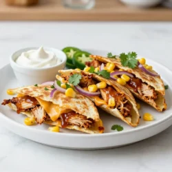 To make BBQ Chicken Quesadillas, gather these ingredients: - 2 cups cooked chicken, shredded - 1 cup BBQ sauce - 1 cup shredded cheddar cheese - 1 cup shredded mozzarella cheese - 4 large flour tortillas - 1/2 cup corn kernels (fresh or frozen) - 1/2 cup red onion, thinly sliced - 1/4 cup cilantro, chopped - 1 tablespoon olive oil - Salt and pepper to taste - Optional: Sour cream and sliced jalape&ntilde;os for serving If you need to swap some ingredients, here are some ideas: - Use grilled chicken or rotisserie chicken instead of cooked chicken. - Swap BBQ sauce for ranch dressing or hot sauce for a different flavor. - Try pepper jack cheese for a spicy kick. - Corn can be replaced with black beans or bell peppers. - Use whole wheat or corn tortillas for a healthier option. Choosing the right BBQ sauce can enhance your quesadillas. Here are some trusted brands: - Sweet Baby Ray's: Great for its sweet and tangy flavor. - Stubbs: Known for its rich, smoky taste. - Annie's: A good organic choice with a clean flavor. - Homemade: Mix ketchup, brown sugar, and Worcestershire sauce for a quick sauce. These ingredients and tips set you up for success in making BBQ Chicken Quesadillas. Enjoy the cooking process! {{ingredient_image_1}} First, get your cooked chicken. I like to use shredded chicken for this. In a medium bowl, mix the chicken with BBQ sauce. Stir until every piece is coated well. This step packs in the flavor. You can use store-bought or homemade sauce. Choose what you like best! Next, heat a skillet over medium heat. Add olive oil and let it warm up. Once hot, toss in the sliced red onion. Cook for about 3-4 minutes. You want them soft but not burnt. Then, add the corn kernels. Cook for another 2 minutes. Season with salt and pepper. This mix brings a nice crunch and sweetness to your quesadilla. Now, it's time to build our quesadillas. Place a tortilla on a clean surface. On one half, sprinkle a mix of cheddar and mozzarella cheese. Next, add a layer of your BBQ chicken mixture. Spoon on some of the corn and onion mix. Don&rsquo;t forget to add chopped cilantro for a fresh touch. Fold the tortilla in half to cover the fillings. Heat a clean skillet over medium heat again. Cook the folded quesadilla for 3-4 minutes per side. You want it golden brown and crispy. The cheese should melt perfectly. Cut the cooked quesadilla into wedges and serve hot. Enjoy the burst of flavors! To make great quesadillas, use medium heat. This helps cook the cheese well without burning the tortilla. Always use fresh tortillas for the best taste. A good non-stick skillet makes cooking easier. Fill your quesadilla but do not overstuff. This way, they fold well and cook evenly. To get that perfect crunch, brush the outside of the tortilla with olive oil. This adds flavor and helps it crisp up. Cook each side for about 3-4 minutes until golden brown. If you want extra crispiness, cook them a bit longer. Just watch closely to avoid burning. Serve your quesadillas hot and cut into wedges. Garnish with fresh cilantro and lime wedges for a pop of color. A small bowl of sour cream makes a great dip. If you like heat, add sliced jalape&ntilde;os on the side. These touches take your dish to the next level! Pro Tips Use Fresh Ingredients: Opt for fresh corn and cilantro for enhanced flavor and texture. Control the Heat: Adjust the skillet's heat to ensure the quesadillas cook evenly without burning. Customize Your Fillings: Feel free to add other ingredients like bell peppers or black beans for extra taste and nutrition. Serve with Dips: Provide a variety of dips like guacamole or salsa to complement the flavors of the quesadillas. {{image_2}} You can make BBQ quesadillas without chicken. Use grilled vegetables like zucchini, mushrooms, and bell peppers. These veggies add great flavor and texture. Another option is to use beans, like black beans or pinto beans. They provide protein and help fill you up. Mix them with your favorite BBQ sauce for a tasty twist. Cheese is key in quesadillas. While cheddar and mozzarella are classic, don&rsquo;t stop there! Try pepper jack for a spicy kick. You can also use gouda for a smoky flavor. Feta adds a tangy twist, while cream cheese gives a creamy texture. Get creative and mix different cheeses for a unique taste! Want to take your quesadillas to the next level? Add corn for sweetness and crunch. Fresh herbs like cilantro or parsley brighten your dish. Sliced jalape&ntilde;os give heat, while diced red onion adds crunch. You can also include avocado for creaminess. The more flavors you add, the more fun your quesadillas will be! To store leftover quesadillas, let them cool first. Then, wrap each one in plastic wrap. You can also place them in an airtight container. This helps keep them fresh. Store them in the fridge for up to three days. When you're ready to eat, you can easily reheat them. Heat a skillet over medium heat. Place the quesadilla in the pan and cook for about three minutes on each side. This keeps the outside crispy and warms the inside well. You can also use a microwave. Heat it for 30 seconds, then check if it's warm. If not, heat it for another 15 seconds. If you want to freeze your quesadillas, wrap each one tightly in plastic wrap. Then, place them in a freezer bag. Squeeze out the air before sealing. They can last up to three months in the freezer. To reheat, first thaw them in the fridge overnight. Then, follow the reheating instructions above. Yes, you can use rotisserie chicken. It saves time and adds great flavor. Just shred the chicken and mix it with your favorite BBQ sauce. This method makes the recipe quick and easy. You can try many sauces! Honey mustard, spicy ranch, or even a sweet chili sauce work well. Each sauce adds a unique twist to the quesadilla. Feel free to experiment and find your favorite flavor. To make these quesadillas gluten-free, use corn tortillas instead of flour ones. Check the BBQ sauce label to ensure it's gluten-free. This way, everyone can enjoy this tasty dish without worry. In this post, we covered how to make tasty BBQ chicken quesadillas. I shared key ingredients, substitution options, and my favorite brands. You learned step-by-step instructions to create your dish and tips for a crispy texture. We explored variations, including vegetarian options and add-ins for extra flavor. Finally, I provided storage tips to keep your leftovers fresh. Now you have everything to enjoy delicious quesadillas at home. Happy cooking!