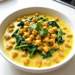 To make coconut curry chickpeas, gather these main ingredients: - 2 cans (15 oz each) chickpeas, drained and rinsed - 1 can (14 oz) coconut milk - 1 tablespoon coconut oil (or vegetable oil) - 1 medium onion, finely chopped - 3 cloves garlic, minced - 1 tablespoon fresh ginger, grated - 1 tablespoon red curry paste - 1 teaspoon ground cumin - 1 teaspoon turmeric powder - 1 tablespoon brown sugar - 1 cup vegetable broth - 1 cup spinach (fresh or frozen) - Juice of 1 lime - Salt and pepper to taste - Fresh cilantro for garnish These ingredients bring a rich and creamy flavor to the dish. The chickpeas add protein and fiber, making this meal wholesome and filling. You can enhance the flavors with these optional ingredients: - 1 bell pepper, chopped - 1 carrot, sliced - 1 tablespoon soy sauce or tamari - Fresh chili for heat - Chopped green onions for garnish These additions can make the dish more colorful and add extra crunch. They also let you adjust the flavor to your liking. To cook this dish, you will need: - A large pot or skillet - A cutting board - A sharp knife - A wooden spoon or spatula - Measuring cups and spoons - A can opener Having the right tools makes cooking easier and more enjoyable. The large pot helps you mix everything well, while the cutting board keeps your workspace tidy. {{ingredient_image_1}} Start by heating coconut oil in a large pot over medium heat. Add the finely chopped onion. Saut&eacute; the onion until it turns translucent, which takes about five minutes. This step builds a nice base for your dish. Next, add minced garlic and grated ginger. Cook them for one more minute. You want to smell those lovely aromas! Now, it&rsquo;s time for the spices. Add red curry paste, ground cumin, and turmeric to the pot. Stir these in well. This helps the spices bloom. Cook the mixture for about two minutes. You will see the color change, and that&rsquo;s a good sign! Pour in one can of coconut milk and one cup of vegetable broth. Stir everything together to mix it well. Now, it&rsquo;s time to add the star of the show: the chickpeas! Use two cans, drained and rinsed. Toss them into the pot along with one tablespoon of brown sugar. Add salt and pepper to taste. Bring this to a gentle simmer. Let it cook for 15 to 20 minutes, stirring occasionally. The chickpeas will soak up all those amazing flavors. If you are using fresh spinach, add it in the last five minutes of cooking. For frozen spinach, add it in with the chickpeas. This way, the spinach stays bright and fresh. Once the cooking time is up, squeeze in the juice of one lime. Stir well and taste it. Adjust seasoning if you need to. Finally, serve your coconut curry chickpeas hot, garnished with fresh cilantro. Enjoy your flavorful vegan delight! You can change the heat in your coconut curry. Start with one tablespoon of red curry paste. If you like it spicy, add more. Taste as you go. This lets you find the right level for you. Remember, you can always add more, but it's hard to take it away. To boost flavor, try adding lime juice at the end. It brightens the dish. Fresh cilantro also adds a nice touch. You can mix in other veggies too. Bell peppers or carrots work well. They add color and crunch. Don't forget to season with salt and pepper to taste. This brings all the flavors together. One mistake is not cooking the spices enough. Always bloom your spices for a few minutes. This helps unlock their full flavor. Also, watch the cooking time. Overcooking spinach can make it mushy. Add it in at the right time. Lastly, don't skip the lime juice. It adds a fresh kick that you don't want to miss! Pro Tips Adjust the Spice Level: If you prefer a milder curry, start with half the amount of red curry paste and add more to taste as it cooks. Use Fresh Herbs: Adding fresh herbs like basil or mint along with cilantro can elevate the flavor profile of the dish. Make it Creamier: For a creamier texture, blend a portion of the chickpeas into the sauce before adding the remaining chickpeas back in. Serve with Sides: This dish pairs beautifully with jasmine rice or naan to soak up the delicious curry sauce. {{image_2}} You can easily swap ingredients in this recipe. If you need a nut-free option, avoid coconut milk. Use oat milk or soy milk instead. For gluten-free, ensure all your sauces are gluten-free. You can also use fresh herbs like basil if you prefer a different flavor. Chickpeas are great, but you can try other proteins too. Tofu works well and absorbs flavors nicely. Tempeh adds a nice texture and protein boost. If you want a meaty option, chicken or shrimp can be used. Just adjust cooking times as needed. You have options for cooking this dish. You can use a slow cooker for a hands-off approach. Just add all ingredients and cook on low for 6-8 hours. An Instant Pot is another fast option. Saut&eacute; first, then pressure cook for about 10 minutes. Each method gives you a tasty result! After cooking, let your coconut curry chickpeas cool down. Once cooled, transfer them to an airtight container. Store them in the fridge for up to 4 days. Make sure to label your container with the date. This way, you know when to enjoy your delicious meal again. You can freeze coconut curry chickpeas for later use. Pour the cooled curry into a freezer-safe container. Leave some space at the top, as the liquid expands when frozen. Seal and label the container. Your chickpeas will stay fresh in the freezer for up to 3 months. To use, thaw in the fridge overnight before reheating. To reheat, you can use a pot or microwave. If using a pot, heat over medium-low, stirring often. Add a splash of water or broth if it looks too thick. For the microwave, place in a microwave-safe dish. Cover it loosely and heat for 1-2 minutes. Stir halfway to ensure even warming. Enjoy your meal hot! Yes, you can use dried chickpeas. However, they need extra time to cook. Soak them overnight and cook until tender before adding them to the curry. This gives you a fresh taste and a firmer texture. You can serve coconut curry chickpeas with rice, quinoa, or naan bread. A side salad can also add freshness. Try adding some roasted vegetables for more flavor and nutrition. Yes, this recipe is vegan-friendly. It uses coconut milk and chickpeas as the main ingredients. You can enjoy it without any animal products. It's a great option for plant-based diets. The coconut curry can last about 4 to 5 days in the fridge. Store it in an airtight container to keep it fresh. Always reheat it gently before enjoying it again. We covered all the essential steps for making coconut curry chickpeas. You learned about the main and optional ingredients, equipment needed, and a detailed cooking guide. I shared tips for adjusting spice levels and avoiding common mistakes. You also saw how to customize the dish for different diets. Cooking is fun, and this recipe is easy to make. With practice, you will impress your friends and family. Enjoy your curry today!