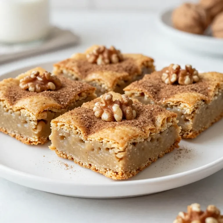 To make Snickerdoodle Blondie Bars, you need these simple ingredients: - 1 cup unsalted butter, melted - 1 1/2 cups brown sugar, packed - 2 large eggs - 1 tablespoon vanilla extract - 2 cups all-purpose flour - 1 teaspoon baking powder - 1/2 teaspoon baking soda - 1/2 teaspoon salt - 1 tablespoon cinnamon - 1/4 cup granulated sugar (for topping) - 1/4 cup chopped walnuts (optional) Using these ingredients, you will create a treat that is soft, sweet, and full of flavor. The melted butter gives the bars a rich taste. Brown sugar adds a hint of caramel, while cinnamon brings warmth. You can skip the walnuts if you prefer a nut-free version. This recipe is flexible and easy to follow. Each ingredient plays a role in making these bars a delicious dessert. {{ingredient_image_1}} - Preheat your oven to 350°F (175°C). - Grease a 9x13 inch baking pan or line it with parchment paper. - In a large bowl, whisk together melted butter and brown sugar until smooth. - Add in the eggs and vanilla extract. Whisk until fully combined. - In a separate bowl, mix flour, baking powder, baking soda, salt, and cinnamon together. - Gradually mix the dry ingredients into the wet mixture. Stir until just combined. - If you want extra crunch, fold in chopped walnuts. - Pour the batter into the baking pan. Spread it evenly. - In a small bowl, combine granulated sugar and cinnamon. Sprinkle it over the batter. - Bake for 25-30 minutes. The edges should turn golden. Check with a toothpick; it should come out clean. - Let the bars cool in the pan for 10 minutes. Transfer them to a wire rack to cool completely. - Cut the bars into squares. Serve them warm or at room temperature. - These bars pair well with milk, coffee, or tea for a tasty treat. How to avoid overmixing To keep your blondies soft, mix just until combined. After adding the dry ingredients, stir gently. Overmixing can make them tough. When you see no flour streaks, stop mixing. Checking for doneness Check your bars at 25 minutes. Insert a toothpick into the center. If it comes out clean, your blondies are done. If it has wet batter, bake for a few more minutes. Best ways to store bars Let the bars cool completely. Store them in an airtight container. They stay fresh at room temperature for up to four days. If you want them to last longer, refrigerate them. Reheating instructions To enjoy warm bars, preheat your oven to 350°F. Place the bars on a baking sheet. Heat for about 5 to 10 minutes. This brings back their soft texture and warm flavor. Creative serving suggestions Cut the bars into fun shapes using cookie cutters. Serve them with a scoop of vanilla ice cream on top. This adds a creamy touch that pairs well with the cinnamon. Topping ideas to enhance flavor Sprinkle extra cinnamon sugar on top before serving. You can also drizzle melted chocolate for a sweet twist. For a nutty crunch, add more chopped walnuts on top. Pro Tips Use Room Temperature Ingredients: Make sure your eggs are at room temperature before adding them to the batter. This helps create a smoother texture and better incorporation of ingredients. Don't Overmix: When combining the wet and dry ingredients, mix just until you see no more flour. Overmixing can result in tough blondies. Cool Completely: Allow the blondies to cool completely before cutting them into squares. This helps them set and makes for cleaner cuts. Customize Your Nuts: Feel free to substitute walnuts with pecans or even chocolate chips for a different flavor profile. Experiment to find your favorite combination! {{image_2}} You can easily change the taste of your snickerdoodle blondie bars. Here are a few ideas: - Adding chocolate chips: Chocolate chips bring richness. Add a cup to the batter. They melt and create gooey pockets of chocolate. - Using different nuts: Walnuts add crunch, but you can try almonds or pecans. Just fold in about 1/4 cup of your favorite nuts. Making your bars fit dietary needs is simple. Here are some options: - Gluten-free substitutes: Use a gluten-free flour blend. This keeps the texture soft and chewy. - Vegan alternatives: Swap eggs with flaxseed meal or applesauce. Use vegan butter for a dairy-free option. You can make these bars match the seasons. Here are some fun ideas: - Fall-inspired variations: Add pumpkin puree and spices like nutmeg for a cozy flavor. It’s perfect for autumn gatherings. - Holiday-themed adaptations: Mix in dried cranberries or white chocolate for a festive touch. These bars become a great holiday treat. Store your snickerdoodle blondie bars in airtight containers. This keeps them fresh and soft. If you want to keep them at room temperature, they will last a few days. For longer freshness, refrigeration is best. Just remember to bring them back to room temp before serving for the best taste. To freeze your blondie bars, first, let them cool completely. Then, cut them into squares. Wrap each square in plastic wrap. Place the wrapped bars in a freezer-safe bag or container. When you want to enjoy them, take out a few bars and let them thaw at room temperature for about an hour. These delicious bars last about one week at room temperature. If you refrigerate them, they can last up to two weeks. Always check for signs of spoilage. If they smell off or have mold, it’s best to toss them. Can I use salted butter? Yes, you can use salted butter. It adds a nice flavor. Just skip the added salt in the recipe. What if I don't have brown sugar? You can use white sugar instead. For a similar taste, add a bit of molasses. Mix one cup of white sugar with one tablespoon of molasses for a quick brown sugar substitute. Why are my bars too dry? Your bars may be too dry if you bake them too long. Keep an eye on them. If the edges are golden and a toothpick comes out clean, it's time to remove them from the oven. How to fix overbaked blondies? If your blondies are overbaked, you can serve them warm with ice cream. The creaminess of the ice cream will help balance the dryness. Can I replace eggs? Yes, you can replace eggs with applesauce or mashed banana. Use 1/4 cup of either for each egg. Alternatives for all-purpose flour? You can use almond flour or oat flour as a substitute. Just remember that these flours may change the texture a bit. This post covered all you need for perfect blondies. We detailed key ingredients, gave step-by-step instructions, and shared tips to avoid mistakes. You'll now know how to store them right and even tweak recipes for your needs. Remember, the joy of baking is in the little changes you make. Enjoy creating your blondies and experimenting with flavors. Happy baking!