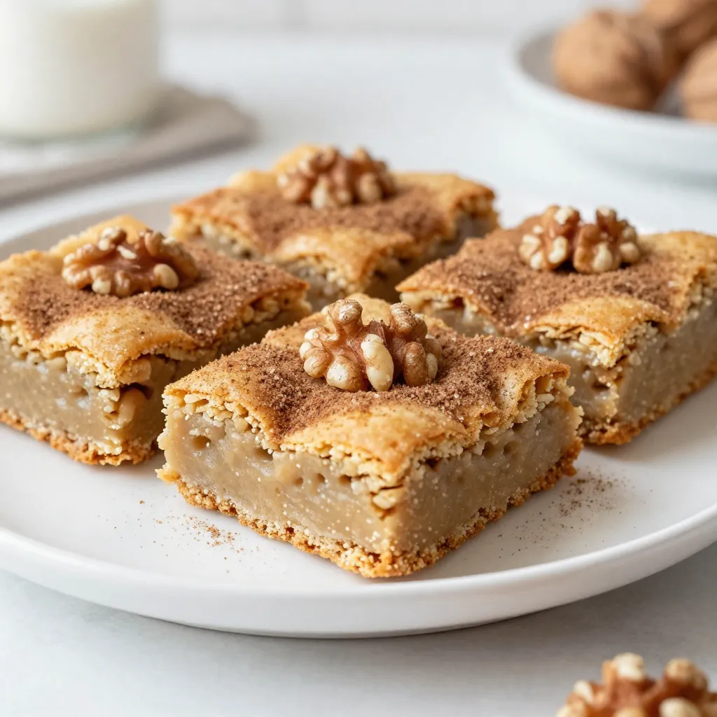 To make Snickerdoodle Blondie Bars, you need these simple ingredients: - 1 cup unsalted butter, melted - 1 1/2 cups brown sugar, packed - 2 large eggs - 1 tablespoon vanilla extract - 2 cups all-purpose flour - 1 teaspoon baking powder - 1/2 teaspoon baking soda - 1/2 teaspoon salt - 1 tablespoon cinnamon - 1/4 cup granulated sugar (for topping) - 1/4 cup chopped walnuts (optional) Using these ingredients, you will create a treat that is soft, sweet, and full of flavor. The melted butter gives the bars a rich taste. Brown sugar adds a hint of caramel, while cinnamon brings warmth. You can skip the walnuts if you prefer a nut-free version. This recipe is flexible and easy to follow. Each ingredient plays a role in making these bars a delicious dessert. {{ingredient_image_1}} - Preheat your oven to 350°F (175°C). - Grease a 9x13 inch baking pan or line it with parchment paper. - In a large bowl, whisk together melted butter and brown sugar until smooth. - Add in the eggs and vanilla extract. Whisk until fully combined. - In a separate bowl, mix flour, baking powder, baking soda, salt, and cinnamon together. - Gradually mix the dry ingredients into the wet mixture. Stir until just combined. - If you want extra crunch, fold in chopped walnuts. - Pour the batter into the baking pan. Spread it evenly. - In a small bowl, combine granulated sugar and cinnamon. Sprinkle it over the batter. - Bake for 25-30 minutes. The edges should turn golden. Check with a toothpick; it should come out clean. - Let the bars cool in the pan for 10 minutes. Transfer them to a wire rack to cool completely. - Cut the bars into squares. Serve them warm or at room temperature. - These bars pair well with milk, coffee, or tea for a tasty treat. How to avoid overmixing To keep your blondies soft, mix just until combined. After adding the dry ingredients, stir gently. Overmixing can make them tough. When you see no flour streaks, stop mixing. Checking for doneness Check your bars at 25 minutes. Insert a toothpick into the center. If it comes out clean, your blondies are done. If it has wet batter, bake for a few more minutes. Best ways to store bars Let the bars cool completely. Store them in an airtight container. They stay fresh at room temperature for up to four days. If you want them to last longer, refrigerate them. Reheating instructions To enjoy warm bars, preheat your oven to 350°F. Place the bars on a baking sheet. Heat for about 5 to 10 minutes. This brings back their soft texture and warm flavor. Creative serving suggestions Cut the bars into fun shapes using cookie cutters. Serve them with a scoop of vanilla ice cream on top. This adds a creamy touch that pairs well with the cinnamon. Topping ideas to enhance flavor Sprinkle extra cinnamon sugar on top before serving. You can also drizzle melted chocolate for a sweet twist. For a nutty crunch, add more chopped walnuts on top. Pro Tips Use Room Temperature Ingredients: Make sure your eggs are at room temperature before adding them to the batter. This helps create a smoother texture and better incorporation of ingredients. Don't Overmix: When combining the wet and dry ingredients, mix just until you see no more flour. Overmixing can result in tough blondies. Cool Completely: Allow the blondies to cool completely before cutting them into squares. This helps them set and makes for cleaner cuts. Customize Your Nuts: Feel free to substitute walnuts with pecans or even chocolate chips for a different flavor profile. Experiment to find your favorite combination! {{image_2}} You can easily change the taste of your snickerdoodle blondie bars. Here are a few ideas: - Adding chocolate chips: Chocolate chips bring richness. Add a cup to the batter. They melt and create gooey pockets of chocolate. - Using different nuts: Walnuts add crunch, but you can try almonds or pecans. Just fold in about 1/4 cup of your favorite nuts. Making your bars fit dietary needs is simple. Here are some options: - Gluten-free substitutes: Use a gluten-free flour blend. This keeps the texture soft and chewy. - Vegan alternatives: Swap eggs with flaxseed meal or applesauce. Use vegan butter for a dairy-free option. You can make these bars match the seasons. Here are some fun ideas: - Fall-inspired variations: Add pumpkin puree and spices like nutmeg for a cozy flavor. It’s perfect for autumn gatherings. - Holiday-themed adaptations: Mix in dried cranberries or white chocolate for a festive touch. These bars become a great holiday treat. Store your snickerdoodle blondie bars in airtight containers. This keeps them fresh and soft. If you want to keep them at room temperature, they will last a few days. For longer freshness, refrigeration is best. Just remember to bring them back to room temp before serving for the best taste. To freeze your blondie bars, first, let them cool completely. Then, cut them into squares. Wrap each square in plastic wrap. Place the wrapped bars in a freezer-safe bag or container. When you want to enjoy them, take out a few bars and let them thaw at room temperature for about an hour. These delicious bars last about one week at room temperature. If you refrigerate them, they can last up to two weeks. Always check for signs of spoilage. If they smell off or have mold, it’s best to toss them. Can I use salted butter? Yes, you can use salted butter. It adds a nice flavor. Just skip the added salt in the recipe. What if I don't have brown sugar? You can use white sugar instead. For a similar taste, add a bit of molasses. Mix one cup of white sugar with one tablespoon of molasses for a quick brown sugar substitute. Why are my bars too dry? Your bars may be too dry if you bake them too long. Keep an eye on them. If the edges are golden and a toothpick comes out clean, it's time to remove them from the oven. How to fix overbaked blondies? If your blondies are overbaked, you can serve them warm with ice cream. The creaminess of the ice cream will help balance the dryness. Can I replace eggs? Yes, you can replace eggs with applesauce or mashed banana. Use 1/4 cup of either for each egg. Alternatives for all-purpose flour? You can use almond flour or oat flour as a substitute. Just remember that these flours may change the texture a bit. This post covered all you need for perfect blondies. We detailed key ingredients, gave step-by-step instructions, and shared tips to avoid mistakes. You'll now know how to store them right and even tweak recipes for your needs. Remember, the joy of baking is in the little changes you make. Enjoy creating your blondies and experimenting with flavors. Happy baking!
