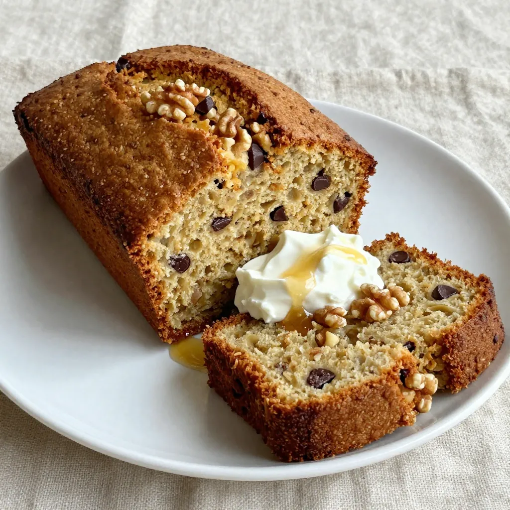 - 3 ripe bananas - 1 cup plain Greek yogurt - 1/2 cup brown sugar - 1/4 cup honey - 2 large eggs - 1 teaspoon vanilla extract - 1 teaspoon baking soda - 1/2 teaspoon baking powder - 1/2 teaspoon salt - 1 and 1/2 cups all-purpose flour - 1 teaspoon ground cinnamon - 1/2 cup chopped walnuts or pecans (optional) - 1/4 cup chocolate chips (optional) In this recipe, I use ripe bananas. They add natural sweetness and moisture. Greek yogurt makes the bread soft and rich. You can use plain yogurt if needed, but Greek yogurt gives it a nice tang. For sweetness, I add brown sugar and honey. Brown sugar adds depth, while honey brings a floral note. I use two large eggs to help bind the bread. Vanilla extract adds a lovely aroma. Baking soda and baking powder help the bread rise well. I mix in all-purpose flour and ground cinnamon for a warm flavor. You can add chopped walnuts or pecans for crunch. Chocolate chips are a fun touch, too! Each ingredient plays a key role. Choose quality ingredients for the best taste. {{ingredient_image_1}} - Preheat oven to 350°F (175°C). - Prepare a 9x5 inch loaf pan by greasing it or lining it with parchment paper. - In a large bowl, mash 3 ripe bananas. - Add 1 cup of plain Greek yogurt. - Stir in 1/2 cup of brown sugar and 1/4 cup of honey. - Crack in 2 large eggs and add 1 teaspoon of vanilla extract. - Mix until everything is smooth and well combined. - In another bowl, whisk together: - 1 teaspoon baking soda - 1/2 teaspoon baking powder - 1/2 teaspoon salt - 1 and 1/2 cups all-purpose flour - 1 teaspoon ground cinnamon - Gradually add the dry mix to the wet mix. - Gently fold them together until just combined. - Be careful not to over-mix; this keeps the bread light and fluffy. - If you like, fold in 1/2 cup of chopped walnuts or pecans. - You can also add 1/4 cup of chocolate chips for extra sweetness. - Pour the batter into the prepared loaf pan. - Use a spatula to smooth the top. - Bake in the preheated oven for 55-65 minutes. - Check with a toothpick; it should come out clean when done. Using Greek yogurt in baking adds moisture and protein. It makes your banana bread soft and fluffy. Greek yogurt also gives a slight tang that balances the sweetness. To get the best texture, mix the yogurt well with the wet ingredients. This ensures an even blend. Over-mixing is a common mistake. It can lead to dense banana bread. Mix just until the ingredients combine. This keeps the bread light and airy. Another tip is to check your oven temperature. If it’s too hot or cold, your bread may bake unevenly. Use an oven thermometer to be sure. To serve, slice the banana bread warm. A dollop of Greek yogurt on top adds creaminess. Sprinkle some nuts for a nice crunch. You can also drizzle honey over the slices. This extra touch makes each bite sweet and delightful. Pro Tips Ripe Bananas are Key: The riper the bananas, the sweeter and more flavorful your bread will be. Look for bananas with lots of brown spots for the best results. Don’t Overmix: To ensure a light and fluffy texture, mix the wet and dry ingredients until just combined. Overmixing can lead to a dense loaf. Cooling Time Matters: Allowing the bread to cool in the pan for a few minutes helps it set, making it easier to remove without breaking. Customization Options: Feel free to experiment with add-ins like dried fruits, seeds, or different nuts to personalize your banana bread to your taste. {{image_2}} You can make Greek yogurt banana bread even healthier. Start by swapping brown sugar. Try using coconut sugar or maple syrup instead. Both add sweetness and flavor. They also have less impact on blood sugar. Another simple change is to use whole wheat flour. This adds fiber and nutrients. Whole wheat flour makes the bread heartier. To boost the flavor, add spices like nutmeg or ginger. A little nutmeg gives warmth and depth. Ginger adds a nice zing. You can also mix in dried fruits or seeds. Raisins, cranberries, or sunflower seeds work well. They add texture and taste to your bread. Banana bread pairs well with spreads. Try almond butter, peanut butter, or cream cheese. These spreads take your bread to the next level. You can also create banana bread muffins. Just pour the batter into muffin tins. Bake for about 20-25 minutes. This way, you have easy, grab-and-go snacks. To keep your banana bread fresh, wrap it tightly in plastic wrap. You can also place it in an airtight container. This helps prevent it from drying out. If you want to store it longer, freeze it. Slice the bread before freezing for easy servings. Use freezer-safe bags or containers to keep it safe. Fresh banana bread lasts about 3 to 4 days in the fridge. If you freeze it, it can stay good for up to 3 months. Just remember to label your container with the date! To reheat your banana bread, use the oven or microwave. If you use the oven, preheat it to 350°F (175°C). Place the bread on a baking sheet and warm it for about 10 minutes. This will keep it moist and tasty. If you prefer the microwave, heat a slice for about 15 to 20 seconds. Check to make sure it doesn’t get too hot, as that can dry it out. Enjoy your warm banana bread with a bit of Greek yogurt or honey on top! Yes, you can use other ingredients. Sour cream works well in place of Greek yogurt. You can also try using applesauce for a lower-fat option. These substitutes keep the bread moist and tasty. To check for doneness, insert a toothpick into the center. If it comes out clean, the bread is done. You can also gently press the top. It should spring back when it's ready. This recipe is not gluten-free as it includes all-purpose flour. To make it gluten-free, use a gluten-free flour blend. This change helps achieve the right texture without gluten. You can make this recipe vegan by substituting eggs. Use flax eggs or applesauce instead. Additionally, choose a plant-based yogurt for a fully vegan option. This way, you keep it delicious and plant-based. Greek yogurt adds protein, which supports muscle health. It also provides probiotics for gut health. Additionally, it lowers fat compared to butter or oil. This makes your banana bread lighter and healthier. This blog post outlined a simple way to make Greek yogurt banana bread. You learned about essential ingredients and step-by-step instructions to achieve great results. Tips helped you avoid common baking mistakes, while variations offered creative options. Remember, using Greek yogurt gives your bread moisture and richness. Now, grab your ingredients and enjoy the process. You will create a delicious treat that everyone will love! Happy baking!
