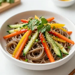 - 8 oz soba noodles (or rice noodles) - 1 cup carrot, julienned - 1 bell pepper (red or yellow), thinly sliced - 1 cucumber, thinly sliced - &frac14; cup green onions, sliced - &frac14; cup cilantro, roughly chopped - 2 tablespoons sesame oil - 3 tablespoons soy sauce (or tamari for gluten-free) - 1 tablespoon rice vinegar - 1 tablespoon fresh ginger, minced - 2 cloves garlic, minced - 1 tablespoon honey or maple syrup - 2 tablespoons toasted sesame seeds - Salt and pepper to taste You can customize this salad easily for your diet. If you want it vegan, swap honey for maple syrup. For gluten-free, use tamari instead of soy sauce. Fresh produce shines in this dish. The crunch of carrots and cucumbers adds a nice texture. The bell pepper brings sweetness and color. Green onions and cilantro give it a fresh finish. Soba noodles are great for this salad. They are a good source of protein and fiber. Rice noodles work too if you prefer them. Both options absorb the flavors well. This dish is simple, yet full of flavor. You can make it in about 15 minutes. Gather your ingredients, and let&rsquo;s dive into this tasty recipe! {{ingredient_image_1}} To cook the noodles, start with a large pot. Fill it with water and add salt. Bring the water to a boil. Add 8 oz of soba noodles or rice noodles to the pot. Cook them according to package instructions, usually around 5 to 7 minutes. Stir occasionally to prevent sticking. You want them al dente, firm but not hard. When done, drain the noodles. Rinse them under cold water to stop cooking. Drain again and set aside. This keeps them from getting mushy. For the dressing, take a small bowl. Add 2 tablespoons of sesame oil, 1 tablespoon of minced ginger, and 2 cloves of minced garlic. Then, pour in 3 tablespoons of soy sauce, 1 tablespoon of rice vinegar, and 1 tablespoon of honey or maple syrup. Use a whisk to mix everything well. This helps all the flavors blend. Taste it and adjust seasoning. Add salt and pepper as needed. You can make it sweeter or saltier to fit your taste. In a large bowl, combine the cooked noodles, 1 cup of julienned carrots, 1 thinly sliced bell pepper, and 1 thinly sliced cucumber. Add &frac14; cup of sliced green onions and &frac14; cup of roughly chopped cilantro. Pour the dressing over this mixture. Toss gently to mix. Be careful not to break the noodles. Use a spatula or your hands to toss. This keeps everything intact. Finally, sprinkle 2 tablespoons of toasted sesame seeds on top and give it one last gentle toss. If you want, chill the salad for 30 minutes to let the flavors meld. To make your sesame ginger noodle salad shine, balance sweetness and saltiness. The honey or maple syrup adds a sweet touch, while soy sauce gives it saltiness. Taste as you mix. If it feels too sweet, add a splash of soy sauce. If it&rsquo;s too salty, add a bit more honey. For some heat, try adding crushed red pepper flakes or a splash of sriracha. You can also swap the ginger for garlic if you prefer. Each spice adds a new twist to the flavor. Serve your salad in a large bowl or on individual plates for a nice touch. A colorful display makes the dish more appealing. Use a mix of colorful veggies to brighten the plate. Garnish with extra cilantro and sesame seeds on top. This adds flavor and makes it look pretty. You can even add sliced radishes or edible flowers for a pop of color. Prep your veggies ahead of time. You can slice your carrots, bell peppers, and cucumbers the day before. Store them in the fridge for quick access. Need to save even more time? Use pre-cooked noodles or grab a bag of pre-cut veggies. This way, you can whip up your sesame ginger noodle salad in under 20 minutes. Perfect for busy days! Pro Tips Use Fresh Ingredients: Fresh vegetables and herbs will enhance the flavor of your salad significantly. Try to use organic produce whenever possible for the best taste. Toast Your Sesame Seeds: Toasting sesame seeds before adding them to the salad brings out their nutty flavor and adds a delightful crunch to the dish. Customize Your Veggies: Feel free to mix and match vegetables based on what you have on hand or your personal preferences. Broccoli, snap peas, or radishes can all be great additions! Make it Ahead: This salad keeps well in the fridge, making it a perfect make-ahead meal. Just give it a good toss before serving to redistribute the dressing. {{image_2}} You can switch up the noodles in this salad. If you're gluten-free, use rice noodles. They taste great and keep the dish light. For a fun twist, try zucchini noodles. They are low in carbs and add a fresh crunch. If you want a grain-free option, look for shirataki noodles. They are made from konjac yam and are very low in calories. Feel free to mix in more veggies. Snap peas, radishes, or broccoli work well in this salad. Use what you enjoy or what&rsquo;s in season. You can sneak in protein, too. Tofu is a great option. Just cube it and toss it in. Edamame offers a boost of protein and texture. Want to change the flavor? Try peanut sauce instead of sesame dressing. It adds a nutty taste that pairs well with the noodles. Tahini is another great choice. It gives a creamy texture and a rich flavor. For those who like spice, add sriracha or chili flakes. They will give your salad a nice kick that wakes up your taste buds. To keep your sesame ginger noodle salad fresh, use an airtight container. Glass containers work well, as they do not stain and are easy to clean. Store the salad in the fridge for up to three days. After that, the freshness will start to fade, and the noodles may become mushy. If you want to reheat the noodles, do it gently. Heat them in a pan with a splash of water or a bit of sesame oil. This keeps them moist and prevents sticking. Avoid reheating the salad as a whole to keep the veggies crisp. Serve the salad cold or at room temperature for the best taste. You can freeze the soba noodles if you need to save them. Cook them first, then let them cool. Pack them in freezer-safe bags. You can freeze the dressing too. However, I do not recommend freezing the veggies. They may lose their crunch when thawed. For the best flavor and texture, enjoy this salad fresh! To make this salad vegan, swap honey for maple syrup. Use soy sauce or tamari to keep it gluten-free. These easy changes keep the flavors bright and tasty. You won&rsquo;t miss the honey! Yes, you can! I recommend prepping it about 30 minutes before serving. This chill time helps the flavors blend well. However, don&rsquo;t let it sit too long, as the noodles may get soggy. This salad pairs well with many dishes. Try grilled chicken or tofu for protein. You can also serve it with spring rolls or dumplings. These sides will balance your meal nicely and add variety! This blog post covered how to make a tasty Sesame Ginger Noodle Salad. We discussed the main ingredients, step-by-step cooking, and tips for flavor and presentation. You can adjust the recipe for your dietary needs or preferences. Remember, this salad is easy to make ahead and can be stored well. I hope you&rsquo;re inspired to create your own version. Enjoy experimenting with flavors and making it your own!
