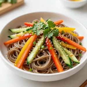 - 8 oz soba noodles (or rice noodles) - 1 cup carrot, julienned - 1 bell pepper (red or yellow), thinly sliced - 1 cucumber, thinly sliced - &frac14; cup green onions, sliced - &frac14; cup cilantro, roughly chopped - 2 tablespoons sesame oil - 3 tablespoons soy sauce (or tamari for gluten-free) - 1 tablespoon rice vinegar - 1 tablespoon fresh ginger, minced - 2 cloves garlic, minced - 1 tablespoon honey or maple syrup - 2 tablespoons toasted sesame seeds - Salt and pepper to taste You can customize this salad easily for your diet. If you want it vegan, swap honey for maple syrup. For gluten-free, use tamari instead of soy sauce. Fresh produce shines in this dish. The crunch of carrots and cucumbers adds a nice texture. The bell pepper brings sweetness and color. Green onions and cilantro give it a fresh finish. Soba noodles are great for this salad. They are a good source of protein and fiber. Rice noodles work too if you prefer them. Both options absorb the flavors well. This dish is simple, yet full of flavor. You can make it in about 15 minutes. Gather your ingredients, and let&rsquo;s dive into this tasty recipe! {{ingredient_image_1}} To cook the noodles, start with a large pot. Fill it with water and add salt. Bring the water to a boil. Add 8 oz of soba noodles or rice noodles to the pot. Cook them according to package instructions, usually around 5 to 7 minutes. Stir occasionally to prevent sticking. You want them al dente, firm but not hard. When done, drain the noodles. Rinse them under cold water to stop cooking. Drain again and set aside. This keeps them from getting mushy. For the dressing, take a small bowl. Add 2 tablespoons of sesame oil, 1 tablespoon of minced ginger, and 2 cloves of minced garlic. Then, pour in 3 tablespoons of soy sauce, 1 tablespoon of rice vinegar, and 1 tablespoon of honey or maple syrup. Use a whisk to mix everything well. This helps all the flavors blend. Taste it and adjust seasoning. Add salt and pepper as needed. You can make it sweeter or saltier to fit your taste. In a large bowl, combine the cooked noodles, 1 cup of julienned carrots, 1 thinly sliced bell pepper, and 1 thinly sliced cucumber. Add &frac14; cup of sliced green onions and &frac14; cup of roughly chopped cilantro. Pour the dressing over this mixture. Toss gently to mix. Be careful not to break the noodles. Use a spatula or your hands to toss. This keeps everything intact. Finally, sprinkle 2 tablespoons of toasted sesame seeds on top and give it one last gentle toss. If you want, chill the salad for 30 minutes to let the flavors meld. To make your sesame ginger noodle salad shine, balance sweetness and saltiness. The honey or maple syrup adds a sweet touch, while soy sauce gives it saltiness. Taste as you mix. If it feels too sweet, add a splash of soy sauce. If it&rsquo;s too salty, add a bit more honey. For some heat, try adding crushed red pepper flakes or a splash of sriracha. You can also swap the ginger for garlic if you prefer. Each spice adds a new twist to the flavor. Serve your salad in a large bowl or on individual plates for a nice touch. A colorful display makes the dish more appealing. Use a mix of colorful veggies to brighten the plate. Garnish with extra cilantro and sesame seeds on top. This adds flavor and makes it look pretty. You can even add sliced radishes or edible flowers for a pop of color. Prep your veggies ahead of time. You can slice your carrots, bell peppers, and cucumbers the day before. Store them in the fridge for quick access. Need to save even more time? Use pre-cooked noodles or grab a bag of pre-cut veggies. This way, you can whip up your sesame ginger noodle salad in under 20 minutes. Perfect for busy days! Pro Tips Use Fresh Ingredients: Fresh vegetables and herbs will enhance the flavor of your salad significantly. Try to use organic produce whenever possible for the best taste. Toast Your Sesame Seeds: Toasting sesame seeds before adding them to the salad brings out their nutty flavor and adds a delightful crunch to the dish. Customize Your Veggies: Feel free to mix and match vegetables based on what you have on hand or your personal preferences. Broccoli, snap peas, or radishes can all be great additions! Make it Ahead: This salad keeps well in the fridge, making it a perfect make-ahead meal. Just give it a good toss before serving to redistribute the dressing. {{image_2}} You can switch up the noodles in this salad. If you're gluten-free, use rice noodles. They taste great and keep the dish light. For a fun twist, try zucchini noodles. They are low in carbs and add a fresh crunch. If you want a grain-free option, look for shirataki noodles. They are made from konjac yam and are very low in calories. Feel free to mix in more veggies. Snap peas, radishes, or broccoli work well in this salad. Use what you enjoy or what&rsquo;s in season. You can sneak in protein, too. Tofu is a great option. Just cube it and toss it in. Edamame offers a boost of protein and texture. Want to change the flavor? Try peanut sauce instead of sesame dressing. It adds a nutty taste that pairs well with the noodles. Tahini is another great choice. It gives a creamy texture and a rich flavor. For those who like spice, add sriracha or chili flakes. They will give your salad a nice kick that wakes up your taste buds. To keep your sesame ginger noodle salad fresh, use an airtight container. Glass containers work well, as they do not stain and are easy to clean. Store the salad in the fridge for up to three days. After that, the freshness will start to fade, and the noodles may become mushy. If you want to reheat the noodles, do it gently. Heat them in a pan with a splash of water or a bit of sesame oil. This keeps them moist and prevents sticking. Avoid reheating the salad as a whole to keep the veggies crisp. Serve the salad cold or at room temperature for the best taste. You can freeze the soba noodles if you need to save them. Cook them first, then let them cool. Pack them in freezer-safe bags. You can freeze the dressing too. However, I do not recommend freezing the veggies. They may lose their crunch when thawed. For the best flavor and texture, enjoy this salad fresh! To make this salad vegan, swap honey for maple syrup. Use soy sauce or tamari to keep it gluten-free. These easy changes keep the flavors bright and tasty. You won&rsquo;t miss the honey! Yes, you can! I recommend prepping it about 30 minutes before serving. This chill time helps the flavors blend well. However, don&rsquo;t let it sit too long, as the noodles may get soggy. This salad pairs well with many dishes. Try grilled chicken or tofu for protein. You can also serve it with spring rolls or dumplings. These sides will balance your meal nicely and add variety! This blog post covered how to make a tasty Sesame Ginger Noodle Salad. We discussed the main ingredients, step-by-step cooking, and tips for flavor and presentation. You can adjust the recipe for your dietary needs or preferences. Remember, this salad is easy to make ahead and can be stored well. I hope you&rsquo;re inspired to create your own version. Enjoy experimenting with flavors and making it your own!