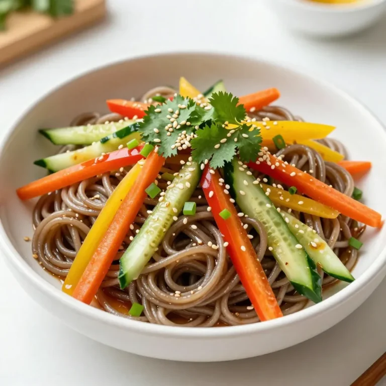 - 8 oz soba noodles (or rice noodles) - 1 cup carrot, julienned - 1 bell pepper (red or yellow), thinly sliced - 1 cucumber, thinly sliced - ¼ cup green onions, sliced - ¼ cup cilantro, roughly chopped - 2 tablespoons sesame oil - 3 tablespoons soy sauce (or tamari for gluten-free) - 1 tablespoon rice vinegar - 1 tablespoon fresh ginger, minced - 2 cloves garlic, minced - 1 tablespoon honey or maple syrup - 2 tablespoons toasted sesame seeds - Salt and pepper to taste You can customize this salad easily for your diet. If you want it vegan, swap honey for maple syrup. For gluten-free, use tamari instead of soy sauce. Fresh produce shines in this dish. The crunch of carrots and cucumbers adds a nice texture. The bell pepper brings sweetness and color. Green onions and cilantro give it a fresh finish. Soba noodles are great for this salad. They are a good source of protein and fiber. Rice noodles work too if you prefer them. Both options absorb the flavors well. This dish is simple, yet full of flavor. You can make it in about 15 minutes. Gather your ingredients, and let’s dive into this tasty recipe! {{ingredient_image_1}} To cook the noodles, start with a large pot. Fill it with water and add salt. Bring the water to a boil. Add 8 oz of soba noodles or rice noodles to the pot. Cook them according to package instructions, usually around 5 to 7 minutes. Stir occasionally to prevent sticking. You want them al dente, firm but not hard. When done, drain the noodles. Rinse them under cold water to stop cooking. Drain again and set aside. This keeps them from getting mushy. For the dressing, take a small bowl. Add 2 tablespoons of sesame oil, 1 tablespoon of minced ginger, and 2 cloves of minced garlic. Then, pour in 3 tablespoons of soy sauce, 1 tablespoon of rice vinegar, and 1 tablespoon of honey or maple syrup. Use a whisk to mix everything well. This helps all the flavors blend. Taste it and adjust seasoning. Add salt and pepper as needed. You can make it sweeter or saltier to fit your taste. In a large bowl, combine the cooked noodles, 1 cup of julienned carrots, 1 thinly sliced bell pepper, and 1 thinly sliced cucumber. Add ¼ cup of sliced green onions and ¼ cup of roughly chopped cilantro. Pour the dressing over this mixture. Toss gently to mix. Be careful not to break the noodles. Use a spatula or your hands to toss. This keeps everything intact. Finally, sprinkle 2 tablespoons of toasted sesame seeds on top and give it one last gentle toss. If you want, chill the salad for 30 minutes to let the flavors meld. To make your sesame ginger noodle salad shine, balance sweetness and saltiness. The honey or maple syrup adds a sweet touch, while soy sauce gives it saltiness. Taste as you mix. If it feels too sweet, add a splash of soy sauce. If it’s too salty, add a bit more honey. For some heat, try adding crushed red pepper flakes or a splash of sriracha. You can also swap the ginger for garlic if you prefer. Each spice adds a new twist to the flavor. Serve your salad in a large bowl or on individual plates for a nice touch. A colorful display makes the dish more appealing. Use a mix of colorful veggies to brighten the plate. Garnish with extra cilantro and sesame seeds on top. This adds flavor and makes it look pretty. You can even add sliced radishes or edible flowers for a pop of color. Prep your veggies ahead of time. You can slice your carrots, bell peppers, and cucumbers the day before. Store them in the fridge for quick access. Need to save even more time? Use pre-cooked noodles or grab a bag of pre-cut veggies. This way, you can whip up your sesame ginger noodle salad in under 20 minutes. Perfect for busy days! Pro Tips Use Fresh Ingredients: Fresh vegetables and herbs will enhance the flavor of your salad significantly. Try to use organic produce whenever possible for the best taste. Toast Your Sesame Seeds: Toasting sesame seeds before adding them to the salad brings out their nutty flavor and adds a delightful crunch to the dish. Customize Your Veggies: Feel free to mix and match vegetables based on what you have on hand or your personal preferences. Broccoli, snap peas, or radishes can all be great additions! Make it Ahead: This salad keeps well in the fridge, making it a perfect make-ahead meal. Just give it a good toss before serving to redistribute the dressing. {{image_2}} You can switch up the noodles in this salad. If you're gluten-free, use rice noodles. They taste great and keep the dish light. For a fun twist, try zucchini noodles. They are low in carbs and add a fresh crunch. If you want a grain-free option, look for shirataki noodles. They are made from konjac yam and are very low in calories. Feel free to mix in more veggies. Snap peas, radishes, or broccoli work well in this salad. Use what you enjoy or what’s in season. You can sneak in protein, too. Tofu is a great option. Just cube it and toss it in. Edamame offers a boost of protein and texture. Want to change the flavor? Try peanut sauce instead of sesame dressing. It adds a nutty taste that pairs well with the noodles. Tahini is another great choice. It gives a creamy texture and a rich flavor. For those who like spice, add sriracha or chili flakes. They will give your salad a nice kick that wakes up your taste buds. To keep your sesame ginger noodle salad fresh, use an airtight container. Glass containers work well, as they do not stain and are easy to clean. Store the salad in the fridge for up to three days. After that, the freshness will start to fade, and the noodles may become mushy. If you want to reheat the noodles, do it gently. Heat them in a pan with a splash of water or a bit of sesame oil. This keeps them moist and prevents sticking. Avoid reheating the salad as a whole to keep the veggies crisp. Serve the salad cold or at room temperature for the best taste. You can freeze the soba noodles if you need to save them. Cook them first, then let them cool. Pack them in freezer-safe bags. You can freeze the dressing too. However, I do not recommend freezing the veggies. They may lose their crunch when thawed. For the best flavor and texture, enjoy this salad fresh! To make this salad vegan, swap honey for maple syrup. Use soy sauce or tamari to keep it gluten-free. These easy changes keep the flavors bright and tasty. You won’t miss the honey! Yes, you can! I recommend prepping it about 30 minutes before serving. This chill time helps the flavors blend well. However, don’t let it sit too long, as the noodles may get soggy. This salad pairs well with many dishes. Try grilled chicken or tofu for protein. You can also serve it with spring rolls or dumplings. These sides will balance your meal nicely and add variety! This blog post covered how to make a tasty Sesame Ginger Noodle Salad. We discussed the main ingredients, step-by-step cooking, and tips for flavor and presentation. You can adjust the recipe for your dietary needs or preferences. Remember, this salad is easy to make ahead and can be stored well. I hope you’re inspired to create your own version. Enjoy experimenting with flavors and making it your own!