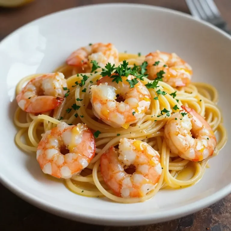 To make easy shrimp scampi linguine, gather these key ingredients: - 8 ounces linguine pasta - 1 pound large shrimp, peeled and deveined - 4 tablespoons unsalted butter - 4 cloves garlic, minced - 1/2 teaspoon red pepper flakes (adjust for spice) - 1 lemon, zested and juiced - 1/2 cup chicken broth (low sodium) - 1/4 cup fresh parsley, chopped - Salt and pepper, to taste - Grated Parmesan cheese, for serving (optional) Each ingredient plays a vital role. The linguine serves as a perfect base, while the shrimp offers a tender and juicy bite. Butter and garlic create a rich, savory sauce that makes this dish shine. Red pepper flakes add a bit of heat, and lemon gives it a bright finish. Fresh parsley adds color and freshness. If you like, top it all with Parmesan for a delicious touch. {{ingredient_image_1}} To start, fill a large pot with water. Add a good amount of salt to the water. Bring the water to a boil. Once boiling, add 8 ounces of linguine. Cook according to the package instructions until it is al dente. This usually takes about 8 to 10 minutes. To check for doneness, taste a strand of pasta. It should be firm but not hard. Once done, drain the pasta and set it aside. Make sure to save about a cup of the pasta water for later. Take 1 pound of large shrimp and pat them dry. Use paper towels to remove excess moisture. This step is key for a good sear. Next, season the shrimp lightly with salt and pepper. This simple seasoning will enhance the shrimp's natural flavors. In a large skillet, melt 2 tablespoons of unsalted butter over medium heat. Once the butter is melted, add 4 cloves of minced garlic and 1/2 teaspoon of red pepper flakes. Sauté them for about 1 minute until you can smell the garlic. This is when it gets fragrant. Now, add the shrimp to the skillet. Cook the shrimp for 2-3 minutes on each side. You know they are done when they turn pink and opaque. Remove the shrimp from the skillet and set them aside. In the same skillet, pour in 1/2 cup of low-sodium chicken broth. Add the juice and zest of 1 lemon. Bring this mixture to a simmer. Let it reduce slightly for about 2-3 minutes. After that, stir in the remaining 2 tablespoons of butter until it melts. This will create a rich sauce. Next, return the cooked shrimp to the skillet. Add the drained linguine as well. If the sauce looks too thick, add some of that reserved pasta water. This will help reach the desired consistency. Toss everything together until the pasta is well coated in the sauce. Finally, stir in 1/4 cup of chopped fresh parsley. Taste the dish and adjust seasoning with more salt and pepper if needed. For serving, plate the linguine in bowls. You can sprinkle some grated Parmesan cheese on top if you like. A little extra squeeze of lemon also adds brightness. Enjoy your easy shrimp scampi linguine! To cook linguine perfectly, start with a large pot of water. Add a good amount of salt. This helps flavor the pasta. Bring the water to a rolling boil before adding the linguine. Cook it for about 8-10 minutes. Check for al dente by tasting a strand. It should be firm but not hard. Don’t forget to reserve a cup of pasta water for later. Butter and garlic are key to great flavor. Use unsalted butter for better control over saltiness. Four tablespoons provide a rich taste. Four cloves of garlic add a nice punch. If you love zest, add more lemon peel. Red pepper flakes bring heat; adjust to your spice level. Overcooking shrimp turns them rubbery. Cook shrimp until they turn pink and opaque. This takes about 2-3 minutes per side. Watch closely! Overcooked pasta can get mushy. Stick to the cooking time and taste often. If you do mess up, don’t worry. Just adjust the dish by adding fresh herbs or more lemon. Pro Tips Perfectly Cooked Shrimp: Be careful not to overcook the shrimp; they should only take 2-3 minutes per side. Overcooked shrimp become rubbery. Flavor Boost: Add a splash of white wine to the skillet after sautéing the garlic for an extra layer of flavor in the sauce. Herb Variations: While parsley is great, try substituting or adding fresh basil or dill for a different taste profile. Serving Suggestions: Pair this dish with a crisp green salad or garlic bread to round out the meal and soak up the sauce. {{image_2}} You can switch up the pasta in this dish. Use spaghetti, fettuccine, or even gluten-free pasta. Each type brings a unique texture. For seafood, shrimp isn't your only option. You can use scallops, crab, or even fish fillets. Just adjust the cooking time based on what you choose. Want to add more color and flavor? Toss in some fresh spinach or cherry tomatoes. They cook quickly and add a nice pop. This makes the dish more nutritious too. You can also play with spices. Add herbs like basil or thyme for a fresh twist. A pinch of smoked paprika can also enhance the depth of flavor. If you're looking for a lighter meal, swap out the butter. Use olive oil or a plant-based butter instead. This cuts calories while keeping it tasty. You can also reduce the amount of pasta. Try using zucchini noodles or spaghetti squash. These options are lower in carbs and add extra veggies to your plate. To store leftovers, let the shrimp scampi linguine cool first. Place it in an airtight container. Make sure to cover it well to keep it fresh. Store it in the fridge. This will help keep it tasty for the next few days. Use it within 2-3 days for the best flavor. When you reheat, add a bit of water or broth. This will help the sauce return to its creamy state. If you want to freeze shrimp scampi linguine, follow these simple steps. Let it cool completely. Then, divide it into portions. Use freezer-safe bags or containers. Squeeze out any extra air before sealing. This will help prevent freezer burn. To reheat, thaw the dish overnight in the fridge. Then, warm it gently on the stove over low heat. Add a splash of chicken broth to bring back the sauce. When stored properly, shrimp scampi linguine lasts well. In the fridge, it stays good for about 2-3 days. If you freeze it, you can keep it for up to 2 months. After that, the taste may not be as great. Always check for signs of spoilage before eating. If it looks or smells off, it's best to throw it away. You can make shrimp scampi without wine by using chicken broth. Chicken broth adds depth and flavor without the alcohol. You can also use lemon juice to brighten the dish. Vegetable broth works too, if you prefer. Yes, you can use frozen shrimp. Just remember to thaw them first. To thaw, place the shrimp in cold water for about 15 minutes. You can also leave them in the fridge overnight. After thawing, pat them dry before cooking. This helps them cook evenly and keeps them juicy. You can pair shrimp scampi linguine with a fresh salad. A simple green salad with a lemon vinaigrette works well. Garlic bread is another great side. It helps soak up the sauce. Roasted vegetables, like asparagus or broccoli, also make a tasty addition. This blog post shared a simple and tasty shrimp scampi recipe. We covered the key ingredients, step-by-step cooking instructions, and tips for perfecting your dish. I also explored variations, storage tips, and answered common questions. Remember, you can adapt the recipe to fit your taste. Enjoy experimenting with new flavors and ingredients. Cooking should be fun and delicious, so dive in and make your own shrimp scampi today!