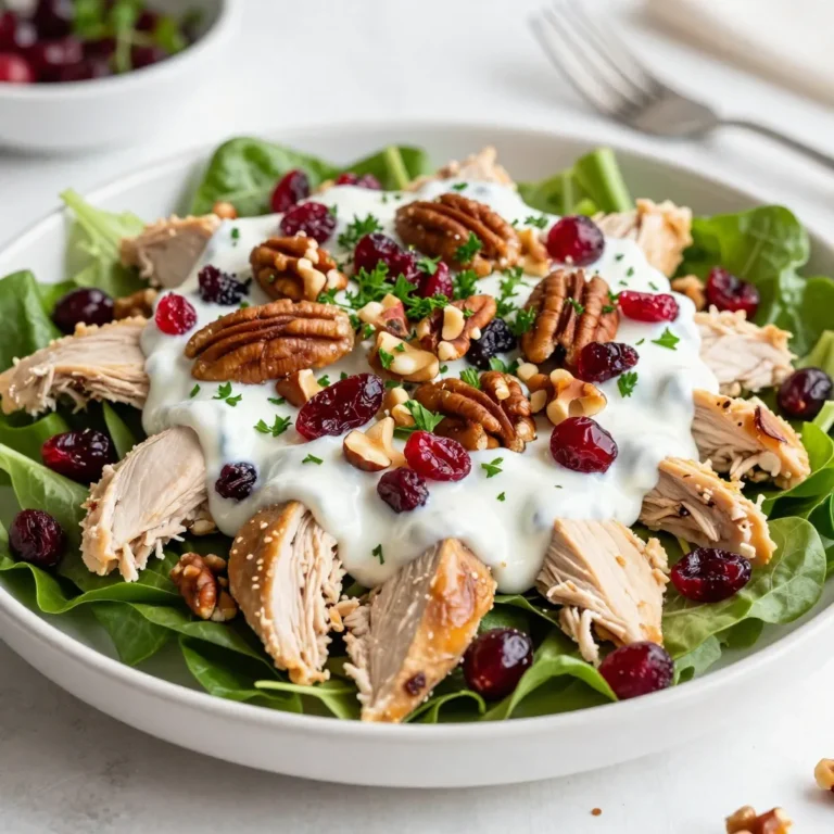 To make a tasty cranberry pecan chicken salad, gather these items: - 2 cups cooked chicken breast, shredded or diced - 1/2 cup dried cranberries - 1/3 cup pecans, roughly chopped - 1/4 cup celery, finely diced - 1/4 cup red onion, finely chopped - 1/2 cup Greek yogurt (or mayonnaise for a richer flavor) - 1 tablespoon honey - 1 tablespoon Dijon mustard - Salt and pepper to taste - 1 tablespoon fresh parsley, chopped (optional, for garnish) These ingredients blend well. The chicken offers protein, while cranberries add sweetness. Pecans bring crunch, and celery plus onion give fresh flavors. You can swap some ingredients for different flavors or dietary needs: - Chicken: Use rotisserie chicken for a quick option. You can also try canned chicken. - Greek yogurt: Mayonnaise works well for a creamier taste. You can also use a vegan yogurt for a dairy-free option. - Honey: Maple syrup can replace honey for a vegan choice. - Nuts: Almonds or walnuts can work instead of pecans. - Celery and onion: Try bell peppers or cucumbers for a different crunch. These swaps keep the salad exciting and flexible for your taste. Understanding the nutrition helps you enjoy this dish more. Here’s a rough breakdown per serving: - Calories: Approximately 350-400 - Protein: About 30 grams - Fat: Roughly 20 grams - Carbohydrates: Around 15 grams - Fiber: About 3 grams - Sugar: Roughly 5 grams This salad packs protein and healthy fats. The fiber from the cranberries and celery adds a nice touch too. Enjoy it guilt-free as part of a balanced meal! {{ingredient_image_1}} Start by gathering all your ingredients. You will need: - 2 cups cooked chicken breast, shredded or diced - 1/2 cup dried cranberries - 1/3 cup pecans, roughly chopped - 1/4 cup celery, finely diced - 1/4 cup red onion, finely chopped - 1/2 cup Greek yogurt (or mayonnaise) - 1 tablespoon honey - 1 tablespoon Dijon mustard - Salt and pepper to taste - 1 tablespoon fresh parsley, chopped (optional) In a large bowl, mix the chicken, cranberries, pecans, celery, and red onion. Make sure to mix well, so all the flavors blend. Use a separate bowl for the dressing. Whisk together Greek yogurt, honey, and Dijon mustard until smooth. Pour this over the chicken mix. Gently fold it in. The goal is to coat everything without breaking the chicken pieces. This keeps the texture nice and chunky. Chill the salad for at least 30 minutes. This lets the flavors come alive. When serving, give the salad a gentle stir. You can serve it on a bed of greens, in a sandwich, or in a wrap. For a nice touch, garnish with fresh parsley. The colors and textures will make your dish pop. Enjoy this tasty meal! To make your chicken salad great, start with good chicken. Use boneless, skinless chicken breasts. You can grill, bake, or boil the chicken. Boiling is quick and keeps the meat juicy. Cook the chicken until it reaches 165°F. Let it cool before shredding or dicing. This keeps it easy to mix with other ingredients. To boost flavor, add herbs like thyme or basil. Try using different nuts, like walnuts or almonds, for a crunch. A pinch of cayenne can add heat if you like spice. You can also mix in some chopped apples for sweetness. Fresh lemon juice brightens the dish. Don't be afraid to experiment with these additions. One common mistake is overcooking the chicken. This makes it dry and tough. Another mistake is skipping the chill time. Chilling helps the flavors blend well. Don’t forget to taste and adjust the salt and pepper. Too little seasoning can make the dish bland. Lastly, avoid using too much dressing. This can make the salad soggy. Pro Tips Use Rotisserie Chicken: For a quicker option, shredded rotisserie chicken works perfectly and adds extra flavor. Toast the Pecans: Lightly toasting the pecans enhances their flavor and adds a delightful crunch to the salad. Chill Before Serving: Allowing the salad to chill for at least 30 minutes helps the flavors meld together beautifully. Experiment with Add-ins: Feel free to add other ingredients like grapes, apples, or feta cheese for a unique twist on the classic recipe. {{image_2}} You can change up the protein in your cranberry pecan chicken salad. If you want to try something new, consider using turkey or rotisserie chicken. These options bring a similar taste but with a twist. For a unique flavor, try adding shredded pork or even deli meats like ham. Each choice gives a tasty spin to the salad. If you prefer a vegan or vegetarian option, you can replace the chicken with chickpeas or tofu. Chickpeas add a nice texture and protein. Tofu can absorb flavors well, making it a great choice. Use firm tofu, diced small, and sauté it lightly for extra flavor. You can also add avocado for creaminess. This keeps the salad rich and satisfying. Seasonal ingredients can elevate your salad. In summer, try adding fresh berries like strawberries or blueberries. They add a burst of flavor and color. In the fall, swap dried cranberries for fresh cranberries or even diced apples for crunch. You can also use nuts like walnuts or almonds based on what is fresh. Each season offers unique flavors to explore in your salad. To keep your cranberry pecan chicken salad fresh, use an airtight container. This helps prevent any unwanted odors from your fridge. Always make sure the salad is cooled before placing it in the container. Label the container with the date to track freshness. Cranberry pecan chicken salad lasts about three to four days in the fridge. After that, the ingredients may not taste as fresh. Always check for any signs of spoilage before you enjoy it. If the salad smells off or looks different, it’s best to toss it. You can freeze the chicken salad, but some ingredients may not hold up well. The texture of the celery and cranberries could change. If you still want to freeze it, store it in a freezer-safe container. Use it within two months for the best taste. To reheat, let it thaw in the fridge overnight. Enjoy your salad cold, as reheating may not work well with the yogurt or mayonnaise. You can use mayonnaise as a substitute for Greek yogurt. It gives a rich taste. You might also try sour cream for a tangy flavor. If you want a lighter option, try plain yogurt. Each choice will change the salad’s taste a bit. To make this salad low-carb, swap out the dried cranberries with fresh ones. Fresh cranberries have fewer carbs. You can also reduce the honey or skip it for less sugar. Lastly, use a low-carb dressing instead of Greek yogurt or mayonnaise. These changes keep the taste while cutting carbs. Yes, you can make this salad in advance. It tastes even better after chilling for a while. Prepare it a day ahead and store it in the fridge. Just remember to stir it gently before serving. Enjoy your meal! This blog post covers all you need to create a great salad. We looked at key ingredients, how to prepare and present them, and tips for perfect flavor. You learned about ingredient swaps and storage tips. Lastly, we answered frequently asked questions to keep your salad fresh and delicious. Remember, a great salad can be fun and easy to make. Feel free to try new proteins and flavor choices. Enjoy experimenting and make each salad your own!