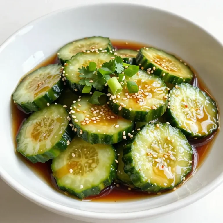 To make this tasty Asian cucumber salad, you will need: - 2 large English cucumbers - 1/4 cup rice vinegar - 2 tablespoons soy sauce or tamari - 1 tablespoon sesame oil - 1 tablespoon sugar or honey - 1 teaspoon ginger, grated - 1 fresh red chili, finely sliced (optional) - 2 green onions, chopped - 2 tablespoons sesame seeds, toasted - Fresh cilantro for garnish - Salt to taste You can switch out some ingredients based on what you have: - Use regular cucumbers if you can't find English ones. - Swap rice vinegar for apple cider vinegar for a different taste. - If you need it gluten-free, choose tamari instead of soy sauce. - Honey can replace sugar for a natural sweetener. - Skip the chili if you prefer no heat, or add more for spice. This salad is not just delicious; it's healthy too! Here’s a rough breakdown for one serving: - Calories: 80 - Protein: 2g - Carbohydrates: 10g - Dietary Fiber: 1g - Sugars: 3g - Fat: 4g This dish is fresh and light, making it a great choice for any meal. Enjoy! {{ingredient_image_1}} Start by washing the cucumbers well. This step ensures they are clean and fresh. Next, slice them into thin rounds. Aim for about 1/8 inch thick. If your cucumbers have many seeds, cut them in half lengthwise. Scoop out the seeds before slicing. This will help your salad stay crisp. Place the sliced cucumbers in a large mixing bowl. Sprinkle them with salt. Let them sit for about 15 minutes. This helps draw out extra moisture, making them crunchy and tasty. In a separate bowl, it’s time to mix the dressing. Combine the rice vinegar and soy sauce or tamari. Add sesame oil, sugar or honey, and grated ginger. If you like heat, include the finely sliced red chili. Stir until the sugar dissolves completely. This dressing brings all the flavors together. After 15 minutes, drain the cucumbers. Gently pat them dry with paper towels. This step makes sure your salad isn’t soggy. Toss the cucumbers in the dressing mixture. Make sure they are well coated. Now, add the chopped green onions and toasted sesame seeds. Toss gently to combine everything. Let the salad sit for at least 10 minutes. This waiting time allows the flavors to meld nicely. Serve the salad in a beautiful dish. Garnish with fresh cilantro for color and flavor. Enjoy your fresh and flavorful Asian cucumber salad! Pick firm, dark green cucumbers for the best taste. Look for cucumbers without soft spots. English cucumbers work great. They have fewer seeds and a thin skin. If you see wax on them, it’s okay. The wax helps keep them fresh. Always wash your cucumbers before slicing. You can boost flavor with fresh herbs. Mint or basil adds a nice kick. Try adding crushed garlic for a bold taste. A splash of lime juice can brighten the dish. For extra heat, use more chili. Experiment with different flavors to find what you love. Make this salad ahead of time for better taste. Letting it sit helps the flavors mix. I suggest chilling it for at least 30 minutes. You can prepare the cucumbers and dressing separately. Mix them just before serving to keep cucumbers crisp. Pro Tips Choose Fresh Cucumbers: Look for firm, dark green cucumbers with smooth skin. Fresh cucumbers will have a crisp texture, enhancing the salad's crunch. Adjust Seasoning to Taste: Taste the dressing before mixing it with the cucumbers. Feel free to adjust the sweetness or saltiness based on your preference. Let It Marinate: Allow the salad to sit for a bit after mixing to let the flavors meld together. This step is crucial for a more flavorful dish. Experiment with Add-ins: Consider adding other vegetables like bell peppers or radishes for extra crunch and color. You can also include proteins such as grilled chicken or tofu for a heartier salad. {{image_2}} You can easily add protein to this salad. Try adding grilled chicken, shrimp, or tofu. These options boost the flavors and make the dish more filling. Simply cook your chosen protein and slice it. Toss it with the cucumber salad right before serving. Chicken adds richness, while shrimp adds a sweet touch. Tofu is a great choice for a vegetarian option. If you want a vegetarian or vegan salad, there are easy swaps. Use maple syrup instead of honey to keep it plant-based. For protein, consider chickpeas, edamame, or nuts. These ingredients add texture and nutrients. You can also skip the sesame oil and use olive oil instead. This keeps it fresh and light while still tasting wonderful. Feel free to get creative with the dressing. You can try adding peanut butter for a nutty flavor. A splash of lime juice can brighten the taste even more. If you like a kick, add a dash of Sriracha or chili flakes. Experiment with different flavors to find your favorite. Each dressing will give the salad a new twist while keeping it refreshing. To keep your Asian cucumber salad fresh, store it in an airtight container. The coolness of the fridge helps maintain its crunch. Try to eat the salad within a few days for the best taste. If you notice any moisture buildup in the container, drain it to keep the cucumbers crispy. Freezing cucumber salad is not recommended. Cucumbers have high water content and will become mushy when thawed. For the best texture, always enjoy this salad fresh. If you have leftover dressing, you can freeze it for later use. When stored properly, the salad lasts about 3 days in the fridge. After that, the cucumbers may lose their crispness. If you want to enjoy it longer, consider making smaller batches. Enjoying it fresh will always bring out the best flavors! Yes, you can use other types of cucumbers. Persian cucumbers are a great option. They are small and crunchy, just like English cucumbers. You can also use regular garden cucumbers. If you do, remove the seeds and peel them for the best taste. To make the salad spicy, add fresh red chili. Slice it thinly and mix it in with the dressing. If you want more heat, try adding a dash of chili oil or a pinch of red pepper flakes. Adjust to your taste for the perfect kick. Yes, this recipe can be gluten-free. Use tamari instead of soy sauce. Tamari is a gluten-free soy sauce that works well. Always check labels for hidden gluten in other ingredients, like rice vinegar. This salad pairs well with grilled chicken or fish. It also complements rice dishes and stir-fries. You can serve it as a side dish at barbecues or picnics. For a light meal, enjoy it with some rice noodles or quinoa. This blog post covered how to make a tasty cucumber salad. We looked at the needed ingredients and substitutions, along with the nutrition facts. I shared simple steps for preparation and tips to enhance flavor. You can even switch up the recipe with different proteins or dressings. Remember to store it right, so it stays fresh. Try out the ideas in the FAQs for more fun variations. Now, you have all the tools to create a delicious salad that fits your taste!