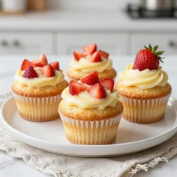 To make Strawberry Lemonade Cupcakes, you need simple and fresh ingredients. Here&rsquo;s the list: - 1 &frac12; cups all-purpose flour - 1 teaspoon baking powder - &frac12; teaspoon baking soda - &frac14; teaspoon salt - &frac12; cup unsalted butter, softened - 1 cup granulated sugar - 2 large eggs - 2 tablespoons lemon zest - 1 tablespoon lemon juice - &frac12; cup buttermilk - 1 cup fresh strawberries, diced - 1 cup powdered sugar (for frosting) - 2 tablespoons lemon juice (for frosting) - 1 tablespoon milk (for frosting) - Fresh strawberries, for garnish Each ingredient plays a key role. The flour gives structure. Baking powder and baking soda help the cupcakes rise. Salt enhances the flavor. Butter and sugar make the cupcakes moist and sweet. Eggs bind everything together. Lemon zest and juice add that bright, tangy flavor. Buttermilk keeps the cupcakes tender. Diced strawberries provide bursts of sweet fruit in each bite. The frosting is a simple mix of powdered sugar, lemon juice, and milk, creating a creamy topping. Finally, fresh strawberries on top make these cupcakes look beautiful and inviting. Using fresh ingredients makes a big difference in taste. Fresh strawberries add vibrant flavor. The lemon zest brings a natural aroma. When you gather these ingredients, you step closer to making delightful cupcakes that shine at any gathering. {{ingredient_image_1}} First, preheat your oven to 350&deg;F (175&deg;C). This helps your cupcakes bake evenly. Next, grab a cupcake pan and line it with paper liners. This keeps your cupcakes nice and neat. In a medium bowl, mix the dry ingredients. Combine 1 &frac12; cups of all-purpose flour, 1 teaspoon of baking powder, &frac12; teaspoon of baking soda, and &frac14; teaspoon of salt. Whisk them well to make sure they blend together. Set this bowl aside for later. In a large bowl, cream together &frac12; cup of softened unsalted butter and 1 cup of granulated sugar. You want to beat these together until the mixture looks light and fluffy. This step should take about 3-4 minutes. The air you mix in makes the cupcakes soft and airy. Once the butter and sugar are ready, add 2 large eggs, one at a time. Mix well after each addition. Then stir in 2 tablespoons of lemon zest and 1 tablespoon of lemon juice. This will give your cupcakes a bright flavor. Now, it's time to mix the wet and dry ingredients. Gradually add the dry mix to the butter mixture. Alternate this with &frac12; cup of buttermilk. Start and end with the dry ingredients. Mix until everything is just combined; don&rsquo;t overmix. Next, gently fold in 1 cup of diced fresh strawberries. Be careful not to break the strawberries too much. This adds a nice fruity burst to each bite. Now, divide the batter evenly among the cupcake liners. Fill each about two-thirds full. This helps them rise without overflowing. Bake in your preheated oven for 18-20 minutes. To check if they're done, insert a toothpick. If it comes out clean, they're ready! Let the cupcakes cool in the pan for about 5 minutes. After that, transfer them to a wire rack to cool completely. This step is key for the best texture! Using room temperature ingredients is key. It helps the butter mix well with sugar. This gives your cupcakes a light and airy texture. Take your eggs and butter out early. Let them sit for about 30 minutes before you start baking. Check for doneness with a toothpick. Insert it into the center of a cupcake. If it comes out clean, your cupcakes are done. If not, bake for a few more minutes. Keep an eye on them to avoid overbaking. For the frosting, you want a smooth and creamy texture. Mix the powdered sugar, lemon juice, and milk well. If it&rsquo;s too thick, add a little more milk. If it&rsquo;s too thin, add more powdered sugar. Use a piping bag for a nice finish. You can also use a knife if you prefer. Spread the frosting evenly across the top of each cupcake. This makes them look beautiful. Fresh strawberries make a great garnish. Slice them in half or leave them whole. Place one on top of each cupcake for a pop of color. You can also add a sprinkle of lemon zest for extra flair. This not only looks nice but adds a lovely flavor too. Pro Tips Use Fresh Ingredients: The fresher your strawberries and lemons, the more vibrant the flavor of your cupcakes will be. Always opt for in-season produce for the best taste. Don&rsquo;t Overmix the Batter: Gently fold in the diced strawberries to avoid tough cupcakes. Overmixing can lead to a dense texture, so mix just until combined. Cool Completely Before Frosting: Make sure your cupcakes are completely cooled before adding the frosting. This prevents the frosting from melting and losing its shape. Experiment with Flavors: Feel free to add a splash of vanilla extract to the batter for an extra layer of flavor. You can also try different fruits depending on your preference. {{image_2}} You can change the flavor of your cupcakes easily. Try adding other fruits like blueberries or raspberries. These fruits blend well with the lemon and add a fun twist. You may also use flavored extracts. Almond or vanilla extracts can give a sweet touch to your cupcakes. Just use a teaspoon or two for the best results. For gluten-free cupcakes, swap all-purpose flour with a gluten-free mix. This will keep the texture light and fluffy. If you want vegan cupcakes, replace the butter with coconut oil or vegan butter. Use flaxseed meal mixed with water instead of eggs. This allows your cupcakes to rise and stay moist. The frosting can be just as creative as the cupcakes. You can use cream cheese for a tangy twist. Simply mix it with powdered sugar and lemon juice. Whipped cream is another great option. It adds a light and airy feel. You can also add zest from a lime or orange for extra flavor! To keep your strawberry lemonade cupcakes fresh, store them in an airtight container. This helps prevent them from drying out. If it's hot or humid, place them in the fridge. You can store the cupcakes for up to three days at room temperature. If you have leftover frosting, keep it in a separate container in the fridge. This keeps the frosting nice and creamy. If you want to save cupcakes for later, freezing is a great option. First, let the cupcakes cool completely. Then, wrap each cupcake in plastic wrap tightly. Place them in a freezer-safe bag or container. They will stay fresh for up to three months. To thaw, take them out of the freezer and leave them at room temperature for a few hours. If you froze them with frosting, just let them sit for a while and enjoy! These delicious cupcakes can last for about three days at room temperature. They stay fresh longer in the fridge, lasting up to a week. Just remember to keep them in an airtight container. If you notice any changes in smell or texture, it&rsquo;s best to toss them. Always prioritize food safety! Can I use frozen strawberries? Yes, you can use frozen strawberries. Just thaw them first. Drain any excess liquid. This keeps your batter from getting too wet. Frozen strawberries work well in cupcakes. What can I substitute for buttermilk? If you don't have buttermilk, mix regular milk with vinegar or lemon juice. Use one tablespoon of vinegar or lemon juice per cup of milk. Let it sit for five minutes. This makes a great buttermilk substitute. How do you prevent cupcakes from sinking? To avoid sinking, mix your batter gently. Overmixing can add too much air. Make sure your oven is preheated. Baking at the right temperature helps too. You can also check that your leavening agents are fresh. Can you make the frosting in advance? Yes, you can make the frosting ahead of time. Store it in the fridge in an airtight container. Just let it sit at room temperature before using. This keeps it smooth and easy to spread. What drinks pair well with strawberry lemonade cupcakes? Lemonade is an obvious choice. I also love iced tea with a splash of lemon. Sparkling water with lemon can be refreshing too. These drinks enhance the bright flavors of the cupcakes. How to serve at parties or special occasions? Serve these cupcakes on a pretty platter. Add fresh strawberries on top for a cute look. You can also sprinkle some lemon zest for extra color. Arrange them nicely for a stunning display. In this post, we covered how to make Strawberry Lemonade Cupcakes from scratch. We discussed the ingredients, from flour to strawberries, and shared step-by-step instructions. I offered tips for baking and frosting to ensure great results. We even explored variations and storage options. These cupcakes are not just tasty; they are fun to make. Enjoy experimenting with flavors and sharing them at your next party. Happy baking, and may your cupcakes always rise to the occasion!