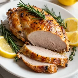 - 1 (4-5 pounds) boneless turkey breast, skin-on - 4 tablespoons olive oil - 2 tablespoons fresh rosemary, chopped - 2 tablespoons fresh thyme, chopped - 1 tablespoon fresh sage, chopped - 4 cloves garlic, minced - Zest of 1 lemon - Juice of 1 lemon - Salt and pepper to taste - 1 cup low-sodium chicken broth To make a tasty herb roasted turkey breast, you need a few key ingredients. Start with a boneless turkey breast. This cut is perfect for roasting. The skin keeps the meat juicy. You also need olive oil, which adds flavor and helps the herbs stick. Fresh herbs like rosemary, thyme, and sage bring a bright taste. Minced garlic adds depth. Lemon zest and juice brighten the dish. Don&rsquo;t forget salt and pepper to enhance all the flavors. Finally, chicken broth keeps the meat moist as it cooks. Fresh herbs make a big difference in flavor. I love using rosemary, thyme, and sage. Each herb has its own unique taste. - Rosemary: This herb has a strong, pine-like flavor. It pairs well with turkey. - Thyme: This herb is earthy and slightly sweet. It adds warmth to the dish. - Sage: This herb has a savory taste. It complements the turkey perfectly. When you chop these herbs, their aroma fills the kitchen. It makes your mouth water! Using fresh herbs is key for the best taste. You can add a few optional ingredients to take your turkey to the next level. - Onion: Add sliced onion to the roasting pan for extra flavor. - Carrots and Celery: These veggies add sweetness and texture. - Wine: A splash of white wine in the broth adds richness. These ingredients are not required, but they can enhance the flavor of your turkey. You can experiment with them based on your taste. Enjoy the process of creating your own special dish! {{ingredient_image_1}} Start by preheating your oven to 375&deg;F (190&deg;C). This step gets your oven ready for cooking. Take your turkey breast and place it on a clean cutting board. Pat it dry using paper towels. This helps the skin crisp up. Next, you need to loosen the skin from the meat. Use your fingers to create a pocket. Be careful not to tear the skin. This pocket is where we will add the herb mixture. In a small bowl, mix together the olive oil, chopped rosemary, thyme, sage, minced garlic, lemon zest, lemon juice, salt, and pepper. This fragrant herb mixture will give your turkey a wonderful flavor. Make sure all the ingredients blend well. When you have it ready, take half of this mixture and rub it under the skin of the turkey. Spread it evenly to cover the meat. Use the remaining mixture to rub all over the outside of the turkey breast. This adds flavor to every bite. Now, grab a roasting pan and pour in the chicken broth. This will keep the turkey moist while it cooks. Place a rack on top of the pan. Set the turkey breast on the rack, skin side up. This helps the heat circulate evenly. Put the turkey in the preheated oven. Roast it for about 1.5 to 2 hours. You want the internal temperature to reach 165&deg;F (74&deg;C). Halfway through, baste the turkey with the pan juices. This step adds even more flavor and keeps the turkey juicy. Once it's done, take the turkey out and cover it with aluminum foil. Let it rest for about 15-20 minutes. This resting time helps the juices settle before slicing. To cook a turkey breast just right, aim for an internal temperature of 165&deg;F. Use a meat thermometer to check this. Insert it into the thickest part of the breast, away from the bone. This ensures even cooking. If you don&rsquo;t have a thermometer, check the juices. They should run clear, not pink. Basting adds flavor and keeps the turkey moist. Halfway through cooking, open the oven and use a spoon to pour the pan juices over the turkey. This helps create a nice crust on the skin. Repeat this every 30 minutes for best results. If the skin gets too brown, cover it lightly with foil. Leftover turkey is great for many meals! Slice it for sandwiches or salads. You can also shred it for soups and casseroles. For a quick meal, mix it with some pasta and pesto. Freeze any leftovers in airtight bags for later use. This keeps your meals fresh and tasty! Pro Tips Resting Time: Allowing the turkey to rest after roasting helps the juices redistribute throughout the meat, ensuring a moist and flavorful turkey. Use a Meat Thermometer: To ensure perfect doneness, use a meat thermometer to check that the internal temperature reaches 165&deg;F (74&deg;C) in the thickest part of the turkey. Herb Variations: Feel free to experiment with different herbs like oregano or basil for a unique flavor profile that suits your taste. Homemade Gravy: Use the pan drippings to make a delicious homemade gravy by whisking in some flour and chicken broth for a rich sauce to accompany your turkey. {{image_2}} To add a bright twist, try using citrus. You can mix orange or lime juice with the herb mixture. The zest from these fruits adds a vibrant flavor. Just like with lemon, this will keep your turkey juicy and fresh. The sweet notes from orange or the tang from lime will enhance the herbs. Want a kick? Add some heat to your herb mix. You can include crushed red pepper flakes or cayenne pepper. Start with a small amount, as you can always add more. This spicy touch will create a bold flavor. It&rsquo;s a great way to surprise your guests. If you want to change it up, try different herbs. You can use parsley, oregano, or basil. Each herb brings its own unique flavor. Mixing herbs like dill or tarragon can also create a lovely profile. Just remember to balance the flavors. The key is to find a blend that suits your taste. After your meal, let the turkey cool. Wrap it in plastic wrap or foil. Place it in an airtight container. Store it in the fridge for up to four days. This keeps the meat fresh and tasty. To freeze leftover turkey, first slice it. Place the slices in freezer bags. Remove as much air as possible before sealing. Label the bags with the date. You can freeze it for up to three months. This way, you can enjoy it later without losing flavor. To reheat turkey, use the oven for best results. Preheat it to 325&deg;F (163&deg;C). Place the turkey in a baking dish. Add a splash of chicken broth to keep it moist. Cover with foil to prevent drying out. Heat for about 20-30 minutes or until warm. Enjoy the juicy flavors! The best cooking temperature for turkey breast is 165&deg;F (74&deg;C). This temperature keeps the meat juicy and safe to eat. Use a meat thermometer to check the temperature in the thickest part. Let your turkey rest for 15-20 minutes before slicing. This step allows the juices to settle. If you cut too soon, the juices will run out. Resting ensures each slice is full of flavor. Yes, you can use dried herbs instead of fresh herbs. Use about one-third the amount of dried herbs. Dried herbs are stronger in flavor, so adjust to your taste. Fresh herbs add brightness, but dried herbs work well in a pinch. Herb roasted turkey breast pairs well with several sides. Here are some ideas: - Mashed potatoes - Green beans - Roasted carrots - Stuffing - Cranberry sauce These sides complement the turkey&rsquo;s rich flavors and add color to your plate. You learned how to make a tasty herb roasted turkey breast. We covered key ingredients, steps, and helpful tips. I shared ways to add flavor and store leftovers too. Cooking turkey can be easy and fun with the right advice. Keep trying new flavors and techniques. Enjoy your meals and impress your guests with this simple, delicious dish. Happy cooking!