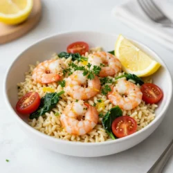 To make Lemon Garlic Orzo with Shrimp, you'll need: - 1 cup orzo pasta - 1 pound large shrimp, peeled and deveined - 3 tablespoons olive oil, divided - 4 cloves garlic, minced - Zest of 1 lemon - 1/4 cup freshly squeezed lemon juice - 1 cup cherry tomatoes, halved - 1 cup fresh spinach leaves - Salt and pepper to taste - 1/4 cup fresh parsley, chopped - 1/4 teaspoon red pepper flakes (optional) Using fresh ingredients makes a big difference. Fresh shrimp brings a sweet taste. Fresh garlic adds a strong aroma. Fresh lemon juice gives a bright zing. When you use fresh herbs like parsley or spinach, they add color and flavor. They help the dish come alive. You will taste the difference. Fresh ingredients make your meal not just good, but great. You can change some ingredients if you want. Here are a few options: - Instead of orzo, use quinoa or rice for a gluten-free option. - Frozen shrimp works well, just thaw it first. - If you don&rsquo;t have cherry tomatoes, any diced tomato will do. - Spinach can be swapped for kale or arugula. - You can leave out the red pepper flakes for a milder dish. These swaps can still give you a tasty meal. Don't be afraid to get creative! {{ingredient_image_1}} To start, you need a large pot. Fill it with water and add salt. Bring it to a boil. When the water boils, add 1 cup of orzo pasta. Cook it according to the package instructions. Usually, it takes around 8 to 10 minutes. You want it to be al dente, which means it should be firm but not hard. Once cooked, drain the orzo and set it aside. Next, let&rsquo;s cook the shrimp. Take a large skillet and heat 2 tablespoons of olive oil over medium heat. Once the oil is hot, add 4 cloves of minced garlic. Saut&eacute; the garlic for about 1 minute. It should smell great, but don&rsquo;t let it burn. Now, add 1 pound of peeled and deveined shrimp to the skillet. Season them with salt, pepper, and red pepper flakes if you like spice. Cook the shrimp for 2 to 3 minutes on each side. They should turn pink and opaque when done. Remove them from the skillet and set them aside. Now it&rsquo;s time to mix everything. In the same skillet, add the drained orzo. Then, add the zest of 1 lemon, 1/4 cup of lemon juice, and 1 cup of halved cherry tomatoes. Stir all of this together and let it cook for 2 to 3 minutes. The tomatoes should soften but not fall apart. After that, add 1 cup of fresh spinach leaves and the cooked shrimp back into the skillet. Toss everything together and cook for another 2 minutes. The spinach should wilt nicely. Finally, remove the skillet from heat and stir in 1/4 cup of chopped parsley. Taste and add more salt or pepper if needed. Enjoy your meal! To boost the lemon flavor, use fresh lemon juice and zest. The zest carries a strong, bright taste. You can also add more lemon juice if you like it tangy. Toss in a bit of lemon zest just before serving for a fresh burst. Another trick is to let the dish sit for a few minutes. This helps the flavors blend well together. Using the right tools can make cooking easier and more fun. Here are a few I recommend: - A large pot for boiling orzo. - A large skillet to cook shrimp and mix the ingredients. - A zester or grater for the lemon zest. - A good cutting board for chopping garlic and parsley. - A sharp knife for easy slicing. These tools help you work fast and keep your kitchen tidy. Even simple recipes can have pitfalls. Here are some mistakes to watch out for: - Overcooking the shrimp. They should be pink and opaque in just a few minutes. - Not salting the pasta water. This adds flavor to the orzo. - Skipping the fresh ingredients. Fresh garlic, tomatoes, and spinach are key to flavor. - Forgetting to taste as you go. Adjust salt and pepper to your liking. Keep these tips in mind, and your dish will shine! Pro Tips Fresh Ingredients: Always use fresh shrimp and vegetables for the best flavor and texture in your dish. Perfectly Cooked Shrimp: Cook shrimp just until they turn pink and opaque to avoid overcooking, which can make them rubbery. Lemon Zest Balance: Be generous with lemon zest; it enhances the dish's brightness and adds a fragrant aroma. One-Pan Wonder: For easy cleanup, try cooking everything in one skillet, allowing flavors to meld beautifully. {{image_2}} You can easily make this dish vegetarian. Just swap the shrimp for chickpeas. Use one can, drained and rinsed. Chickpeas add protein and a nice texture. They soak up the lemon and garlic flavors well. This option keeps the meal hearty and satisfying. Plus, it makes the dish friendly for vegetarians. If you need a gluten-free meal, try using quinoa or rice. Quinoa cooks quickly and has a nutty flavor. Use 1 cup of quinoa, rinsed. Cook it in two cups of water for about 15 minutes. If you prefer rice, use jasmine or basmati for a fragrant touch. Both options will blend well with the lemon and garlic. Feel free to get creative with flavors! You can add fresh herbs like basil or dill for a twist. A pinch of cumin or smoked paprika brings a warm depth. Fresh herbs brighten the dish, while spices add warmth. Adjust to your taste and enjoy a new spin on this classic dish! To store leftover Lemon Garlic Orzo with Shrimp, let it cool first. Place it in an airtight container. This helps keep the flavors fresh. Use a container that fits the amount you have. Avoid overfilling to prevent spilling when you close it. When reheating, use a skillet for best results. Add a splash of olive oil or water. Heat over medium-low heat. Stir often to warm evenly. You can also use the microwave. Cover the dish with a damp paper towel. This keeps the orzo moist and tasty. In the fridge, Lemon Garlic Orzo with Shrimp lasts about 3 days. Make sure to keep it sealed tight. If you freeze it, it can last up to 2 months. Just remember to thaw it in the fridge before reheating. This helps maintain its flavor and texture. Yes, you can use frozen shrimp! Just thaw them first. Place the shrimp in a bowl of cold water for about 15-20 minutes. This method helps them thaw quickly without cooking. After thawing, peel and devein them if needed. Then, follow the recipe as normal. Using frozen shrimp can be a great time-saver. Several side dishes go well with Lemon Garlic Orzo with Shrimp. Here are a few tasty options: - Garlic bread: It adds a nice crunch and flavor. - Steamed broccoli: This brings a healthy green element to your meal. - Mixed green salad: A simple salad with vinaigrette adds freshness. - Roasted asparagus: This side is light and complements the shrimp well. These sides enhance the meal and make it more filling. To add spice to your dish, consider these options: - Increase red pepper flakes: Use more than 1/4 teaspoon for a bolder kick. - Add jalape&ntilde;os: You can chop fresh jalape&ntilde;os and saut&eacute; them with garlic. - Use hot sauce: A dash of your favorite hot sauce can add heat. These simple tweaks can turn up the heat without changing the dish too much. Enjoy experimenting! Lemon Garlic Orzo with Shrimp is a tasty dish made with fresh ingredients. We explored each ingredient's role and how to cook everything perfectly. You learned tips to boost the lemon flavor and avoid common mistakes. Variations allow you to customize the dish, making it vegetarian or gluten-free. Proper storage keeps leftovers tasty for days. Overall, this recipe is simple and rewarding. Enjoy making it your own!