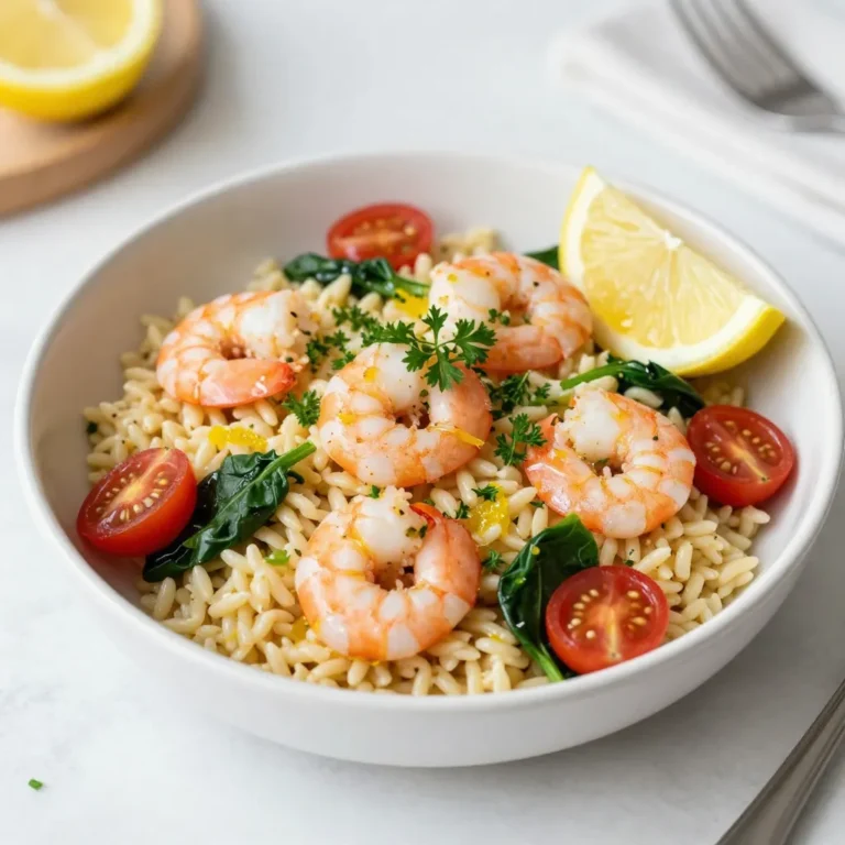 To make Lemon Garlic Orzo with Shrimp, you'll need: - 1 cup orzo pasta - 1 pound large shrimp, peeled and deveined - 3 tablespoons olive oil, divided - 4 cloves garlic, minced - Zest of 1 lemon - 1/4 cup freshly squeezed lemon juice - 1 cup cherry tomatoes, halved - 1 cup fresh spinach leaves - Salt and pepper to taste - 1/4 cup fresh parsley, chopped - 1/4 teaspoon red pepper flakes (optional) Using fresh ingredients makes a big difference. Fresh shrimp brings a sweet taste. Fresh garlic adds a strong aroma. Fresh lemon juice gives a bright zing. When you use fresh herbs like parsley or spinach, they add color and flavor. They help the dish come alive. You will taste the difference. Fresh ingredients make your meal not just good, but great. You can change some ingredients if you want. Here are a few options: - Instead of orzo, use quinoa or rice for a gluten-free option. - Frozen shrimp works well, just thaw it first. - If you don’t have cherry tomatoes, any diced tomato will do. - Spinach can be swapped for kale or arugula. - You can leave out the red pepper flakes for a milder dish. These swaps can still give you a tasty meal. Don't be afraid to get creative! {{ingredient_image_1}} To start, you need a large pot. Fill it with water and add salt. Bring it to a boil. When the water boils, add 1 cup of orzo pasta. Cook it according to the package instructions. Usually, it takes around 8 to 10 minutes. You want it to be al dente, which means it should be firm but not hard. Once cooked, drain the orzo and set it aside. Next, let’s cook the shrimp. Take a large skillet and heat 2 tablespoons of olive oil over medium heat. Once the oil is hot, add 4 cloves of minced garlic. Sauté the garlic for about 1 minute. It should smell great, but don’t let it burn. Now, add 1 pound of peeled and deveined shrimp to the skillet. Season them with salt, pepper, and red pepper flakes if you like spice. Cook the shrimp for 2 to 3 minutes on each side. They should turn pink and opaque when done. Remove them from the skillet and set them aside. Now it’s time to mix everything. In the same skillet, add the drained orzo. Then, add the zest of 1 lemon, 1/4 cup of lemon juice, and 1 cup of halved cherry tomatoes. Stir all of this together and let it cook for 2 to 3 minutes. The tomatoes should soften but not fall apart. After that, add 1 cup of fresh spinach leaves and the cooked shrimp back into the skillet. Toss everything together and cook for another 2 minutes. The spinach should wilt nicely. Finally, remove the skillet from heat and stir in 1/4 cup of chopped parsley. Taste and add more salt or pepper if needed. Enjoy your meal! To boost the lemon flavor, use fresh lemon juice and zest. The zest carries a strong, bright taste. You can also add more lemon juice if you like it tangy. Toss in a bit of lemon zest just before serving for a fresh burst. Another trick is to let the dish sit for a few minutes. This helps the flavors blend well together. Using the right tools can make cooking easier and more fun. Here are a few I recommend: - A large pot for boiling orzo. - A large skillet to cook shrimp and mix the ingredients. - A zester or grater for the lemon zest. - A good cutting board for chopping garlic and parsley. - A sharp knife for easy slicing. These tools help you work fast and keep your kitchen tidy. Even simple recipes can have pitfalls. Here are some mistakes to watch out for: - Overcooking the shrimp. They should be pink and opaque in just a few minutes. - Not salting the pasta water. This adds flavor to the orzo. - Skipping the fresh ingredients. Fresh garlic, tomatoes, and spinach are key to flavor. - Forgetting to taste as you go. Adjust salt and pepper to your liking. Keep these tips in mind, and your dish will shine! Pro Tips Fresh Ingredients: Always use fresh shrimp and vegetables for the best flavor and texture in your dish. Perfectly Cooked Shrimp: Cook shrimp just until they turn pink and opaque to avoid overcooking, which can make them rubbery. Lemon Zest Balance: Be generous with lemon zest; it enhances the dish's brightness and adds a fragrant aroma. One-Pan Wonder: For easy cleanup, try cooking everything in one skillet, allowing flavors to meld beautifully. {{image_2}} You can easily make this dish vegetarian. Just swap the shrimp for chickpeas. Use one can, drained and rinsed. Chickpeas add protein and a nice texture. They soak up the lemon and garlic flavors well. This option keeps the meal hearty and satisfying. Plus, it makes the dish friendly for vegetarians. If you need a gluten-free meal, try using quinoa or rice. Quinoa cooks quickly and has a nutty flavor. Use 1 cup of quinoa, rinsed. Cook it in two cups of water for about 15 minutes. If you prefer rice, use jasmine or basmati for a fragrant touch. Both options will blend well with the lemon and garlic. Feel free to get creative with flavors! You can add fresh herbs like basil or dill for a twist. A pinch of cumin or smoked paprika brings a warm depth. Fresh herbs brighten the dish, while spices add warmth. Adjust to your taste and enjoy a new spin on this classic dish! To store leftover Lemon Garlic Orzo with Shrimp, let it cool first. Place it in an airtight container. This helps keep the flavors fresh. Use a container that fits the amount you have. Avoid overfilling to prevent spilling when you close it. When reheating, use a skillet for best results. Add a splash of olive oil or water. Heat over medium-low heat. Stir often to warm evenly. You can also use the microwave. Cover the dish with a damp paper towel. This keeps the orzo moist and tasty. In the fridge, Lemon Garlic Orzo with Shrimp lasts about 3 days. Make sure to keep it sealed tight. If you freeze it, it can last up to 2 months. Just remember to thaw it in the fridge before reheating. This helps maintain its flavor and texture. Yes, you can use frozen shrimp! Just thaw them first. Place the shrimp in a bowl of cold water for about 15-20 minutes. This method helps them thaw quickly without cooking. After thawing, peel and devein them if needed. Then, follow the recipe as normal. Using frozen shrimp can be a great time-saver. Several side dishes go well with Lemon Garlic Orzo with Shrimp. Here are a few tasty options: - Garlic bread: It adds a nice crunch and flavor. - Steamed broccoli: This brings a healthy green element to your meal. - Mixed green salad: A simple salad with vinaigrette adds freshness. - Roasted asparagus: This side is light and complements the shrimp well. These sides enhance the meal and make it more filling. To add spice to your dish, consider these options: - Increase red pepper flakes: Use more than 1/4 teaspoon for a bolder kick. - Add jalapeños: You can chop fresh jalapeños and sauté them with garlic. - Use hot sauce: A dash of your favorite hot sauce can add heat. These simple tweaks can turn up the heat without changing the dish too much. Enjoy experimenting! Lemon Garlic Orzo with Shrimp is a tasty dish made with fresh ingredients. We explored each ingredient's role and how to cook everything perfectly. You learned tips to boost the lemon flavor and avoid common mistakes. Variations allow you to customize the dish, making it vegetarian or gluten-free. Proper storage keeps leftovers tasty for days. Overall, this recipe is simple and rewarding. Enjoy making it your own!