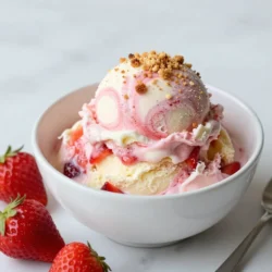 To make No-Churn Strawberry Cheesecake Ice Cream, gather these simple ingredients: - 2 cups fresh strawberries, hulled and sliced - 1/2 cup granulated sugar (divided) - 1 cup cream cheese, softened - 1 cup heavy cream - 1 teaspoon vanilla extract - 1/2 cup graham cracker crumbs - A pinch of salt These ingredients come together to create a creamy, fruity, and crunchy dessert. Fresh strawberries give a sweet and tangy flavor, while cream cheese adds richness. Heavy cream brings a smooth texture, and graham cracker crumbs offer a nice crunch. The sugar helps balance the flavors, while vanilla and salt enhance the overall taste. You can find most of these ingredients at your local grocery store. Using fresh strawberries is key, as they provide the best flavor. If you want, you can adjust the sugar to make it sweeter or less sweet, based on your taste. Feel free to get creative! You can swap the strawberries for other fruits like blueberries or peaches for a fun twist. Each change will make your ice cream unique. Now that you have the ingredients, let&rsquo;s move on to making this delightful treat! {{ingredient_image_1}} - First, take 2 cups of fresh strawberries and hull them. Slice them into small pieces. - In a medium bowl, combine the strawberries with 1/4 cup of granulated sugar. Mix them well. - Let the strawberries sit for about 15-20 minutes. This process is called macerating. It helps them release their juices and enhances their flavor. - After they have macerated, blend them until smooth using a blender or immersion blender. Set this strawberry puree aside for later. - In a large mixing bowl, take 1 cup of softened cream cheese. Beat it with an electric mixer until it is creamy and smooth. - Gradually add the remaining 1/4 cup of granulated sugar. Also, add 1 teaspoon of vanilla extract and a pinch of salt. Continue mixing until everything is well combined. - In another bowl, whip 1 cup of heavy cream until soft peaks form. Then, gently fold this whipped cream into the cream cheese mixture. This step adds lightness to your cheesecake base. - Take about 1 cup of the strawberry puree and gently fold it into the cheesecake base. Leave some streaks for a marbled look. - In a suitable container, layer half of the cheesecake mixture at the bottom. - Sprinkle half of the graham cracker crumbs on top. - Next, add half of the remaining strawberry puree. - Layer the second half of the cheesecake mixture over this. - Finish by sprinkling the rest of the graham cracker crumbs and drizzling the remaining strawberry puree on top. - Cover the container and freeze for at least 6 hours or until fully set. Enjoy your no-churn strawberry cheesecake ice cream! To get the best texture in your ice cream, you need to whip the cream properly. Whipping heavy cream adds air, making the ice cream light and fluffy. Beat it until soft peaks form, then fold it gently into the cream cheese mixture. This keeps the ice cream creamy and smooth. For marbling, use a gentle folding technique. Take about a cup of strawberry puree and fold it into the cheesecake base. Leave some streaks. This creates a beautiful swirl and enhances the flavor. To avoid ice crystals, ensure your mixture is smooth before freezing. An even freeze helps keep the texture creamy. Use a shallow container for freezing. This helps it freeze faster and more evenly. When serving your ice cream, use fun bowls or cones. This adds a playful touch. Top each scoop with fresh strawberries for color and flavor. A sprinkle of graham cracker crumbs adds a nice crunch. Consider using clear glass dishes. This lets the beautiful pink color shine through. You can also layer the ice cream in a tall glass. This makes a stunning dessert for guests. Pro Tips Choose Ripe Strawberries: Select fresh, ripe strawberries for the best flavor and sweetness in your ice cream. Chill Your Ingredients: Ensure your cream cheese and heavy cream are well chilled before mixing to achieve a smoother consistency. Don't Overmix: When folding in the whipped cream, be gentle to maintain the light and airy texture of the ice cream. Layering Technique: For a beautiful presentation, alternate the cheesecake mixture and strawberry puree in layers to create a striking marbled effect. {{image_2}} You can change the fruit in this recipe. Try using ripe peaches or blueberries. Each fruit gives a new taste. Blend them the same way as strawberries. You can also add chocolate. Swirl in some melted dark chocolate for a rich touch. Or, mix in a fudge ribbon to add a chocolate layer. These small tweaks can make this ice cream even more fun. If you want a dairy-free option, use coconut cream instead of heavy cream. Use dairy-free cream cheese too. This keeps the creamy texture while being friendly to those who avoid dairy. You can also reduce the sugar by using a sugar substitute. Choose options like stevia or erythritol. This way, you can enjoy a tasty treat with less sugar. To keep your no-churn strawberry cheesecake ice cream fresh, use the right containers. I recommend airtight containers. Glass or plastic containers work well. They help prevent ice crystals from forming. You can also use a loaf pan covered tightly with plastic wrap. Make sure it fits your ice cream snugly to minimize air exposure. You can store this ice cream for about 1 to 2 weeks. It stays tasty and creamy during this time. After that, it may lose its best flavor and texture. When you want to serve the ice cream, take it out of the freezer. Let it sit for about 5 to 10 minutes. This helps it soften slightly. This step makes it easier to scoop. If it's too hard, you may end up with a mess. If you have leftovers, you can re-freeze the ice cream. Just make sure to seal it tightly again. This will help keep the texture nice. Remember, each time you thaw and refreeze, it may lose some creaminess. So, try to enjoy it fresh when you can! Yes, you can use frozen strawberries. Just thaw them first. Drain excess liquid after thawing to avoid watery ice cream. This gives you a nice strawberry flavor. No graham crackers? No problem! You can use vanilla wafers or crushed cookies. They add a sweet crunch to your ice cream. You can also use oats for a healthy twist! Making this ice cream takes about 20 minutes of prep time. Afterward, it needs at least 6 hours in the freezer to set. Plan for a total of around 6 hours and 20 minutes to enjoy your treat. Yes, you can make this recipe without an electric mixer. Just use a sturdy whisk to mix the cream cheese. It takes more effort, but you can still achieve a smooth texture. For whipping cream, use a hand whisk or a jar to shake it up. This recipe for strawberry cheesecake ice cream combines fresh flavors for a perfect treat. You learned how to prepare strawberries, make a creamy base, and layer the ingredients. Plus, you now have tips for texture and presentation. Experiment with flavors and variations to suit your taste. Store your ice cream correctly for the best results. Use these steps to impress friends and family with your homemade treat! Enjoy every scoop of your delicious creation.