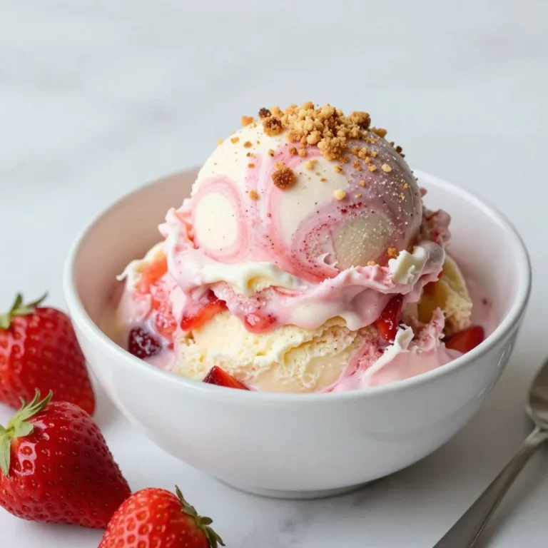 To make No-Churn Strawberry Cheesecake Ice Cream, gather these simple ingredients: - 2 cups fresh strawberries, hulled and sliced - 1/2 cup granulated sugar (divided) - 1 cup cream cheese, softened - 1 cup heavy cream - 1 teaspoon vanilla extract - 1/2 cup graham cracker crumbs - A pinch of salt These ingredients come together to create a creamy, fruity, and crunchy dessert. Fresh strawberries give a sweet and tangy flavor, while cream cheese adds richness. Heavy cream brings a smooth texture, and graham cracker crumbs offer a nice crunch. The sugar helps balance the flavors, while vanilla and salt enhance the overall taste. You can find most of these ingredients at your local grocery store. Using fresh strawberries is key, as they provide the best flavor. If you want, you can adjust the sugar to make it sweeter or less sweet, based on your taste. Feel free to get creative! You can swap the strawberries for other fruits like blueberries or peaches for a fun twist. Each change will make your ice cream unique. Now that you have the ingredients, let’s move on to making this delightful treat! {{ingredient_image_1}} - First, take 2 cups of fresh strawberries and hull them. Slice them into small pieces. - In a medium bowl, combine the strawberries with 1/4 cup of granulated sugar. Mix them well. - Let the strawberries sit for about 15-20 minutes. This process is called macerating. It helps them release their juices and enhances their flavor. - After they have macerated, blend them until smooth using a blender or immersion blender. Set this strawberry puree aside for later. - In a large mixing bowl, take 1 cup of softened cream cheese. Beat it with an electric mixer until it is creamy and smooth. - Gradually add the remaining 1/4 cup of granulated sugar. Also, add 1 teaspoon of vanilla extract and a pinch of salt. Continue mixing until everything is well combined. - In another bowl, whip 1 cup of heavy cream until soft peaks form. Then, gently fold this whipped cream into the cream cheese mixture. This step adds lightness to your cheesecake base. - Take about 1 cup of the strawberry puree and gently fold it into the cheesecake base. Leave some streaks for a marbled look. - In a suitable container, layer half of the cheesecake mixture at the bottom. - Sprinkle half of the graham cracker crumbs on top. - Next, add half of the remaining strawberry puree. - Layer the second half of the cheesecake mixture over this. - Finish by sprinkling the rest of the graham cracker crumbs and drizzling the remaining strawberry puree on top. - Cover the container and freeze for at least 6 hours or until fully set. Enjoy your no-churn strawberry cheesecake ice cream! To get the best texture in your ice cream, you need to whip the cream properly. Whipping heavy cream adds air, making the ice cream light and fluffy. Beat it until soft peaks form, then fold it gently into the cream cheese mixture. This keeps the ice cream creamy and smooth. For marbling, use a gentle folding technique. Take about a cup of strawberry puree and fold it into the cheesecake base. Leave some streaks. This creates a beautiful swirl and enhances the flavor. To avoid ice crystals, ensure your mixture is smooth before freezing. An even freeze helps keep the texture creamy. Use a shallow container for freezing. This helps it freeze faster and more evenly. When serving your ice cream, use fun bowls or cones. This adds a playful touch. Top each scoop with fresh strawberries for color and flavor. A sprinkle of graham cracker crumbs adds a nice crunch. Consider using clear glass dishes. This lets the beautiful pink color shine through. You can also layer the ice cream in a tall glass. This makes a stunning dessert for guests. Pro Tips Choose Ripe Strawberries: Select fresh, ripe strawberries for the best flavor and sweetness in your ice cream. Chill Your Ingredients: Ensure your cream cheese and heavy cream are well chilled before mixing to achieve a smoother consistency. Don't Overmix: When folding in the whipped cream, be gentle to maintain the light and airy texture of the ice cream. Layering Technique: For a beautiful presentation, alternate the cheesecake mixture and strawberry puree in layers to create a striking marbled effect. {{image_2}} You can change the fruit in this recipe. Try using ripe peaches or blueberries. Each fruit gives a new taste. Blend them the same way as strawberries. You can also add chocolate. Swirl in some melted dark chocolate for a rich touch. Or, mix in a fudge ribbon to add a chocolate layer. These small tweaks can make this ice cream even more fun. If you want a dairy-free option, use coconut cream instead of heavy cream. Use dairy-free cream cheese too. This keeps the creamy texture while being friendly to those who avoid dairy. You can also reduce the sugar by using a sugar substitute. Choose options like stevia or erythritol. This way, you can enjoy a tasty treat with less sugar. To keep your no-churn strawberry cheesecake ice cream fresh, use the right containers. I recommend airtight containers. Glass or plastic containers work well. They help prevent ice crystals from forming. You can also use a loaf pan covered tightly with plastic wrap. Make sure it fits your ice cream snugly to minimize air exposure. You can store this ice cream for about 1 to 2 weeks. It stays tasty and creamy during this time. After that, it may lose its best flavor and texture. When you want to serve the ice cream, take it out of the freezer. Let it sit for about 5 to 10 minutes. This helps it soften slightly. This step makes it easier to scoop. If it's too hard, you may end up with a mess. If you have leftovers, you can re-freeze the ice cream. Just make sure to seal it tightly again. This will help keep the texture nice. Remember, each time you thaw and refreeze, it may lose some creaminess. So, try to enjoy it fresh when you can! Yes, you can use frozen strawberries. Just thaw them first. Drain excess liquid after thawing to avoid watery ice cream. This gives you a nice strawberry flavor. No graham crackers? No problem! You can use vanilla wafers or crushed cookies. They add a sweet crunch to your ice cream. You can also use oats for a healthy twist! Making this ice cream takes about 20 minutes of prep time. Afterward, it needs at least 6 hours in the freezer to set. Plan for a total of around 6 hours and 20 minutes to enjoy your treat. Yes, you can make this recipe without an electric mixer. Just use a sturdy whisk to mix the cream cheese. It takes more effort, but you can still achieve a smooth texture. For whipping cream, use a hand whisk or a jar to shake it up. This recipe for strawberry cheesecake ice cream combines fresh flavors for a perfect treat. You learned how to prepare strawberries, make a creamy base, and layer the ingredients. Plus, you now have tips for texture and presentation. Experiment with flavors and variations to suit your taste. Store your ice cream correctly for the best results. Use these steps to impress friends and family with your homemade treat! Enjoy every scoop of your delicious creation.