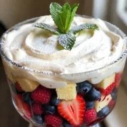 For a Summer Berry Trifle, I love using a mix of strawberries, blueberries, and raspberries. These berries bring color and taste to the dish. Fresh berries are best, but frozen berries work too. Just make sure to thaw them before use. If you use frozen berries, they might be softer. So, they may look less pretty, but they still taste great. The cream mixture is key to a rich trifle. I use 1 cup of heavy whipping cream for a nice, thick texture. Add in 1/2 cup of powdered sugar and 1 teaspoon of vanilla extract. This blend makes a sweet and smooth cream. Whipping the cream until it forms stiff peaks is crucial. This step gives your trifle a light and airy feel. For the cake, you can choose between store-bought or homemade vanilla sponge cake. A store-bought cake saves time, but a homemade cake adds a personal touch. Cut the cake into cubes for easy layering. When it comes to yogurt, I recommend plain vanilla yogurt. It complements the sweetness of the cream and berries well. {{ingredient_image_1}} To make the cream for your trifle, first, you need to whip it well. Stiff peaks are key. Stiff peaks mean that your cream holds its shape well. This makes your trifle look great and taste amazing. Here’s how to achieve that: - Use cold heavy whipping cream. Cold cream whips better. - Start on low speed to mix in powdered sugar and vanilla extract. - Gradually increase the speed until the cream thickens. - Stop when you see stiff peaks. If you whip too long, your cream can turn into butter. Keep an eye on it! The order of layers in your trifle matters. It helps build flavor and texture. Here’s the best way to layer: 1. Start with sponge cake cubes at the bottom. This is your base. 2. Next, add a layer of yogurt. Spread it evenly. 3. Follow with a layer of berries. Mix different berries for color. 4. Then, add half of your whipped cream. Spread it smoothly. Repeat these layers. Finish with whipped cream on top. This creates a beautiful look. For even distribution, use a spatula when spreading. Make sure each layer is nice and even. This helps every bite taste great. Chilling your trifle is important. It lets the flavors blend together. Plus, it helps the cake soak up moisture. For best results, chill it for at least 2 hours. If you have time, chilling it longer is even better. This gives the trifle a nice, firm texture. Cover it with plastic wrap before placing it in the fridge. This keeps it fresh and ready to serve. Choose a clear glass dish to show off the layers. It makes the trifle look fancy. A trifle bowl is perfect for this. You can use a large spoon to scoop out the layers. This way, everyone sees the colors as you serve. To add a touch of flair, use fresh mint leaves as a garnish. They give a pop of green and a fresh scent. You can also scatter some extra berries on top. This adds a lovely look and taste. Yes, you can prepare the trifle in advance! This dessert tastes even better after chilling. Make it a day ahead for best flavor. Just remember to cover it tightly with plastic wrap. For storage, keep the trifle in the fridge. It stays fresh for up to three days. If you see any signs of spoilage, like changes in texture or smell, it's time to toss it. To keep the cake from getting soggy, layer carefully. Add the sponge cake first. This helps soak up some moisture without falling apart. Balancing the flavors is key too. Use a mix of sweet berries with tangy yogurt. This gives a nice contrast that keeps each bite interesting. A bit of sweetness from the cream also helps. Pro Tips Fresh Berries: Always use the freshest berries available for the best flavor and texture. Look for vibrant colors and firm fruit. Layering Technique: For a beautiful presentation, ensure each layer is evenly distributed and visible. Use a clear glass dish to showcase the layers. Chilling Time: Allow the trifle to chill for at least 2 hours to let the flavors meld and the sponge cake to absorb moisture for a softer texture. Garnish Wisely: When garnishing, use fresh mint leaves and a few extra berries for a pop of color. This enhances both the look and taste of the trifle. {{image_2}} To make your trifle fit special diets, you can easily adjust the recipe. - Gluten-free sponge cake option: Use gluten-free cake mix or almond flour for the sponge. This keeps the trifle light and fluffy without the gluten. - Dairy-free cream alternatives: Swap heavy cream for coconut cream or a dairy-free whipped topping. This still gives you that creamy texture while keeping it dairy-free. Adding new flavors can lift your trifle to a new level. - Incorporating citrus flavors: A splash of lemon or orange zest in the cream adds a bright note. It enhances the fresh berries beautifully. - Other fruit options: Try peaches, kiwi, or mango. Mix them in with your berries for extra flavor and color. They can create a fun twist on the classic summer berry trifle. You can change the trifle's look and taste for different seasons or events. - Seasonal adaptations: Use fall fruits like apples and pears in autumn. For winter, consider pomegranate seeds or citrus fruits. Each season can inspire a new version of the trifle. - Holiday-themed variations: For Christmas, add crushed peppermint to the cream. In summer, focus on bright fruits and fresh herbs for a festive touch. These themes make each trifle a special treat. You can store summer berry trifle in the fridge for up to three days. Keep it covered to avoid drying out. Look for signs of spoilage. If the berries turn mushy or the cream separates, it’s time to toss it. I do not recommend freezing summer berry trifle. The cream and berries do not freeze well. If you must freeze it, layer the sponge cake and yogurt only. Freeze these layers separately. Thaw them in the fridge overnight before serving. Leftover trifle is a treat! You can layer it into parfaits for a fun twist. Use it in smoothies for a sweet, creamy drink. You can even mix it into pancakes or waffles for a berry boost. A Summer Berry Trifle is a layered dessert. It combines cake, cream, and fresh berries. You start with cubes of vanilla sponge cake. Then, you add layers of yogurt and mixed berries. Finally, you finish with whipped cream on top. This dessert is colorful and refreshing. It’s perfect for hot days. Yes, you can use frozen berries. They are great when fresh ones are not in season. Frozen berries are often picked at their peak. They can be just as tasty as fresh. However, they may release more juice. This can make the layers a bit soggy. If you use frozen berries, thaw and drain them first. This step helps keep the trifle from getting too wet. To make a vegan trifle, you need substitutes. For whipped cream, use coconut cream or a vegan whipped topping. For yogurt, look for almond or soy yogurt. Both options work well in this dessert. Make sure to check the labels for added sugars. This way, you can keep the flavors balanced. Yes, you can swap out the vanilla sponge cake. Lemon or chocolate cake can add a fun twist. You can also consider using angel food cake for a lighter option. Just keep in mind that each flavor will change the taste. Choose a cake that pairs well with your berry mix. This way, you create a dessert that everyone will love. In this article, we explored how to create a delicious summer berry trifle. You learned about choosing the right berries, perfecting the cream mixture, and selecting sponge cake and yogurt. We covered step-by-step instructions for preparing, layering, and chilling your trifle. Tips on presentation and storage helped ensure your dessert stays fresh and appealing. In my experience, a well-made trifle is not just a treat; it's a showstopper. Enjoy experimenting with flavors and variations, and share this delightful dessert with friends and family!