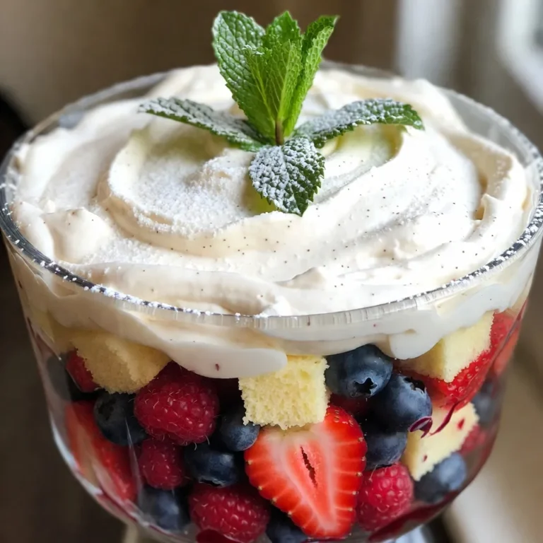 For a Summer Berry Trifle, I love using a mix of strawberries, blueberries, and raspberries. These berries bring color and taste to the dish. Fresh berries are best, but frozen berries work too. Just make sure to thaw them before use. If you use frozen berries, they might be softer. So, they may look less pretty, but they still taste great. The cream mixture is key to a rich trifle. I use 1 cup of heavy whipping cream for a nice, thick texture. Add in 1/2 cup of powdered sugar and 1 teaspoon of vanilla extract. This blend makes a sweet and smooth cream. Whipping the cream until it forms stiff peaks is crucial. This step gives your trifle a light and airy feel. For the cake, you can choose between store-bought or homemade vanilla sponge cake. A store-bought cake saves time, but a homemade cake adds a personal touch. Cut the cake into cubes for easy layering. When it comes to yogurt, I recommend plain vanilla yogurt. It complements the sweetness of the cream and berries well. {{ingredient_image_1}} To make the cream for your trifle, first, you need to whip it well. Stiff peaks are key. Stiff peaks mean that your cream holds its shape well. This makes your trifle look great and taste amazing. Here’s how to achieve that: - Use cold heavy whipping cream. Cold cream whips better. - Start on low speed to mix in powdered sugar and vanilla extract. - Gradually increase the speed until the cream thickens. - Stop when you see stiff peaks. If you whip too long, your cream can turn into butter. Keep an eye on it! The order of layers in your trifle matters. It helps build flavor and texture. Here’s the best way to layer: 1. Start with sponge cake cubes at the bottom. This is your base. 2. Next, add a layer of yogurt. Spread it evenly. 3. Follow with a layer of berries. Mix different berries for color. 4. Then, add half of your whipped cream. Spread it smoothly. Repeat these layers. Finish with whipped cream on top. This creates a beautiful look. For even distribution, use a spatula when spreading. Make sure each layer is nice and even. This helps every bite taste great. Chilling your trifle is important. It lets the flavors blend together. Plus, it helps the cake soak up moisture. For best results, chill it for at least 2 hours. If you have time, chilling it longer is even better. This gives the trifle a nice, firm texture. Cover it with plastic wrap before placing it in the fridge. This keeps it fresh and ready to serve. Choose a clear glass dish to show off the layers. It makes the trifle look fancy. A trifle bowl is perfect for this. You can use a large spoon to scoop out the layers. This way, everyone sees the colors as you serve. To add a touch of flair, use fresh mint leaves as a garnish. They give a pop of green and a fresh scent. You can also scatter some extra berries on top. This adds a lovely look and taste. Yes, you can prepare the trifle in advance! This dessert tastes even better after chilling. Make it a day ahead for best flavor. Just remember to cover it tightly with plastic wrap. For storage, keep the trifle in the fridge. It stays fresh for up to three days. If you see any signs of spoilage, like changes in texture or smell, it's time to toss it. To keep the cake from getting soggy, layer carefully. Add the sponge cake first. This helps soak up some moisture without falling apart. Balancing the flavors is key too. Use a mix of sweet berries with tangy yogurt. This gives a nice contrast that keeps each bite interesting. A bit of sweetness from the cream also helps. Pro Tips Fresh Berries: Always use the freshest berries available for the best flavor and texture. Look for vibrant colors and firm fruit. Layering Technique: For a beautiful presentation, ensure each layer is evenly distributed and visible. Use a clear glass dish to showcase the layers. Chilling Time: Allow the trifle to chill for at least 2 hours to let the flavors meld and the sponge cake to absorb moisture for a softer texture. Garnish Wisely: When garnishing, use fresh mint leaves and a few extra berries for a pop of color. This enhances both the look and taste of the trifle. {{image_2}} To make your trifle fit special diets, you can easily adjust the recipe. - Gluten-free sponge cake option: Use gluten-free cake mix or almond flour for the sponge. This keeps the trifle light and fluffy without the gluten. - Dairy-free cream alternatives: Swap heavy cream for coconut cream or a dairy-free whipped topping. This still gives you that creamy texture while keeping it dairy-free. Adding new flavors can lift your trifle to a new level. - Incorporating citrus flavors: A splash of lemon or orange zest in the cream adds a bright note. It enhances the fresh berries beautifully. - Other fruit options: Try peaches, kiwi, or mango. Mix them in with your berries for extra flavor and color. They can create a fun twist on the classic summer berry trifle. You can change the trifle's look and taste for different seasons or events. - Seasonal adaptations: Use fall fruits like apples and pears in autumn. For winter, consider pomegranate seeds or citrus fruits. Each season can inspire a new version of the trifle. - Holiday-themed variations: For Christmas, add crushed peppermint to the cream. In summer, focus on bright fruits and fresh herbs for a festive touch. These themes make each trifle a special treat. You can store summer berry trifle in the fridge for up to three days. Keep it covered to avoid drying out. Look for signs of spoilage. If the berries turn mushy or the cream separates, it’s time to toss it. I do not recommend freezing summer berry trifle. The cream and berries do not freeze well. If you must freeze it, layer the sponge cake and yogurt only. Freeze these layers separately. Thaw them in the fridge overnight before serving. Leftover trifle is a treat! You can layer it into parfaits for a fun twist. Use it in smoothies for a sweet, creamy drink. You can even mix it into pancakes or waffles for a berry boost. A Summer Berry Trifle is a layered dessert. It combines cake, cream, and fresh berries. You start with cubes of vanilla sponge cake. Then, you add layers of yogurt and mixed berries. Finally, you finish with whipped cream on top. This dessert is colorful and refreshing. It’s perfect for hot days. Yes, you can use frozen berries. They are great when fresh ones are not in season. Frozen berries are often picked at their peak. They can be just as tasty as fresh. However, they may release more juice. This can make the layers a bit soggy. If you use frozen berries, thaw and drain them first. This step helps keep the trifle from getting too wet. To make a vegan trifle, you need substitutes. For whipped cream, use coconut cream or a vegan whipped topping. For yogurt, look for almond or soy yogurt. Both options work well in this dessert. Make sure to check the labels for added sugars. This way, you can keep the flavors balanced. Yes, you can swap out the vanilla sponge cake. Lemon or chocolate cake can add a fun twist. You can also consider using angel food cake for a lighter option. Just keep in mind that each flavor will change the taste. Choose a cake that pairs well with your berry mix. This way, you create a dessert that everyone will love. In this article, we explored how to create a delicious summer berry trifle. You learned about choosing the right berries, perfecting the cream mixture, and selecting sponge cake and yogurt. We covered step-by-step instructions for preparing, layering, and chilling your trifle. Tips on presentation and storage helped ensure your dessert stays fresh and appealing. In my experience, a well-made trifle is not just a treat; it's a showstopper. Enjoy experimenting with flavors and variations, and share this delightful dessert with friends and family!