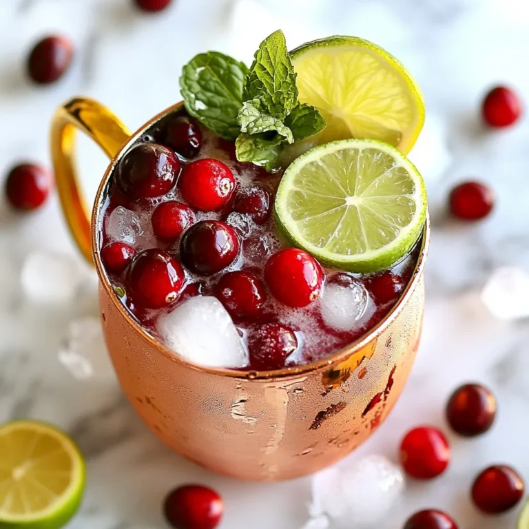To make a tasty Cranberry Moscow Mule, you'll need these simple ingredients: - 1 cup cranberry juice (unsweetened) - 1/2 cup sparkling water (or ginger ale for extra zest) - 1 tablespoon fresh lime juice - 1 tablespoon agave syrup (optional, for extra sweetness) - Ice cubes - Lime slices (for garnish) - Fresh cranberries (for garnish) - Mint leaves (for garnish) These ingredients work together to create a drink that is both refreshing and flavorful. The unsweetened cranberry juice gives a tart base. The sparkling water adds bubbles that tickle your tongue. Fresh lime juice brings a zesty kick, while agave syrup can sweeten, if you like. When you garnish with lime slices, cranberries, and mint leaves, it looks lovely, too. Each sip feels like a little celebration. This drink is great for hot days or special events. You can whip it up in just five minutes. Enjoy mixing these ingredients and make your own delicious mocktail! {{ingredient_image_1}} To make a Cranberry Moscow Mule, follow these easy steps. - Combine cranberry juice and lime juice. In a large glass or copper mug, add 1 cup of unsweetened cranberry juice. Squeeze in 1 tablespoon of fresh lime juice. Stir these two together well. - Add agave syrup for sweetness. If you like your drink sweeter, pour in 1 tablespoon of agave syrup. Mix until it dissolves completely. - Fill with ice cubes. Grab a handful of ice cubes and fill the glass or mug to chill the drink. - Pour sparkling water over ice. Slowly pour in 1/2 cup of sparkling water. This adds fizz and fun. - Stir to combine ingredients. Use a spoon to gently stir the drink. This helps blend the flavors without losing the bubbles. - Garnish and serve. For a pretty touch, add lime slices, fresh cranberries, and mint leaves on top. Your drink is now ready to enjoy! For the best experience, serve your Cranberry Moscow Mule in a copper mug. This keeps the drink cold and adds a fun flair. If you don’t have a copper mug, any tall glass works well. Garnishes can make your drink pop. You can use lime slices, fresh cranberries, or mint leaves. Try adding a sprig of rosemary for a unique twist. A cinnamon stick also adds a nice touch. You can prep this drink ahead for parties. Mix the cranberry juice, lime juice, and agave syrup in a pitcher. Keep it chilled in the fridge. Just before serving, add ice and sparkling water. This keeps the drink fizzy and fresh. If you want to serve a crowd, double or triple the recipe. Just make sure to adjust the amounts carefully. Everyone likes different levels of sweetness or tartness. If you want a sweeter drink, add more agave syrup. Start with a little and taste as you go. For a tarter drink, use more fresh lime juice. You can also swap out the sparkling water for ginger ale for extra flavor. Always taste your drink before serving to ensure it’s just right. Pro Tips Use Fresh Ingredients: Always opt for freshly squeezed lime juice and real cranberries for the best flavor and freshness in your mocktail. Chill Your Glass: For an extra refreshing experience, chill your glass or copper mug in the freezer for a few minutes before serving. Experiment with Flavors: Feel free to mix in other fruit juices like orange or pomegranate for a unique twist on the traditional Moscow Mule. Presentation Matters: Enhance your mocktail's visual appeal by using colorful garnishes and stylish glassware to impress your guests. {{image_2}} You can make your Cranberry Moscow Mule even fruitier. Try adding other fruit juices. Orange juice gives a bright taste. Apple juice adds a sweet touch. Mix them in with the cranberry juice for a fun twist. Just keep the same amount of cranberry juice. This way, you keep the drink balanced and tasty. Want to turn your mocktail into a cocktail? It’s easy! Just add vodka to your drink. Use about one ounce for a nice kick. Pour it in when you mix the cranberry and lime juices. This change gives your drink a fun, spirited vibe while keeping the refreshing taste. You can also change your drink with the seasons. In fall, add a splash of pear juice. In summer, try a hint of watermelon juice. Seasonal fruits can change the flavor a lot. This way, you can enjoy new tastes all year long. Each season brings its own fun and fresh flavors to your Cranberry Moscow Mule. Cranberries are more than just a tasty fruit. They are packed with antioxidants. These antioxidants help fight free radicals in our bodies. Free radicals can cause cell damage. Drinking cranberry juice may support heart health. It can also help your immune system stay strong. If you want a drink that is light, this is it. The Cranberry Moscow Mule is low in calories. It has far fewer calories than sugary cocktails. Many cocktails can have over 200 calories. This drink gives you flavor without the guilt. It is a great choice for those watching their weight. Staying hydrated is key to good health. This drink is refreshing and helps with hydration. The sparkling water adds a fun fizz. It makes the drink light and easy to enjoy. You can sip this drink on a hot day or at a party. The mix of flavors makes it even better for hydration. You can use honey or maple syrup instead of agave syrup. Both options add sweetness and flavor. If you want a sugar-free option, try stevia or a sugar substitute. Adjust the amount to fit your taste. Yes, you can use sweetened cranberry juice. Keep in mind that this will make your drink sweeter. You might want to cut back on the agave syrup to balance the flavors. Choose a juice that you enjoy for the best results. To make a batch, multiply the ingredients by the number of guests. Mix 1 cup of cranberry juice, 1/2 cup of sparkling water, and 1 tablespoon of lime juice per serving. Combine in a pitcher. Chill and serve over ice in individual glasses. Yes, you can use diet soda instead of sparkling water. Diet soda will add sweetness and flavor. However, it may change the drink's taste. Experiment to find the flavor you like best. This drink combines tasty ingredients and easy steps for a refreshing treat. You learned to mix cranberry juice, lime, and sparkling water for a quick refreshment. Remember to add the optional agave syrup if you enjoy sweetness. The drink can also fit your gatherings with simple tips for serving. Prefer a twist? Try fruity mixes or even a cocktail version. Enjoy the health perks of cranberries and keep hydrated. This drink is fun to share, and you'll impress your friends!