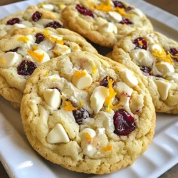 - 1 cup unsalted butter - 3/4 cup brown sugar, packed - 1/2 cup granulated sugar - 1 large egg - 1 teaspoon vanilla extract - 2 cups all-purpose flour - 1 teaspoon baking soda - 1/2 teaspoon salt - 1 cup white chocolate chips - 3/4 cup dried cranberries - Zest of 1 orange These ingredients make your cookies rich and flavorful. The unsalted butter gives the right creaminess. Brown sugar adds a deep, caramel-like taste, while granulated sugar adds sweetness. The egg binds everything together. Vanilla extract brings warmth and enhances flavors. All-purpose flour gives the cookies structure. Baking soda helps them rise and keeps them soft. Salt balances the sweetness. White chocolate chips add creaminess, while dried cranberries offer a tart bite. Finally, the zest of one orange brightens every bite with a fresh, citrus twist. - Nuts (e.g., macadamia or pecans) - Different types of chocolate - Coconut flakes Adding nuts gives a nice crunch. Macadamia or pecans work well. You can mix in other types of chocolate for a twist. Dark chocolate pairs nicely with cranberries. Coconut flakes add a chewy texture and a tropical taste. Feel free to customize these cookies to match your taste. The fun part is experimenting with what you love! {{ingredient_image_1}} 1. Preheat your oven to 350°F (175°C). Line two baking sheets with parchment paper. This step keeps your cookies from sticking and makes cleanup easy. 2. In a large bowl, cream together 1 cup of softened unsalted butter, 3/4 cup of brown sugar, and 1/2 cup of granulated sugar. Mix until the mixture is light and fluffy. This process adds air to your dough, making your cookies soft and chewy. 3. Beat in 1 large egg and 1 teaspoon of vanilla extract until well combined. The egg binds everything together, while the vanilla adds flavor. 1. In another bowl, whisk together 2 cups of all-purpose flour, 1 teaspoon of baking soda, and 1/2 teaspoon of salt. This step ensures even distribution of the leavening agent. 2. Gradually add the dry mix to the wet mixture, stirring until just combined. Be careful not to overmix; a few flour streaks are okay. 1. Fold in 1 cup of white chocolate chips, 3/4 cup of dried cranberries, and the zest of 1 orange. This gives your cookies bursts of flavor. 2. Using a cookie scoop or tablespoon, drop rounded balls of dough onto the prepared baking sheets. Space them about 2 inches apart. This space allows the cookies to spread while baking. 1. Bake in the preheated oven for 10-12 minutes. Look for lightly golden edges. The centers will look soft but will firm up as they cool. 2. Remove from the oven and let the cookies cool on the baking sheets for 5 minutes. Then transfer them to a wire rack to cool completely. This cooling step is key for perfect texture. To keep your cookies soft and chewy, do not overbake them. Bake until the edges are golden. The centers should look soft. They will firm up as they cool. Avoid overmixing the dough. Mix until just combined for the best texture. If you mix too much, your cookies can turn tough. For a stronger orange flavor, add more orange zest. Start with half a teaspoon more and taste it. If you want a light hint, use less zest. Try pairing these cookies with a glass of milk or hot tea. The creamy milk balances the sweetness. Tea adds a warming feel, perfect for cozy moments. Serve the cookies on a decorative platter. Sprinkle some extra orange zest on top for color. You can also stack them high for a fun display. To keep cookies fresh, store them in an airtight container. This helps maintain their soft texture. If you want to keep them longer, freeze them. Just thaw when you're ready to enjoy! Pro Tips Use Fresh Ingredients: Ensure your dried cranberries are fresh and plump for the best flavor and texture in your cookies. Chill the Dough: For thicker cookies, refrigerate the dough for at least 30 minutes before baking. This helps prevent spreading. Perfect Baking Time: Keep an eye on the cookies as they bake; they should look soft in the center. They will firm up while cooling. Experiment with Zest: Try adding lemon or lime zest in addition to orange for a unique twist on the flavor profile. {{image_2}} You can change up the flavors in these cookies. Here are two fun ideas: - Mint chocolate cranberry cookies: Add mint extract and dark chocolate chips. The mint gives a fresh taste. - Dark chocolate cranberry cookies: Swap white chocolate for dark chocolate. This makes a richer cookie with deep flavor. You can also make these cookies fit your diet: - Gluten-free option: Use almond flour or oat flour instead of regular flour. This keeps them tasty and safe for those who can't eat gluten. - Vegan version: Replace the egg with flaxseed meal mixed with water. This keeps the cookies moist and delicious without using eggs. These variations help you enjoy the cookies your way! To keep your white chocolate cranberry cookies fresh, use an airtight container. This helps them stay soft and chewy. Cookie jars are great for display but may not seal as well. If you live in a humid area, opt for the airtight option. For longer storage, you can freeze the cookies. First, let them cool completely. Then, place them in a freezer bag. Remove as much air as possible before sealing. They can stay fresh for up to three months in the freezer. When you're ready to enjoy, just thaw them at room temperature. At room temperature, these cookies last about five days. Make sure to keep them in an airtight container to maintain their freshness. If you notice any signs of spoilage, like a change in smell or texture, it’s best to toss them out. Keep an eye out for hard or dry cookies. They lose their chewy texture when stale. A fresh cookie should feel soft when you press it lightly. Enjoy your cookies while they're still at their best! Can I use fresh cranberries instead of dried? Yes, you can use fresh cranberries. Fresh cranberries are tart. To balance the flavor, add a bit more sugar to the dough. Chop them into smaller pieces to mix easily. What can I substitute for white chocolate chips? You can use milk chocolate or dark chocolate chips. If you want a fruity twist, try adding butterscotch chips. Just remember, these changes will alter the flavor. How do I ensure my cookies don’t spread too much? Chill the cookie dough for at least 30 minutes before baking. This helps keep the shape. Also, make sure your baking sheets are cool. Warm sheets can make cookies spread. What is the best way to soften butter quickly? Cut the butter into small cubes and place it in a bowl. Let it sit at room temperature for about 10-15 minutes. You can also microwave it for 5-10 seconds on low power. Can I double the recipe? If so, how? Yes, you can double the recipe easily. Just multiply all the ingredients by two. Make sure you have enough space on your baking sheets. You may need to bake in batches. What drinks pair well with these cookies? These cookies pair well with milk, tea, or coffee. A glass of orange juice also works great. The flavors complement each other nicely. Ideas for gifting cookies during holidays Wrap the cookies in festive boxes or bags. You can add a personal note or card. Consider including a recipe card so the recipient can make their own! You learned about the key ingredients and steps for making delicious cookies. I shared tips for keeping them soft and fresh. You also saw fun flavor variations and storage tips. Baking can be simple and enjoyable. Now, you have all the tools to create cookies that everyone will love. Get ready to impress your friends with your new skills! Happy baking!