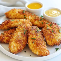 To make crispy air fryer chicken tenders, you need fresh and simple ingredients. Here’s what you will use: - 1 pound chicken tenderloins - 1 cup buttermilk - 1 teaspoon garlic powder - 1 teaspoon onion powder - 1 teaspoon paprika - 1 teaspoon salt - 1/2 teaspoon black pepper The marinade brings great taste. The buttermilk makes the chicken juicy and tender. The spices add flavor. Here’s what you mix: - Buttermilk - Garlic powder - Onion powder - Paprika - Salt - Black pepper The breading gives the chicken that crispy outside. You will need: - 1 cup all-purpose flour - 1 cup breadcrumbs (panko works best for crunch) - Cooking spray or olive oil spray These ingredients make tasty chicken tenders. Feel free to get creative with spices! You can add your favorites to the marinade or breading for extra flavor. {{ingredient_image_1}} Preparing the Buttermilk Mixture To make the buttermilk mixture, I use a large bowl. I combine 1 cup of buttermilk with 1 teaspoon of garlic powder, 1 teaspoon of onion powder, 1 teaspoon of paprika, 1 teaspoon of salt, and 1/2 teaspoon of black pepper. I mix these until smooth. This blend adds flavor and helps keep the chicken juicy. Time and Temperature Recommendations I let the chicken tenderloins sit in the buttermilk for at least 1 hour. For even more flavor, marinating overnight works great too. I always store it in the fridge. This keeps the chicken safe and allows the flavors to soak in. Creating a Breading Station Next, I set up my breading station. I get two shallow dishes. In one, I put 1 cup of all-purpose flour. In the other, I add 1 cup of breadcrumbs, preferably panko. Panko gives the chicken a nice crunch. Proper Technique for Coating Once marinated, I take the chicken out, letting excess buttermilk drip off. I dredge each tender in flour, shaking off the extra. Then, I dip it back into the buttermilk before coating it with breadcrumbs. I press the crumbs into the chicken to make sure they stick well. Preheating the Air Fryer I preheat my air fryer to 400°F (200°C) for about 5 minutes. This step is key for a crispy finish. Cooking Time and Temperature I spray the air fryer basket lightly with cooking spray. I place the chicken tenders in a single layer, ensuring they do not overlap. After that, I spray the tops of the chicken tenders with more cooking spray. I air fry them for 10-12 minutes. I flip them halfway through the cooking time. Achieving the Perfect Crisp I check that the chicken reaches an internal temperature of 165°F (75°C). The tenders should look golden brown and crispy. After cooking, I let them rest for a few minutes. This helps keep them juicy when I serve them. How Long to Marinate for Best Flavor For the best taste, marinate your chicken tenders for at least one hour. This allows the buttermilk to soak in. If you have the time, marinating overnight gives deeper flavor. Optional Seasonings to Enhance Taste You can add a pinch of cayenne pepper for heat or some dried herbs for extra flavor. Try thyme or oregano in the buttermilk mix. These small changes can make a big difference. Avoiding Soggy Tenders To keep your chicken tenders crispy, do not overcrowd the air fryer. Cook in batches if needed. This allows hot air to circulate properly and makes everything crisp. Cooking in Batches If you have many tenders, cook them in two or three rounds. Keep the first batch warm in the oven on low heat. This way, all your tenders stay hot and crispy. Ideal Dipping Sauces Serve your crispy chicken tenders with tasty sauces. Honey mustard, ranch, and BBQ sauce are all great choices. They add flavor and make eating fun. Garnishing for an Appealing Plate To make your dish look great, add fresh parsley. A sprinkle of parsley adds color and freshness. Serve the tenders on a nice platter for a beautiful meal. Pro Tips Marinate Longer for Flavor: For the best flavor, marinate the chicken tenders overnight. This allows the spices to penetrate deeply into the meat, resulting in a more flavorful bite. Use Panko Breadcrumbs: For extra crunch, opt for panko breadcrumbs instead of regular breadcrumbs. They create a light and crispy texture that elevates the chicken tenders. Don't Overcrowd the Basket: Make sure to place the chicken tenders in a single layer in the air fryer. Overcrowding can lead to uneven cooking and less crispy results. Check for Doneness: Use a meat thermometer to ensure the chicken reaches an internal temperature of 165°F (75°C). This guarantees that your tenders are both safe to eat and juicy. {{image_2}} You can switch up the spice blends for fun. Try using Cajun seasoning for a kick. Or go for Italian herbs like oregano and basil for a fresh taste. You can also mix in some lemon zest for a bright flavor. For the marinade, you can infuse different flavors. Add a splash of hot sauce for a spicy twist. You could also use honey for a sweet touch. Try adding some mustard for a tangy zing. If you want a gluten-free option, use almond flour instead of regular flour. It gives a nice nutty flavor. You can also try crushed cornflakes for a crunchy coating. Adding Parmesan cheese to your breadcrumbs makes a rich taste. Mix it with the breadcrumbs before coating the chicken. This adds a savory layer to the tenders. You can also use whole wheat breadcrumbs for a healthier choice. To keep your crispy chicken tenders fresh, follow these tips: - Best Practices for Refrigeration: Place the cooled chicken tenders in an airtight container. This helps prevent moisture loss. Store them in the fridge for up to 3 days. Make sure they are completely cool before sealing. - Reheating Tips for Maintaining Crispiness: When you're ready to enjoy leftovers, reheat them in the air fryer. Set the temperature to 350°F (175°C) for about 5-7 minutes. This method keeps them crispy and delicious. Avoid the microwave, as it can make them soggy. If you want to save some for later, freezing is a great option: - How to Freeze for Future Meals: Allow the chicken tenders to cool completely. Place them in a single layer on a baking sheet and freeze for about 1-2 hours. Once frozen, transfer them to a freezer-safe bag. Squeeze out any air before sealing. They can last for up to 3 months. - Thawing Methods: To thaw, place the frozen tenders in the fridge overnight. For a quicker method, you can use the microwave. Just be careful not to cook them. Once thawed, reheat them in the air fryer for best results. To check if your chicken tenders are done, use a meat thermometer. Insert it into the thickest part of the tender. The internal temperature should reach 165°F (75°C) for safety. If you don't have a thermometer, look for a golden brown color. The juices should run clear, not pink, when you cut into them. Yes, you can use frozen chicken tenders. However, you will need to adjust your cooking time. Frozen tenders may take 5 to 10 minutes longer to cook. Make sure they still reach the safe temperature of 165°F (75°C). You might need to check them a bit more often to avoid overcooking. To reheat leftover chicken tenders, use the air fryer or an oven. Preheat your air fryer to 350°F (175°C) and cook for about 5 to 7 minutes. This helps keep them crispy. If using an oven, set it to 375°F (190°C). Bake for 10 to 15 minutes. Always check that they heat evenly. In this blog post, I covered how to make delicious chicken tenders. We explored the key ingredients, marinating techniques, and step-by-step cooking in an air fryer. I shared tips to enhance flavor and presented ideas for serving. By following these guidelines, you can achieve crispy, tasty tenders that impress. Remember, experimenting with spices or coatings can make your dish unique. Enjoy your cooking and savor each bite.