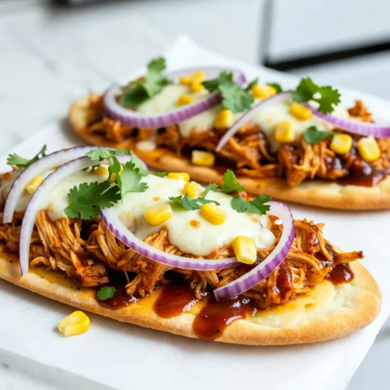 - Flatbreads and Chicken - 2 large flatbreads - 1 cup cooked chicken, shredded - BBQ Sauce and Cheese - 1/2 cup BBQ sauce - 1 cup shredded mozzarella cheese - Vegetables and Seasonings - 1/2 cup red onion, thinly sliced - 1/2 cup corn, drained (canned or frozen) - 1/4 cup fresh cilantro, chopped - 1 tablespoon olive oil - Salt and pepper to taste To make BBQ chicken flatbread pizza, gather these simple ingredients. The flatbreads serve as the base, giving a nice crunch. Shredded chicken adds protein and flavor. BBQ sauce brings a sweet and tangy taste that makes this dish special. Mozzarella cheese melts beautifully and ties everything together. Red onion adds a bite, and corn gives sweetness. Fresh cilantro brightens the dish, while olive oil helps crisp up the flatbreads. Don't forget the salt and pepper for seasoning! This mix of flavors keeps each bite exciting. With these ingredients, you set the stage for a fun and tasty pizza. The ease of preparation makes this dish perfect for any occasion. Enjoy the process of creating this tasty delight! {{ingredient_image_1}} Preheating the Oven First, set your oven to 400°F (200°C). This heat will make the flatbreads crispy and tasty. Preparing the BBQ Chicken Mixture In a bowl, take 1 cup of shredded chicken. Pour in 1/2 cup of BBQ sauce. Mix well until the chicken is fully coated. This gives the chicken a rich, smoky flavor. Assembling the Flatbreads Take 2 large flatbreads and brush 1 tablespoon of olive oil on top of each. This step adds crispiness. Spread the BBQ chicken evenly on the flatbreads, leaving a little space at the edges. Next, sprinkle 1 cup of shredded mozzarella cheese over the chicken. Add 1/2 cup of thinly sliced red onion and 1/2 cup of drained corn on top. Season everything with salt and pepper to taste. Baking Process Place the flatbreads on the oven rack or a baking sheet. Bake them for about 10 to 12 minutes. You want the cheese to melt and bubble, while the edges turn golden brown. Checking for Doneness After 10 to 12 minutes, check the flatbreads. The cheese should be bubbly, and the edges should look crispy. If they need more time, let them bake for a few more minutes. Enjoy the smell; it means your pizza is almost ready! Achieving Crispiness To get a crispy flatbread, brush olive oil on the surface. This helps the edges brown nicely. Preheating the oven to 400°F (200°C) is key. It cooks the flatbread evenly and quickly. Bake directly on the oven rack for the best crisp. Flavor Enhancements Mix BBQ sauce with shredded chicken well. This ensures each bite is full of flavor. Adding sliced red onion gives a nice crunch and sweetness. Corn adds a fun texture and sweetness too. A sprinkle of fresh cilantro at the end brightens the dish. Overloading Toppings Do not add too many toppings. This can make the flatbread soggy. Stick to a balance of chicken, cheese, and veggies. Less is more for a perfect bite. Incorrect Cooking Times Watch the clock while baking. Baking for about 10-12 minutes is ideal. Check for bubbly cheese and golden edges. Removing it too early can leave it undercooked. Overbaking can lead to a dry flatbread. Pro Tips Use Grilled Chicken: For added flavor, use grilled chicken instead of plain cooked chicken. The smoky taste complements the BBQ sauce beautifully. Experiment with Sauces: Feel free to try different BBQ sauces, such as spicy, sweet, or even a mustard-based sauce, to customize the flavor to your liking. Add Fresh Vegetables: Incorporate other fresh vegetables like bell peppers or jalapeños for an extra crunch and flavor boost. Use a Pizza Stone: If you have a pizza stone, preheat it in the oven before baking. This will help achieve a crispier crust. {{image_2}} You can make this BBQ chicken flatbread pizza your own. Start with alternative proteins. If you want, swap the chicken for shredded beef or pulled pork. You can even use tofu for a plant-based twist. Each protein brings its own flavor, so get creative! Next, think about different sauces or cheeses. While BBQ sauce is a classic, you might try ranch or buffalo sauce. For cheese, switch mozzarella for cheddar or gouda. Different cheeses add unique tastes and textures. Mix and match to find your favorite combo. Fresh vegetables can elevate your flatbread pizza. In spring, add asparagus or bell peppers. Summer is perfect for fresh tomatoes or zucchini. In autumn, consider roasted pumpkins or sweet potatoes. Winter calls for hearty greens like kale or spinach. Each season offers new flavors to enjoy. Incorporating herbs and spices also enhances the dish. Fresh basil adds a bright note, while thyme gives warmth. You can sprinkle red pepper flakes for heat or garlic powder for depth. These small changes can take your pizza to a whole new level! Refrigeration Guidelines Store any leftover BBQ chicken flatbread pizza in an airtight container. Keep it in the fridge for up to three days. Make sure to cool it to room temperature before sealing it. This helps keep the crust from getting soggy. Freezing Instructions To freeze, slice the pizza into portions. Wrap each slice in plastic wrap, then place them in a freezer bag. You can store it in the freezer for up to three months. When ready to eat, thaw it in the fridge overnight before reheating. Best Methods for Reheating The best way to reheat your flatbread pizza is in the oven. This keeps the crust crispy. You can also use a skillet on low heat. If you're in a hurry, a microwave works too, but it may make the crust soft. Duration and Temperature For oven reheating, set it to 375°F (190°C) and heat for about 10 minutes. For the skillet, heat for about 5-7 minutes. If using a microwave, heat for 1-2 minutes or until hot. Always check to make sure it’s heated through. Yes, you can prepare this pizza in advance. Prep and Cooking Timeline: 1. You can prep the flatbreads and toppings a few hours before cooking. 2. Mix the shredded chicken with BBQ sauce. 3. Store the chicken mix in the fridge. 4. Brush the flatbreads with olive oil and set them aside. 5. Assemble the pizza just before baking. 6. This way, you save time and enjoy a fresh meal. This pizza pairs nicely with many side dishes. Suggestions for Pairing: - A light salad with greens adds freshness. - Coleslaw brings a crunchy contrast. - Sweet potato fries offer a sweet touch. - Grilled vegetables complement the BBQ flavors. - Fruit salad provides a sweet balance. Absolutely! Store-bought BBQ sauce saves time. Recommendations for Store-Bought Options: - Look for sauces that are tangy and sweet. - Try brands like Sweet Baby Ray’s or Stubb’s. - Choose a sauce that matches your taste. - Check for lower sugar options for a healthier choice. You learned about making BBQ chicken flatbread pizza. We covered key ingredients like chicken, cheese, and vegetables. The step-by-step guide showed you how to prepare and bake the pizza. I shared tips for crispiness and common mistakes to prevent. We also explored fun variations and how to store leftovers. Remember, this dish is easy to customize. With your ideas and our tips, you can make something tasty. Enjoy your cooking and sharing this delicious meal!