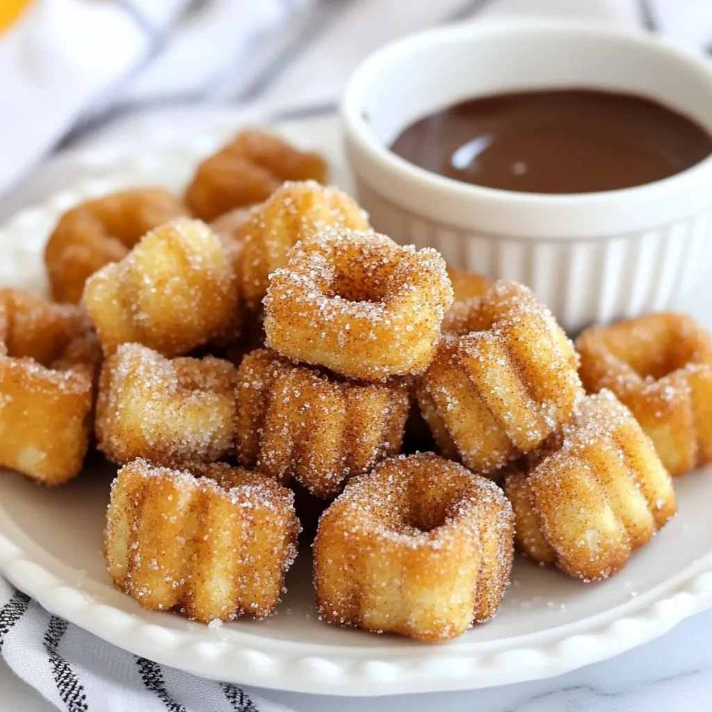 - 1 cup angel food cake mix - 1/2 cup water - 1/4 cup vegetable oil - 1 teaspoon vanilla extract - 1/2 cup granulated sugar - 1 teaspoon ground cinnamon - Oil for frying - Chocolate or caramel sauce for dipping (optional) When cooking, it’s key to use the right measurements. Here’s what you need: - 1 cup for the cake mix - 1/2 cup for the water - 1/4 cup for the oil - 1 teaspoon for vanilla extract and cinnamon - 1/2 cup for sugar Using accurate measurements helps the churro bites turn out just right. Quality matters in cooking. Here are some tips: - Angel food cake mix: Choose a brand with no artificial flavors for the best taste. - Water: Use clean, filtered water for the best results. - Vegetable oil: Pick a light oil, like canola, for frying. This keeps flavors pure. - Vanilla extract: Always go for pure vanilla, not imitation, for richer flavor. - Granulated sugar: Use fresh sugar to avoid clumps. - Ground cinnamon: Freshly ground cinnamon enhances the flavor. These simple choices can elevate your Angel Food Churro Bites to a new level. {{ingredient_image_1}} First, grab a mixing bowl. Add 1 cup of angel food cake mix. Pour in 1/2 cup of water. Next, add 1/4 cup of vegetable oil. Finally, mix in 1 teaspoon of vanilla extract. Stir everything together until it is smooth. This batter should be thick but pourable. Now, let’s heat the oil. Use a deep fryer or a large skillet. Pour enough oil to cover the bottom, about 2-3 inches deep. Heat the oil to 350°F (175°C). This temperature is key to making crispy churros. Use a thermometer for accuracy. Once the oil is hot, it’s time to fry. Take the batter and put it in a piping bag. You can also use a zip bag with a corner cut. Pipe small pieces of batter into the hot oil, about 1-2 inches long. Fry them in small batches. Cook each side for 2-3 minutes until golden brown. When the churro bites are ready, remove them from the oil. Use a slotted spoon to lift them out. Let them drain on a paper towel-lined plate. While they are warm, roll them in a mix of 1/2 cup granulated sugar and 1 teaspoon ground cinnamon. Coat them well for that sweet finish. Serve them right away! Frying can be tricky, but I have some tips. First, always check the oil temperature. The oil should be about 350°F (175°C). A kitchen thermometer helps a lot. If the oil is too cool, the churro bites will absorb too much oil. If it's too hot, they will burn. To ensure even cooking, fry the churro bites in small batches. This way, they have space to cook well. Turn them halfway through frying. This ensures they brown evenly. Keep an eye on them. They should take about 2-3 minutes to get golden brown. Serve the churro bites warm. They taste best right after frying. You can roll them in cinnamon sugar for extra flavor. For a fun twist, offer chocolate or caramel sauce for dipping. Kids and adults love this! You can also add some fresh fruit on the side for a colorful touch. Pro Tips Use a Candy Thermometer: To ensure your oil is at the right temperature (350°F), use a candy thermometer. This will help achieve perfectly crispy churro bites without overcooking them. Experiment with Flavors: Feel free to mix things up! Add a pinch of nutmeg or a dash of cocoa powder to the sugar mixture for an extra flavor twist. Don't Overcrowd the Pan: Fry churro bites in small batches to maintain the oil temperature. Overcrowding will lower the temperature, resulting in greasy churros. Serve Fresh: These churro bites are best enjoyed fresh and warm. If you need to make them ahead, reheat briefly in a hot oven for that crispy texture. {{image_2}} You can change the taste of your Angel Food Churro Bites easily. Try adding some zest to the batter. Citrus zest, like lemon or orange, gives a bright flavor. You can also mix in a teaspoon of almond extract for a nutty twist. For a chocolatey treat, add mini chocolate chips to the batter. These small changes can make your churro bites unique and fun. Dipping sauces can take your churro bites to the next level. While chocolate and caramel are classic choices, don’t stop there! You can try a creamy peanut butter sauce. It adds a rich, savory taste. A sweetened condensed milk dip is also a great option. For a fruity twist, a raspberry or strawberry sauce works well too. You can mix and match to find your favorite combo! Making these churro bites gluten-free is simple. Replace the angel food cake mix with a gluten-free cake mix. Check the label to ensure it is safe for your diet. The rest of the recipe stays the same. You can still enjoy all the yumminess without the gluten. This way, everyone can join in on the fun! To keep your Angel Food Churro Bites fresh, place them in an airtight container. Make sure they cool down before storing. You can stack them carefully to avoid crushing. They stay good in the fridge for up to three days. When you want to enjoy your leftovers, reheat them in an oven. Preheat your oven to 350°F (175°C). Place the churro bites on a baking sheet. Heat for about 5-7 minutes until they are warm again. This keeps them crisp outside and soft inside. If you want to save churro bites for later, freezing is a great option. First, let them cool completely. Then, place them in a single layer on a baking sheet. Freeze until firm, about an hour. After that, transfer them to a freezer bag. They can last for up to two months in the freezer. When you're ready to eat, thaw them in the fridge, then reheat in the oven. The best oil for frying is vegetable oil. It has a high smoke point, which helps prevent burning. You can also use canola oil or peanut oil. These oils give a nice flavor and work well for frying. You can prepare the batter in advance. Just store it in the fridge for up to a day. However, I recommend frying them fresh. They taste best right after cooking. If you need to, fry them ahead and reheat. Angel Food Churro Bites are not the healthiest treat. They are light, but frying adds calories. The sugar and cinnamon coating also adds sweetness. Enjoy them as an occasional treat, not as a daily snack. To make the batter thicker, add a little more angel food cake mix. Mix in small amounts until you reach the desired thickness. Be careful not to add too much, or it may not fry well. You learned about the ingredients and steps to make tasty churro bites. We covered tips for frying and how to serve them well. Don't forget the fun variations and how to store leftovers. These churro bites can delight your taste buds at any time. Enjoy making them and share them with friends and family for smiles all around. Happy frying!